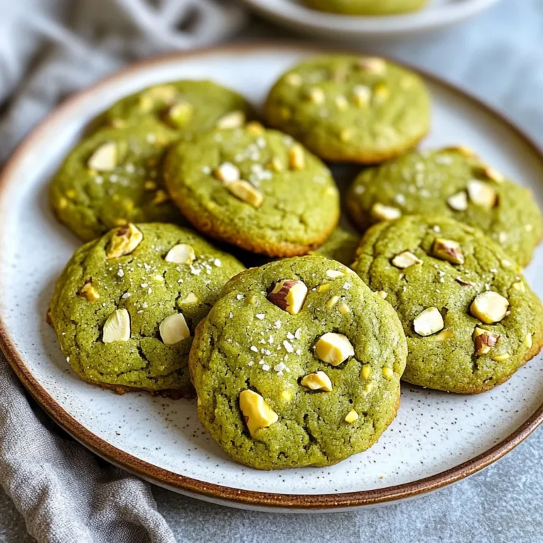 To make Matcha White Chocolate Cookies, you need these ingredients: - 1 ½ cups all-purpose flour - 1 teaspoon baking soda - ½ teaspoon salt - 2 tablespoons matcha powder - ½ cup unsalted butter, softened - ¾ cup brown sugar, packed - ¼ cup granulated sugar - 1 large egg - 1 teaspoon vanilla extract - 1 cup white chocolate chips - Optional: ¼ cup crushed pistachios for garnish These ingredients create a balance of sweet, creamy, and earthy flavors. The matcha adds a lovely green hue. If you need substitutions, here are some options: - Use coconut oil instead of butter for a dairy-free version. - Swap brown sugar with coconut sugar for a lower glycemic index. - Replace all-purpose flour with almond flour for a gluten-free option. - Try dark chocolate chips instead of white chocolate for a richer taste. - Use maple syrup instead of granulated sugar for natural sweetness. These swaps can change the taste and texture but keep them delicious. Explore these options based on your preferences! Matcha is not just tasty; it has health perks too: - Rich in antioxidants that help fight free radicals. - Boosts metabolism, which may help in weight management. - Contains L-theanine, which promotes calmness without drowsiness. - May enhance focus and alertness, great for studying or working. Using matcha in your cookies adds both flavor and nutrition. It’s a simple way to enjoy a health boost while indulging in a sweet treat! {{ingredient_image_1}} 1. Preheat the oven: Set it to 350°F (175°C). This helps your cookies bake evenly. 2. Prepare your baking sheet: Line it with parchment paper. This prevents cookies from sticking. 3. Mix dry ingredients: In a bowl, whisk together: - 1 ½ cups all-purpose flour - 1 teaspoon baking soda - ½ teaspoon salt - 2 tablespoons matcha powder Make sure they blend well. Set this mix aside. 4. Cream the butter and sugars: In a new bowl, beat together: - ½ cup unsalted butter, softened - ¾ cup brown sugar, packed - ¼ cup granulated sugar Mix until it’s light and fluffy, about 3-4 minutes. 5. Add egg and vanilla: Beat in 1 large egg and 1 teaspoon vanilla extract. Mix until smooth. 6. Combine wet and dry mixes: Gradually add the dry ingredients to the wet mix. Stir until just combined. 7. Fold in chocolate: Gently add 1 cup white chocolate chips. This keeps them intact. 8. Scoop the dough: Use a tablespoon to drop cookie dough onto the baking sheet. Space them 2 inches apart. 9. Add toppings: If you like, sprinkle crushed pistachios on each cookie before baking. 10. Bake: Place the cookies in the oven for 10-12 minutes. Look for lightly golden edges. The centers may seem soft. They will firm up as they cool. 11. Stay close: Keep an eye on the cookies. Ovens can vary. Check them around the 10-minute mark. 12. Cool on the sheet: Let the cookies cool for 5 minutes on the baking sheet. This helps them set well. 13. Transfer to wire rack: Move cookies to a wire rack to cool completely. This keeps them from getting soggy. 14. Enjoy your cookies: Serve them warm or store them for later. They are perfect for sharing! To get the best texture, mix your butter and sugars well. Aim for a light and fluffy mix. This step adds air, making your cookies soft. Use room temperature butter for easier mixing. Make sure to not overmix the dough when adding dry ingredients. Mix until just combined. This helps keep your cookies from being tough. If you want chewy cookies, keep the baking time shorter. One common mistake is using too much flour. Always spoon flour into your measuring cup and level it off. Do not pack it down. This ensures you do not add too much. Another mistake is not letting your cookies cool. They may seem soft when you take them out of the oven. They will firm up while cooling, so give them time. To measure dry ingredients, use a scale if you can. It gives you the most accurate amounts. If you do not have a scale, use the spoon-and-level method. When measuring brown sugar, pack it into the cup. This ensures you get a correct amount. For liquids, use a clear measuring cup with a pour spout. Check the measurement at eye level for accuracy. Pro Tips Use High-Quality Matcha: The quality of matcha can greatly affect the flavor of your cookies. Opt for culinary-grade matcha for baking, which will provide a vibrant color and rich taste. Don’t Overmix: When combining the dry ingredients with the wet mixture, mix just until combined. Overmixing can lead to tough cookies. Chill the Dough: For thicker cookies, consider chilling the dough for about 30 minutes before baking. This helps the cookies maintain their shape and enhances the flavor. Storage Tips: Store the cookies in an airtight container at room temperature for up to a week, or freeze them for longer storage. Just make sure to separate layers with parchment paper to prevent sticking. {{image_2}} You can make these cookies gluten-free easily. Use almond flour or a gluten-free flour blend. These flours work well because they add flavor and texture. For the best results, make sure to check your flour mix. Some blends may need a bit more moisture. Add a tablespoon of milk if the dough feels too dry. You can change up the flavor in many fun ways. Try adding chopped nuts like walnuts or pecans for crunch. They pair nicely with white chocolate. You can also add spices like cinnamon or ginger. Just a pinch can make a big difference. Experiment with different amounts to find your favorite mix. Toppings can take your cookies to the next level. Instead of pistachios, use chopped almonds or hazelnuts. You can even sprinkle sea salt on top before baking for a sweet and salty treat. For mix-ins, consider dried fruits like cranberries or cherries. They add a chewy texture and a burst of flavor. To keep your Matcha White Chocolate Cookies fresh, let them cool completely. Place them in an airtight container. Store them at room temperature. They will stay soft for about five days. If you want them to last longer, consider freezing them. You can freeze these cookies for up to three months. To do this, wrap each cooled cookie in plastic wrap. Then, place them in a freezer bag. Make sure to remove as much air as possible. When you want to eat them, thaw the cookies at room temperature. The best containers for storing cookies are glass jars or plastic containers. Use containers with tight-fitting lids. This helps keep moisture out and cookies fresh. You can also use a cookie tin lined with wax paper. This adds a nice touch when sharing. To check if your Matcha White Chocolate Cookies are done, look for a light golden edge. The center may seem soft, but that’s okay. They will firm up as they cool. A good rule is to set a timer for 10-12 minutes. When the timer goes off, peek at your cookies. If the edges are golden and the top looks slightly set, they are ready to come out. Yes, you can! Milk chocolate or dark chocolate works well too. Each type brings its unique flavor. Dark chocolate adds a rich, bold taste, while milk chocolate is sweet and creamy. Feel free to experiment with your favorite. Just remember that the flavor of matcha shines best with a sweeter chocolate. For baking, look for culinary-grade matcha powder. This type has a bolder flavor and is less expensive than ceremonial grade. Brands that are vibrant green and finely ground are ideal. They mix well with your batter and give the cookies a nice color and flavor. Always choose high-quality matcha for the best results. You now have all the tools to make delicious Matcha White Chocolate Cookies. We covered the ingredients, cooking steps, and tips to get that perfect texture. You learned about variations and how to store these treats safely. Remember, using quality matcha makes a big difference in taste. Explore all the fun ways to customize your cookies. Enjoy baking and sharing your tasty creations!