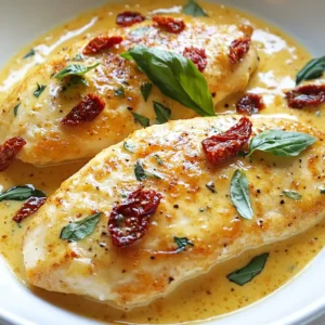To make this dish, gather these key ingredients: - 4 boneless, skinless chicken breasts - 1 cup sun dried tomatoes in oil, drained and chopped - 1 cup heavy cream - 1 cup chicken broth - 2 cloves garlic, minced - 1 teaspoon Italian seasoning - 1 tablespoon olive oil - Salt and pepper to taste - 1/2 cup grated Parmesan cheese - Fresh basil leaves for garnish These ingredients create a rich and creamy sauce that pairs perfectly with the chicken. The sun dried tomatoes add a burst of flavor, while the garlic and Italian seasoning bring depth. You can add your own twist to this recipe with these optional ingredients: - Spinach or kale for added greens - Mushrooms for an earthy flavor - Red pepper flakes for heat - Fresh lemon juice for brightness Using these ingredients can help personalize your dish while still keeping the core flavors intact. Having the right tools makes cooking easier. Here are the tools I recommend: - A large skillet for searing the chicken - A sharp knife for chopping ingredients - A cutting board for safe prep - Measuring cups and spoons for accuracy - A spatula or wooden spoon for stirring These tools will help you create this delightful meal seamlessly. {{ingredient_image_1}} Start by seasoning the chicken breasts. Use salt, pepper, and Italian seasoning on both sides. This step adds flavor. Set the seasoned chicken aside while you heat your skillet. In a large skillet, heat the olive oil over medium-high heat. Once hot, add the chicken breasts. Cook for 6-7 minutes on each side. Look for a golden brown color. Make sure the chicken is fully cooked. Remove the chicken from the skillet and set it aside. Lower the heat to medium. Add minced garlic to the same skillet. Sauté the garlic for about 30 seconds. You want it to be fragrant but not burnt. Next, stir in the chopped sun dried tomatoes and cook for one more minute. Now, pour in the chicken broth and heavy cream. Bring this mixture to a simmer. Let it cook for 2-3 minutes. Stir occasionally until the sauce thickens a bit. Finally, add the grated Parmesan cheese. Stir until it melts and blends well. Return the cooked chicken to the skillet. Spoon the creamy sauce over each piece. Let it simmer for another 3-5 minutes. This warms the chicken and blends the flavors. Remove from heat, garnish with fresh basil, and serve warm. Enjoy your delicious meal! To cook chicken perfectly, use boneless, skinless breasts. They cook faster and stay juicy. Season both sides with salt, pepper, and Italian seasoning. Heat olive oil in your skillet until hot. Sear the chicken for 6-7 minutes on each side. Look for a golden brown color. Use a meat thermometer to check for doneness. The internal temperature should reach 165°F. Let the chicken rest for a few minutes before slicing. This helps keep it tender and juicy. You can add extra flavors to the creamy sauce. Try adding a splash of white wine for depth. Fresh herbs like thyme or oregano can also enhance taste. If you like spice, toss in red pepper flakes. They give a nice kick without overpowering. You could also mix in mushrooms for an earthy note or spinach for added nutrition. Each of these options brings new flavors to your dish. Garnishing the dish makes it look inviting. Fresh basil leaves add color and a fresh taste. You can also sprinkle more Parmesan cheese on top. This adds richness and makes it more appealing. To elevate the dish, drizzle some extra sauce over the chicken. Serve it on a nice platter for a beautiful table. Pair it with a side of pasta or a fresh salad for a complete meal. Pro Tips Use Fresh Herbs: Fresh basil adds a vibrant flavor that enhances the creamy sauce. Consider adding it at the end for a fresh burst of aroma. Perfectly Cooked Chicken: Ensure your chicken breasts are of even thickness to guarantee even cooking and prevent dryness. A meat mallet can help achieve this. Customize the Creaminess: Adjust the amount of heavy cream based on your preference for a lighter or richer sauce. You can also substitute half-and-half for a lighter version. Pairing Suggestions: This dish pairs beautifully with garlic bread or a side of roasted vegetables to complement the rich flavors of the sauce. {{image_2}} You can easily switch up the flavors in creamy sun dried tomato chicken. For instance, try using different herbs like thyme or oregano instead of Italian seasoning. You can also replace sun dried tomatoes with roasted red peppers or artichokes. If you want a lighter sauce, use half-and-half instead of heavy cream. This keeps the dish creamy but cuts some calories. You can also swap chicken for turkey or pork. Both meats work well with the sauce. If you like some heat, add red pepper flakes when cooking the garlic. Start with a pinch and taste as you go. You can also mix in some diced jalapeños or a splash of hot sauce for more kick. These additions will give your creamy sauce a nice, spicy twist. Just remember to balance the heat with the creaminess of the sauce. To make this dish vegetarian, replace the chicken with mushrooms or zucchini. Both options soak up flavors well. Use vegetable broth instead of chicken broth for the sauce. Add some spinach or kale for a pop of color and nutrition. When you follow these steps, you keep the creamy texture and flavor while making it meat-free. This way, everyone can enjoy the dish! Let your creamy sun dried tomato chicken cool first. Place it in an airtight container. Store it in the fridge. It will last for 3 to 4 days. If you want to keep it longer, consider freezing it. To reheat, take the chicken out of the fridge. Place it in a skillet over low heat. Add a splash of chicken broth or cream to keep it moist. Stir gently until warmed through. You can also use a microwave. Heat in short bursts, stirring in between. To freeze, cut the chicken into smaller pieces. Place it in a freezer-safe bag or container. Remove as much air as possible to prevent freezer burn. This meal can last for up to 3 months in the freezer. When ready to eat, thaw it in the fridge overnight before reheating. Cook the chicken breasts for about 6-7 minutes on each side. You want them golden brown and fully cooked. The total cooking time is around 12-14 minutes. Make sure the internal temperature reaches 165°F for safety. You can use dried sun-dried tomatoes, but they need some prep. Soak them in warm water for about 20 minutes. This will help them soften and bring back some flavor. After soaking, chop them and add to your dish as usual. This dish pairs well with pasta or a fresh green salad. You can also serve it with rice or roasted vegetables. The creamy sauce is great over any of these sides. Just make sure to drizzle some extra sauce on top. Yes, this recipe is great for meal prep. You can cook it in advance and store it in the fridge. It stays fresh for up to three days. Just reheat it gently on the stove or in the microwave. This blog post covered the key ingredients and steps for making Creamy Sun Dried Tomato Chicken. You learned about required and optional ingredients, tools, and the process of cooking. We also shared tips for perfecting your dish and ways to customize it. Remember, you can store leftovers and even make spicy or vegetarian versions. Enjoy experimenting with flavors and serving this dish in your meals. Cooking can be fun and fulfilling, so dive in and savor every bite!