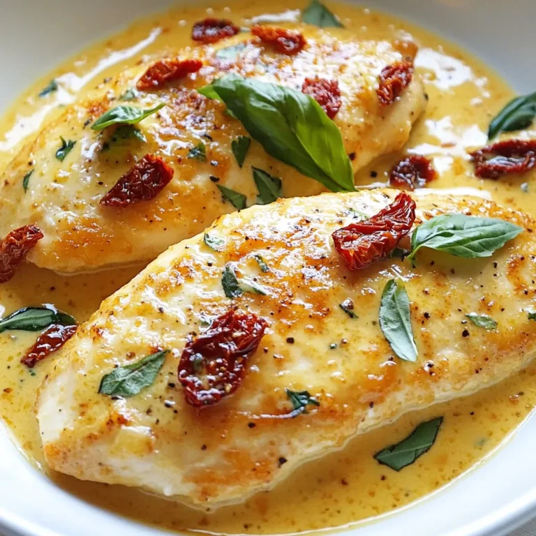 To make this dish, gather these key ingredients: - 4 boneless, skinless chicken breasts - 1 cup sun dried tomatoes in oil, drained and chopped - 1 cup heavy cream - 1 cup chicken broth - 2 cloves garlic, minced - 1 teaspoon Italian seasoning - 1 tablespoon olive oil - Salt and pepper to taste - 1/2 cup grated Parmesan cheese - Fresh basil leaves for garnish These ingredients create a rich and creamy sauce that pairs perfectly with the chicken. The sun dried tomatoes add a burst of flavor, while the garlic and Italian seasoning bring depth. You can add your own twist to this recipe with these optional ingredients: - Spinach or kale for added greens - Mushrooms for an earthy flavor - Red pepper flakes for heat - Fresh lemon juice for brightness Using these ingredients can help personalize your dish while still keeping the core flavors intact. Having the right tools makes cooking easier. Here are the tools I recommend: - A large skillet for searing the chicken - A sharp knife for chopping ingredients - A cutting board for safe prep - Measuring cups and spoons for accuracy - A spatula or wooden spoon for stirring These tools will help you create this delightful meal seamlessly. {{ingredient_image_1}} Start by seasoning the chicken breasts. Use salt, pepper, and Italian seasoning on both sides. This step adds flavor. Set the seasoned chicken aside while you heat your skillet. In a large skillet, heat the olive oil over medium-high heat. Once hot, add the chicken breasts. Cook for 6-7 minutes on each side. Look for a golden brown color. Make sure the chicken is fully cooked. Remove the chicken from the skillet and set it aside. Lower the heat to medium. Add minced garlic to the same skillet. Sauté the garlic for about 30 seconds. You want it to be fragrant but not burnt. Next, stir in the chopped sun dried tomatoes and cook for one more minute. Now, pour in the chicken broth and heavy cream. Bring this mixture to a simmer. Let it cook for 2-3 minutes. Stir occasionally until the sauce thickens a bit. Finally, add the grated Parmesan cheese. Stir until it melts and blends well. Return the cooked chicken to the skillet. Spoon the creamy sauce over each piece. Let it simmer for another 3-5 minutes. This warms the chicken and blends the flavors. Remove from heat, garnish with fresh basil, and serve warm. Enjoy your delicious meal! To cook chicken perfectly, use boneless, skinless breasts. They cook faster and stay juicy. Season both sides with salt, pepper, and Italian seasoning. Heat olive oil in your skillet until hot. Sear the chicken for 6-7 minutes on each side. Look for a golden brown color. Use a meat thermometer to check for doneness. The internal temperature should reach 165°F. Let the chicken rest for a few minutes before slicing. This helps keep it tender and juicy. You can add extra flavors to the creamy sauce. Try adding a splash of white wine for depth. Fresh herbs like thyme or oregano can also enhance taste. If you like spice, toss in red pepper flakes. They give a nice kick without overpowering. You could also mix in mushrooms for an earthy note or spinach for added nutrition. Each of these options brings new flavors to your dish. Garnishing the dish makes it look inviting. Fresh basil leaves add color and a fresh taste. You can also sprinkle more Parmesan cheese on top. This adds richness and makes it more appealing. To elevate the dish, drizzle some extra sauce over the chicken. Serve it on a nice platter for a beautiful table. Pair it with a side of pasta or a fresh salad for a complete meal. Pro Tips Use Fresh Herbs: Fresh basil adds a vibrant flavor that enhances the creamy sauce. Consider adding it at the end for a fresh burst of aroma. Perfectly Cooked Chicken: Ensure your chicken breasts are of even thickness to guarantee even cooking and prevent dryness. A meat mallet can help achieve this. Customize the Creaminess: Adjust the amount of heavy cream based on your preference for a lighter or richer sauce. You can also substitute half-and-half for a lighter version. Pairing Suggestions: This dish pairs beautifully with garlic bread or a side of roasted vegetables to complement the rich flavors of the sauce. {{image_2}} You can easily switch up the flavors in creamy sun dried tomato chicken. For instance, try using different herbs like thyme or oregano instead of Italian seasoning. You can also replace sun dried tomatoes with roasted red peppers or artichokes. If you want a lighter sauce, use half-and-half instead of heavy cream. This keeps the dish creamy but cuts some calories. You can also swap chicken for turkey or pork. Both meats work well with the sauce. If you like some heat, add red pepper flakes when cooking the garlic. Start with a pinch and taste as you go. You can also mix in some diced jalapeños or a splash of hot sauce for more kick. These additions will give your creamy sauce a nice, spicy twist. Just remember to balance the heat with the creaminess of the sauce. To make this dish vegetarian, replace the chicken with mushrooms or zucchini. Both options soak up flavors well. Use vegetable broth instead of chicken broth for the sauce. Add some spinach or kale for a pop of color and nutrition. When you follow these steps, you keep the creamy texture and flavor while making it meat-free. This way, everyone can enjoy the dish! Let your creamy sun dried tomato chicken cool first. Place it in an airtight container. Store it in the fridge. It will last for 3 to 4 days. If you want to keep it longer, consider freezing it. To reheat, take the chicken out of the fridge. Place it in a skillet over low heat. Add a splash of chicken broth or cream to keep it moist. Stir gently until warmed through. You can also use a microwave. Heat in short bursts, stirring in between. To freeze, cut the chicken into smaller pieces. Place it in a freezer-safe bag or container. Remove as much air as possible to prevent freezer burn. This meal can last for up to 3 months in the freezer. When ready to eat, thaw it in the fridge overnight before reheating. Cook the chicken breasts for about 6-7 minutes on each side. You want them golden brown and fully cooked. The total cooking time is around 12-14 minutes. Make sure the internal temperature reaches 165°F for safety. You can use dried sun-dried tomatoes, but they need some prep. Soak them in warm water for about 20 minutes. This will help them soften and bring back some flavor. After soaking, chop them and add to your dish as usual. This dish pairs well with pasta or a fresh green salad. You can also serve it with rice or roasted vegetables. The creamy sauce is great over any of these sides. Just make sure to drizzle some extra sauce on top. Yes, this recipe is great for meal prep. You can cook it in advance and store it in the fridge. It stays fresh for up to three days. Just reheat it gently on the stove or in the microwave. This blog post covered the key ingredients and steps for making Creamy Sun Dried Tomato Chicken. You learned about required and optional ingredients, tools, and the process of cooking. We also shared tips for perfecting your dish and ways to customize it. Remember, you can store leftovers and even make spicy or vegetarian versions. Enjoy experimenting with flavors and serving this dish in your meals. Cooking can be fun and fulfilling, so dive in and savor every bite!
