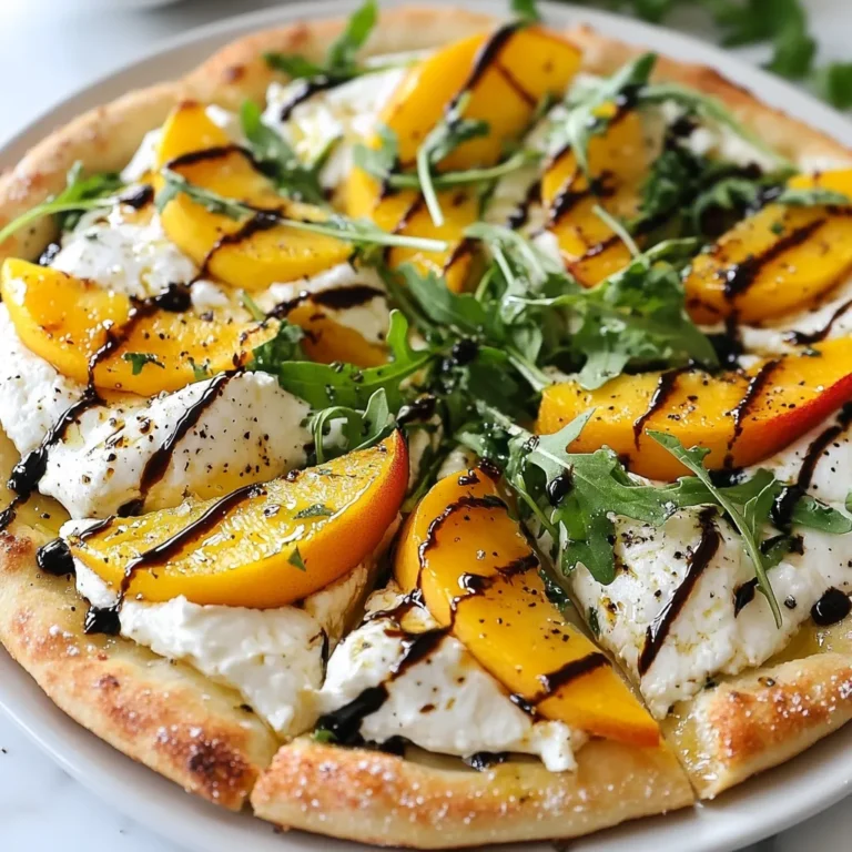 - 1 pre-made pizza dough (store-bought or homemade) - 2 ripe peaches, thinly sliced - 1 cup burrata cheese, torn into pieces - 2 cups fresh arugula - 1 tablespoon olive oil - 1 tablespoon balsamic glaze - Salt and freshly cracked black pepper to taste - 1 teaspoon fresh thyme leaves (optional) - Fresh thyme leaves add a nice touch of flavor. - You can also use fresh basil for a different taste. - If you can't find burrata, use fresh mozzarella instead. - For a gluten-free option, try a cauliflower pizza crust. - If peaches are out of season, pears work well too. - Use a flavored olive oil, like garlic or chili, for extra taste. {{ingredient_image_1}} First, preheat your oven to 475°F (245°C). If you have a pizza stone, place it in the oven now. Next, take your pre-made pizza dough. On a floured surface, roll or stretch it out. Aim for about 12 inches in diameter. Transfer the dough to a floured pizza peel or a baking sheet lined with parchment paper. Brush a thin layer of olive oil over the dough. Make sure to coat the edges well. This adds flavor and helps with browning. Now, it’s time to add the toppings! Start by laying out the sliced peaches evenly on the dough. Leave a small border around the edges. This space will form the crust. Next, take your burrata cheese. Tear it into pieces and place it over the peaches. The cheese will melt slightly while baking, creating a creamy texture. Sprinkle some salt and freshly cracked black pepper over the top. If you like, add fresh thyme leaves for a nice touch. Carefully slide the pizza onto the preheated pizza stone. If you’re using a baking sheet, just place it in the oven. Bake the pizza for 10 to 12 minutes. You want the crust to look golden and crispy. Once it's done, take the pizza out and let it cool for a minute. Top it with fresh arugula and drizzle balsamic glaze over the warm pizza. Slice it up and enjoy the wonderful mix of flavors! To get a crispy crust, start with a hot oven. Preheat your oven to 475°F. If you have a pizza stone, place it inside to heat up. This stone helps cook the bottom well. Roll your dough thin, about 12 inches wide. Use a floured surface to stretch it. Brush the dough lightly with olive oil before adding toppings. This layer keeps moisture out and adds flavor. Bake for 10 to 12 minutes. Look for a golden-brown color to know it’s done. Fresh herbs can boost your pizza's taste. I love using thyme. Add a teaspoon of fresh thyme leaves before baking. This herb pairs well with peaches and burrata. You can also try basil for a different flavor. Just sprinkle it on after baking for a fresh touch. Herbs elevate the dish and make it taste gourmet. Serve your pizza warm for the best taste. Top with fresh arugula right after baking. The peppery arugula adds a nice crunch. Drizzle balsamic glaze over the top for sweetness. You can also add a pinch of sea salt for a flavor pop. Cut the pizza into slices for easy sharing. This pizza is great for lunch or dinner. Enjoy it with friends or family! Pro Tips Choose Ripe Peaches: Ensure your peaches are perfectly ripe for the best flavor. They should yield slightly to pressure and have a sweet aroma. Perfect Burrata Placement: Tear the burrata into larger pieces to create a creamy texture that melts beautifully during baking. Crust Crispiness: For an extra crispy crust, pre-bake the pizza dough for 3-4 minutes before adding toppings. Balsamic Glaze Timing: Drizzle the balsamic glaze right before serving to maintain its flavor and prevent it from becoming too runny. {{image_2}} This pizza shines as a vegetarian dish. The sweet peaches and creamy burrata give it a rich taste. You can keep it simple or add more veggies. Try adding sliced tomatoes or bell peppers. These will bring more color and flavor. You can also add spinach for extra nutrients. Each veggie adds a new layer of taste. If you want more protein, consider adding chicken or prosciutto. Grilled chicken adds a nice smoky flavor. Slice it thin and place it on top of the peaches. Prosciutto adds a salty kick that pairs well with the sweet peaches. You can also try adding cooked bacon or pepperoni. These options make the pizza heartier and more filling. While burrata is creamy and delicious, you can try other cheeses. Fresh mozzarella is a great swap. It melts well and has a mild taste. Goat cheese is another option. It adds a tangy flavor that complements the peaches. Feta cheese gives a salty bite, balancing the sweetness. Feel free to mix and match these cheeses to find your favorite! You can store leftover pizza in the fridge for up to three days. Place slices in an airtight container. If you have a whole pizza left, wrap it tightly in plastic wrap. This helps keep it fresh and tasty. Make sure the pizza cools down before storing it. To reheat your pizza, use the oven for the best results. Preheat your oven to 375°F (190°C). Place the pizza on a baking sheet. Heat for about 10 minutes or until warm. This method keeps the crust crispy. You can also use a skillet. Heat the skillet over medium heat and add the pizza. Cover it with a lid and warm it for 5 to 7 minutes. You can freeze this pizza for later. Wrap each slice in plastic wrap and then in foil. This helps prevent freezer burn. You can freeze it for up to two months. To enjoy it later, thaw it in the fridge overnight. Reheat as mentioned above for the best taste. Yes, you can use other cheeses. Try goat cheese or feta for a tangy taste. Both options add a nice flavor to the pizza. You can also use mozzarella if you prefer a milder cheese. Each cheese will change the pizza's taste, so choose one you love. To make this pizza gluten-free, use gluten-free pizza dough. Many stores sell ready-made options. You can also make your own from gluten-free flour. Just follow the package instructions for best results. Ensure all your toppings, like the balsamic glaze, are gluten-free too. Peach and burrata mix well with many toppings. Add prosciutto for saltiness or arugula for a peppery bite. Nuts like walnuts or pecans add crunch. Fresh herbs like basil work great too. Feel free to get creative and mix flavors you enjoy! This blog post outlined how to make a tasty pizza from scratch. You learned about key ingredients, step-by-step instructions, and tips for a great crust. We also explored delicious variations and storage tips. Remember, you can swap ingredients or add special toppings to fit your taste. Making pizza can be fun and easy. Enjoy trying out these ideas, and impress your friends and family with your skills. Happy cooking!