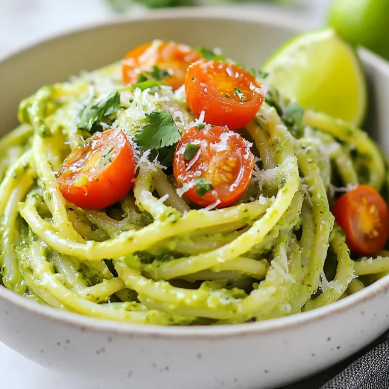 To make creamy avocado cilantro pasta, gather these key items: - 12 oz pasta (spaghetti or fettuccine) - 2 ripe avocados - 1/4 cup fresh cilantro leaves - 2 cloves garlic, minced - 1/4 cup Greek yogurt or sour cream - 2 tablespoons olive oil - 2 tablespoons lime juice - Salt and pepper to taste - 1/4 teaspoon red pepper flakes (optional) Adding garnishes can make your dish look even better. Here are some fun options: - Grated Parmesan cheese - Cherry tomatoes, halved You can swap some ingredients if needed. Here are some ideas: - Use any pasta you like, or try a gluten-free version. - If you don’t have Greek yogurt, sour cream works well. - No cilantro? Try parsley or basil for a different taste. - For a vegan option, use a dairy-free yogurt alternative. These choices keep your creamy avocado cilantro pasta tasty and fun! {{ingredient_image_1}} First, fill a large pot with water. Add a good amount of salt. Bring the water to a boil. Once boiling, add 12 ounces of pasta. I like spaghetti or fettuccine for this dish. Cook the pasta until it is al dente. This usually takes about 8 to 10 minutes. Keep an eye on it. Before draining, save about 1 cup of the pasta water. This water is useful later. Drain the pasta and set it aside in a large bowl. Now, let's make the creamy sauce. Grab 2 ripe avocados and cut them in half. Remove the pits and scoop the flesh into a blender. Add 1/4 cup of fresh cilantro leaves, 2 minced garlic cloves, and 1/4 cup of Greek yogurt or sour cream. Drizzle in 2 tablespoons of olive oil and 2 tablespoons of lime juice. Season with salt and pepper to taste. Blend everything until it is smooth and creamy. If the sauce seems too thick, add some reserved pasta water a little at a time until it is just right. Take the warm pasta from earlier and place it in a large mixing bowl. Pour the avocado sauce over the pasta. Toss gently to coat each strand of pasta. If the sauce needs to be thinner, add more reserved pasta water. Taste the dish and adjust the seasoning with more salt, pepper, or lime juice if needed. For a spicy kick, sprinkle in 1/4 teaspoon of red pepper flakes. Your creamy avocado cilantro pasta is ready to serve! To get the right sauce texture, use ripe avocados. They should feel soft but not mushy. Blend the avocados with the cilantro, garlic, Greek yogurt, and olive oil until smooth. If the sauce is too thick, add reserved pasta water slowly. This helps create a creamy and light sauce. The goal is to coat the pasta well without making it runny. To boost the flavor, add more lime juice for a zesty kick. A pinch of salt and pepper can make a big difference. If you enjoy heat, include red pepper flakes. Fresh herbs can also add depth. Consider adding a bit of basil or parsley for extra freshness. Taste as you go and adjust as needed. Serve the creamy avocado cilantro pasta in wide bowls. This allows the colors to shine. Top with halved cherry tomatoes for a pop of red. You can also sprinkle grated Parmesan cheese on top. For added fun, place extra cilantro leaves and a lime wedge on the side. This not only looks great but also gives guests a choice to add more flavor. Pro Tips Choose Ripe Avocados: Make sure your avocados are ripe for the creamiest sauce. They should yield slightly when gently squeezed. Adjust Consistency: If your sauce is too thick, gradually add the reserved pasta water until you achieve your desired creaminess. Fresh Ingredients Matter: Using fresh cilantro and lime juice will significantly enhance the flavor of your dish, making it more vibrant and tasty. Serving Suggestions: For an extra touch, serve with a sprinkle of toasted pine nuts or walnuts for added crunch and flavor contrast. {{image_2}} You can boost the flavor of creamy avocado cilantro pasta by adding extra ingredients. Here are some ideas: - Protein: Add cooked chicken, shrimp, or chickpeas for protein. - Veggies: Toss in spinach, bell peppers, or broccoli for more nutrition. - Nuts: Sprinkle toasted pine nuts or walnuts for a crunchy texture. - Seasoning: Try adding cumin or smoked paprika for a unique twist. Making this pasta dish fit your diet is easy. For a vegan version, simply swap Greek yogurt for a plant-based yogurt. You can also skip the cheese topping. To make it gluten-free, choose gluten-free pasta made from rice or quinoa. This way, everyone can enjoy this creamy dish. You can use different pasta shapes for this recipe. Here are a few options: - Whole Wheat Pasta: For a healthier option, use whole wheat spaghetti or fettuccine. - Zoodles: For a low-carb meal, spiralize zucchini to make zoodles. - Pasta Alternatives: Try chickpea or lentil pasta for added protein and fiber. These variations let you customize your creamy avocado cilantro pasta. Enjoy experimenting with your favorite flavors! To keep your creamy avocado cilantro pasta fresh, place it in an airtight container. Make sure to cool the pasta to room temperature first. Store the container in the fridge. It will stay good for up to three days. If you notice the pasta getting dry, add a splash of olive oil or reserved pasta water before serving. When you're ready to eat the leftovers, heat them gently. You can use a microwave or a pan on the stove. If using a microwave, heat in short bursts. Stir often to avoid hot spots. If using a pan, add a splash of water or olive oil to help it heat evenly. This keeps the pasta creamy. You can freeze creamy avocado cilantro pasta, but the texture may change. To freeze, place the pasta in a freezer-safe container. Be sure to leave some space for expansion. It can last for up to three months in the freezer. When you’re ready to eat it, thaw it in the fridge overnight and follow the reheating instructions. Yes, you can use sour cream or regular yogurt. Both will still add creaminess. If you want a dairy-free option, try using coconut yogurt. It gives the sauce a nice texture and flavor. Just keep in mind that coconut yogurt adds a subtle sweetness. To spice up the sauce, add more red pepper flakes. Start with half a teaspoon, then taste. You can also use fresh jalapeños or a dash of hot sauce. Blend them in with the other sauce ingredients. This way, you control the heat level perfectly. This pasta pairs well with many dishes. A simple green salad adds freshness. Grilled chicken or shrimp enhances the meal's protein. For a lighter option, serve with roasted vegetables. You can also add crusty bread to soak up any leftover sauce. This blog post covered all you need to make creamy avocado cilantro pasta. We looked at ingredients, cooking steps, and tips to boost flavor. You learned how to store leftovers and ways to customize the dish. Enjoying this pasta is easy, and it works for many diets. Experiment with your own flavors and variations. Keep it fun, keep it fresh, and share it with friends!