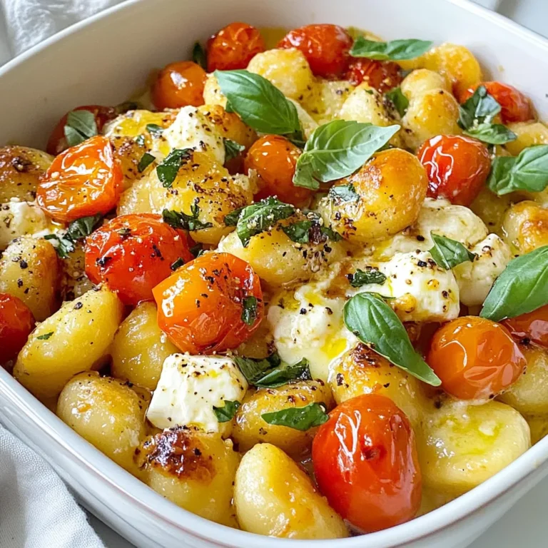 To make this dish, gather these key ingredients: - 400g potato gnocchi - 200g feta cheese, block - 400g cherry tomatoes, halved - 4 cloves garlic, minced - 3 tablespoons olive oil - 1 teaspoon dried oregano - Salt and pepper to taste - Fresh basil for garnish - Juice of 1 lemon Each item plays a vital role. The gnocchi gives a soft, pillowy base. Feta adds creaminess and saltiness. Cherry tomatoes burst with sweet flavor when baked. Garlic gives a strong aroma. Olive oil keeps everything moist. Oregano adds a nice herb note. Salt and pepper enhance all flavors. Fresh basil brightens up the dish. Lemon juice adds a tangy kick. You can elevate your dish with some easy additions: - Crushed red pepper flakes for heat - Grated Parmesan for extra richness - Pine nuts for a crunchy bite - Chopped parsley for freshness These toppings can add new flavors and textures. Feel free to mix and match to your taste! If you lack any ingredients, don’t worry! Here are some swaps: - Use fresh gnocchi instead of potato gnocchi for a different texture. - Swap feta for goat cheese for a tangy taste. - Use diced tomatoes if cherry tomatoes are not available. - Replace oregano with Italian seasoning or thyme for a twist. Remember, substitutions can change the flavor, but they can also create new favorites! {{ingredient_image_1}} First, set your oven to 200°C (400°F). This step is key for getting the best bake. Grab a baking dish and add the halved cherry tomatoes. Next, add the minced garlic, olive oil, and dried oregano. Sprinkle salt and pepper to taste. Mix it well so all the tomatoes are covered. Now, place the block of feta cheese right in the middle of the tomato mix. Drizzle a bit more olive oil on top of the feta. Bake this for 25 minutes. You will know it's done when the tomatoes burst and the feta turns golden. The smell will fill your kitchen with joy. While the feta and tomatoes bake, cook the potato gnocchi. Follow the package instructions, then drain the gnocchi and set it aside. Once the feta is out of the oven, mash it with a fork. Mix it into the tomatoes to create a creamy sauce. Add the cooked gnocchi to this mix and toss everything together. Squeeze fresh lemon juice on top and mix again. If you want it extra warm, pop it back in the oven for 5 more minutes. Finish by adding fresh basil before serving. Enjoy your flavor-packed delight! For bursting tomatoes, use fresh cherry tomatoes. They cook well and burst easily. Choose ripe tomatoes for the best flavor. When you bake them, the heat brings out their juices. This creates a rich sauce. Use olive oil, garlic, and herbs to enhance their taste. Bake them at 200°C (400°F) for 25 minutes. This method makes them soft and sweet. Use a block of feta cheese for this recipe. It melts nicely and adds creaminess. Look for feta that is creamy and not too crumbly. Store feta in its brine or a small amount of olive oil. This keeps it fresh longer. If you buy crumbled feta, use it right away. It tends to dry out faster. Cook potato gnocchi according to the package instructions. Boil them in salted water until they float. This means they are done. Drain them gently to keep them whole. If you want a crispy texture, you can sauté them in a pan with olive oil for a few minutes. This step adds a nice crunch to your dish. Pro Tips Use Fresh Ingredients: Fresh cherry tomatoes and good quality feta cheese make a significant difference in flavor. Look for ripe tomatoes and creamy feta for the best results. Customize with Herbs: Feel free to experiment with different herbs. Fresh thyme or rosemary can elevate the dish, adding an aromatic touch that pairs beautifully with the tomatoes and feta. Serve Immediately: This dish is best enjoyed fresh out of the oven while the gnocchi is warm and the sauce is creamy. If you plan to serve later, keep it warm in the oven. Make it a Meal: For a heartier option, add some cooked protein such as grilled chicken or sautéed shrimp to the dish before serving. {{image_2}} You can add more veggies to this dish. Try bell peppers or spinach for color and taste. Zucchini works well too. Just chop them and mix with the tomatoes before baking. This adds more nutrients and flavor. Feta is great, but you can swap it for goat cheese or ricotta. Goat cheese gives a tangy touch. Ricotta adds creaminess and a milder taste. Experiment with different cheeses to find your favorite. For a gluten-free option, use gluten-free gnocchi. Many brands offer this now. If you want a vegan dish, skip the cheese and use a vegan feta. You can also add nutritional yeast for a cheesy flavor. These swaps keep the dish tasty and fun. To store leftover gnocchi, let it cool down. Place the gnocchi and sauce in an airtight container. You can keep it in the fridge for up to three days. Make sure the lid is tight to keep it fresh. To reheat your gnocchi, you can use the oven or a pan. If using the oven, preheat it to 180°C (350°F). Place the gnocchi in a baking dish and cover it with foil. Bake for about 15 minutes. This will help keep it moist. If you prefer the pan, add a little olive oil and heat it over medium heat. Stir gently until warmed through. You can freeze baked gnocchi if you have extra. First, let it cool completely. Then, put it in a freezer-safe container. It can last up to three months in the freezer. To thaw, move it to the fridge overnight. When ready to eat, reheat it using your preferred method. Enjoy your delicious meal even days later! Yes, you can use dried gnocchi. Dried gnocchi cooks differently than fresh. You will need to boil it for a few minutes longer. Check the package for the right time. The key is to ensure it’s tender before mixing with the sauce. I recommend checking it often to avoid overcooking. Cherry tomatoes are the best choice for this recipe. Their sweet flavor pairs well with feta. You can also use grape tomatoes if you can't find cherries. Both types burst beautifully when baked, creating a rich sauce. Avoid larger tomatoes, as they may not soften as well. You can prepare the tomato and feta mix ahead of time. Combine the tomatoes, garlic, oil, and seasoning in a dish. Cover it and store it in the fridge for up to two days. When you’re ready to cook, add the feta and bake as directed. This saves time and adds flavor. Just cook the gnocchi fresh when you're ready to serve. You now know how to make delicious baked feta tomato gnocchi. I covered the key ingredients, the steps to bake and mix, along with handy tips for perfect tomatoes and gnocchi. Variations let you customize this dish to fit your tastes, while storage tips help keep leftovers fresh. Experiment with different ingredients and make it your own. This simple yet tasty recipe can impress anyone. Enjoy your cooking adventure with baked feta tomato gnocchi!