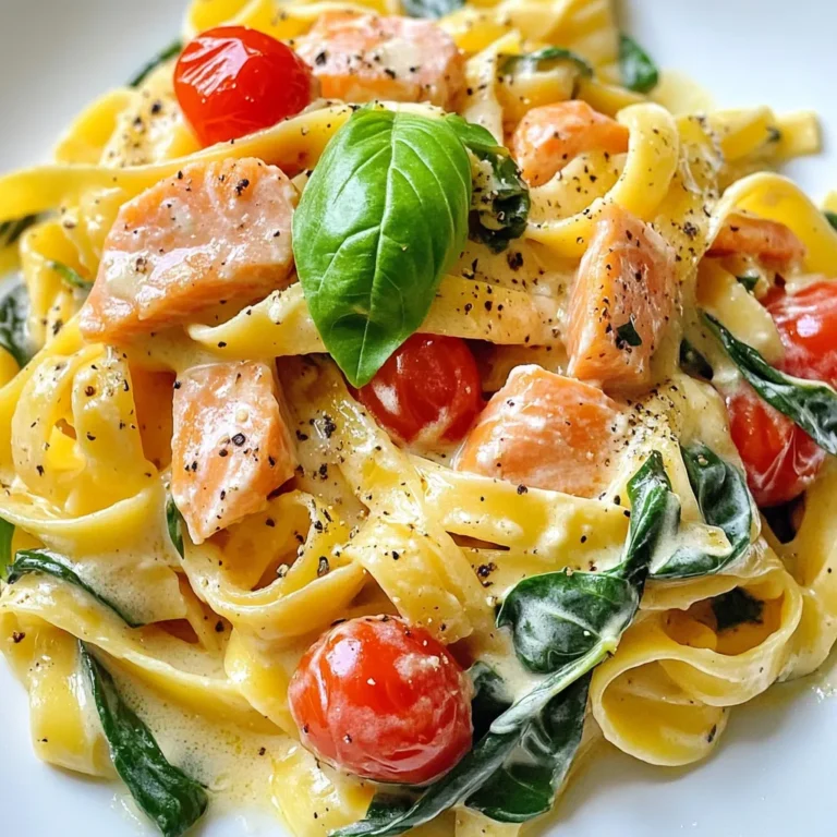 For a delightful Creamy Tuscan Salmon Pasta, you'll need a mix of fresh and pantry items. Here’s what you should gather: - Pasta type options: - 8 oz fettuccine (or your favorite pasta like spaghetti) - Fresh and pantry ingredients needed: - 2 salmon fillets (about 6 oz each) - 2 tablespoons olive oil - 3 cloves garlic, minced - 1 cup cherry tomatoes, halved - 1 cup fresh spinach - 1 cup heavy cream - ½ cup grated Parmesan cheese - 1 tablespoon lemon juice - Salt and pepper to taste - Suggested garnishes: - Fresh basil leaves for a pop of color and flavor These ingredients come together to create a rich and creamy meal. Each item plays a key role, from the salmon's flavor to the tangy lemon juice. If you have these on hand, you're ready to make something truly special! {{ingredient_image_1}} Start by boiling water in a large pot. Add salt to the water. Once it boils, add 8 oz of fettuccine or your favorite pasta. Cook it until it is al dente, which usually takes about 8-10 minutes. Remember to stir it occasionally. Once cooked, save 1 cup of the pasta water. Then, drain the rest and set the pasta aside. Next, take 2 salmon fillets and season them with salt and pepper. Heat 2 tablespoons of olive oil in a large skillet over medium heat. Once hot, place the salmon skin-side down. Sear for about 4-5 minutes until the skin is crispy. Flip the salmon carefully and cook for another 4-5 minutes, until fully cooked. Remove it from the skillet and let it cool for a moment. Then, flake the salmon into large pieces. In the same skillet, add 3 cloves of minced garlic. Sauté for about 30 seconds until you smell the garlic. Then, add 1 cup of halved cherry tomatoes. Cook these for about 2-3 minutes until they start to soften. This step helps build flavor for the dish. Lower the heat and pour in 1 cup of heavy cream. Stir it well to mix with the vegetables. Let it cook for about 2 minutes. Then, add in ½ cup of grated Parmesan cheese and 1 tablespoon of lemon juice. Stir until the cheese melts and the sauce thickens, which takes about 2-3 minutes. Now, add the drained pasta and 1 cup of fresh spinach to the skillet. Toss everything gently to coat the pasta with the sauce. If the sauce seems too thick, add a bit of the reserved pasta water to loosen it up. Mix until the spinach wilts and everything is combined. Finally, gently fold in the flaked salmon. Be careful not to break it into small pieces. Taste and adjust the salt and pepper as needed. Divide the creamy Tuscan salmon pasta onto plates. For a nice touch, garnish with fresh basil leaves before serving. Enjoy your beautiful meal! When picking salmon, look for fresh fillets. They should be bright and shiny. The skin can help keep the fish moist while cooking. Farmed salmon works well, but wild salmon has a richer taste. Either choice will make your pasta shine. For a creamy sauce, use heavy cream. It adds depth and richness. Stir the cream in slowly to avoid lumps. If your sauce is too thick, add some reserved pasta water. This will help loosen it while keeping it creamy. Al dente means the pasta is firm but cooked through. This gives a nice bite. Use a timer to follow the package instructions closely. When cooking, taste a piece a minute before the timer goes off. Drain it, but save some pasta water for the sauce. If you have leftovers, store them in an airtight container. They will last about three days in the fridge. To reheat, use a skillet over low heat. Add a splash of water or cream to keep it moist. Avoid the microwave if you want to keep the sauce creamy. Pro Tips Choose Fresh Salmon: Make sure to use fresh salmon fillets for the best flavor and texture in your creamy sauce. Adjust the Cream: If you prefer a lighter dish, substitute half of the heavy cream with chicken or vegetable broth for a healthier option. Customize the Greens: Feel free to add other greens like kale or arugula for added nutrition and flavor variety. Perfect Pasta Timing: Make sure to add your pasta to the sauce while it's still hot to absorb the flavors and keep everything creamy. {{image_2}} You can change the veggies in this dish to suit your taste. Try adding: - Zucchini - Bell peppers - Mushrooms - Asparagus These all work well in the creamy sauce. Just sauté them with garlic like you do with tomatoes. If you want a lighter meal, swap heavy cream for Greek yogurt. It gives you a creamy texture with less fat. Just mix in the yogurt slowly after you take the sauce off the heat. You can also cut back on cheese for fewer calories. Salmon is tasty, but you can switch it up. Try using shrimp or chicken instead. - For shrimp, cook them for about 2-3 minutes until they turn pink. - For chicken, grill or sauté bite-sized pieces until cooked through. Both options add a nice twist to the dish. Feel free to experiment! After making creamy Tuscan salmon pasta, let it cool to room temperature. Place it in a sealed container. This dish stays fresh in the fridge for up to three days. When you’re ready to eat, check for any off smells or changes in texture. If it looks and smells good, it’s ready to enjoy! You can freeze creamy Tuscan salmon pasta, but the texture may change. To freeze, cool the pasta completely. Then, transfer it to a freezer-safe container. Make sure to leave some space for expansion. This dish can last up to two months in the freezer. When ready to eat, thaw it in the fridge overnight. Reheat creamy Tuscan salmon pasta gently. Use a microwave or a skillet on low heat. If it seems dry, add a splash of cream or reserved pasta water. Stir well to combine and heat until warm. Avoid high heat to keep the salmon and sauce creamy and delicious. Yes, you can use frozen salmon. Just ensure you thaw it first. Place the salmon in the fridge overnight or use cold water for a quick thaw. Cook it as directed in the recipe. The taste and texture will still be great! If you need a lighter option, use half-and-half or whole milk. For a dairy-free choice, try coconut cream or cashew cream. Each option will give a different flavor and texture, but they work well in the sauce. Creamy Tuscan salmon pasta lasts about 3 days in the fridge. Make sure to store it in an airtight container. This keeps the flavors fresh and the pasta tasty. Yes, you can prepare the sauce and cook the salmon ahead. Just keep them separate until you’re ready to serve. When you warm it up, add a splash of pasta water to bring back the creaminess. This dish pairs well with a simple green salad. You can also serve garlic bread or roasted veggies on the side. Both options add fresh flavors and make the meal more filling. This blog post covered how to make Creamy Tuscan Salmon Pasta. We explored ingredient options, like pasta types and fresh items. I provided step-by-step instructions to guide you through cooking. I shared tips for perfect results, from salmon choices to sauce texture. You learned variations to suit your taste, plus storage info for leftovers. Now, you can confidently try this dish. Enjoy the process and impress your guests!