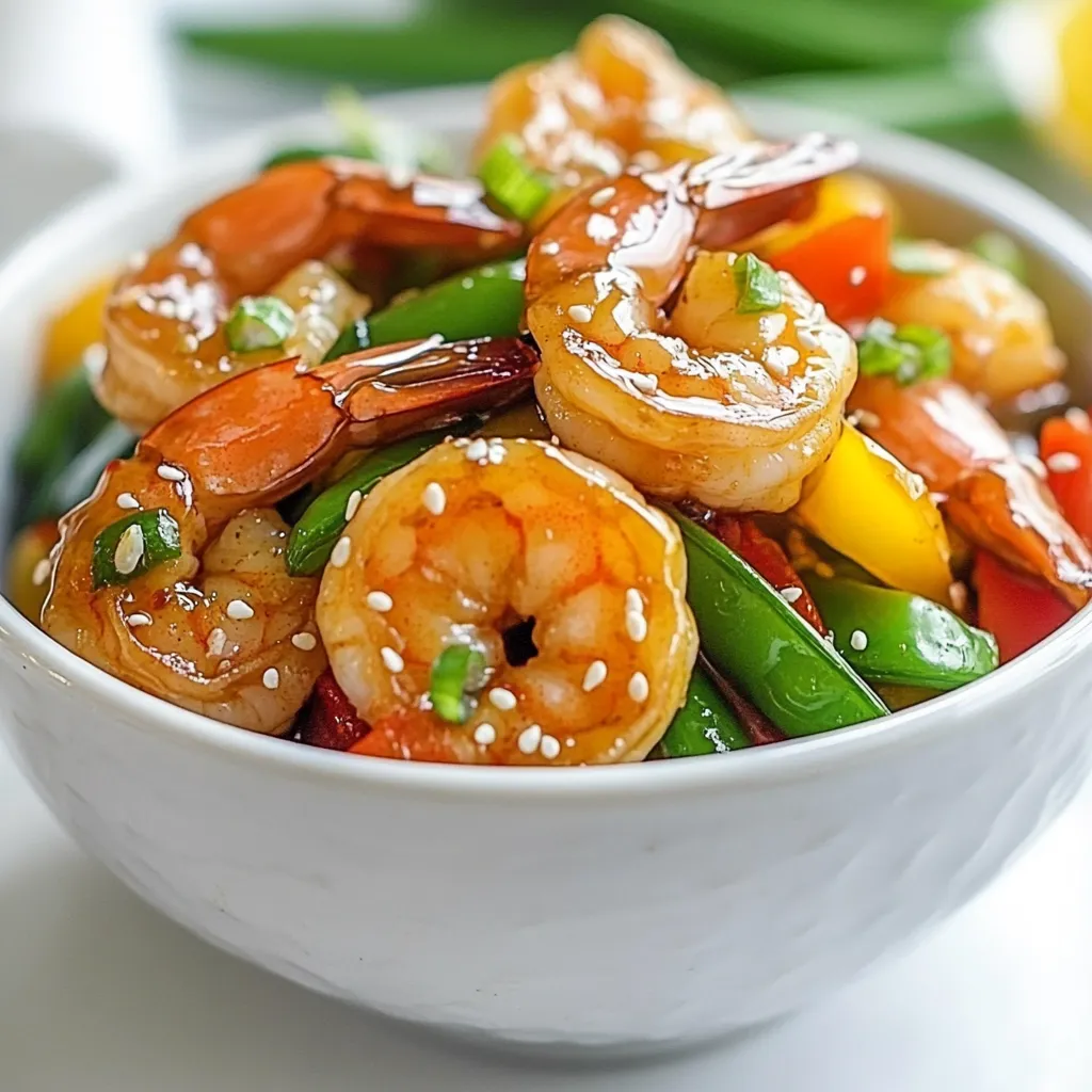 To make a tasty Honey Garlic Shrimp Stir Fry, you will need the following fresh ingredients: - 1 pound large shrimp, peeled and deveined - 2 tablespoons honey - 3 cloves garlic, minced - 1 tablespoon soy sauce - 1 tablespoon sesame oil - 1 bell pepper, sliced (any color) - 1 cup snap peas, trimmed - 2 green onions, chopped - 1 tablespoon ginger, minced - 1 tablespoon cornstarch - 2 tablespoons vegetable oil - Salt and pepper to taste - Sesame seeds for garnish Gather these ingredients before you start cooking. Fresh shrimp really enhance the dish’s flavor. The honey gives it a sweet touch, while garlic and ginger add depth. You can use any color bell pepper you like, making this meal colorful and fun. The snap peas add a nice crunch. This list is simple, but it packs a punch of flavor. Each ingredient plays a key role in creating a delightful meal that is quick to make. {{ingredient_image_1}} - Whisk together the honey, soy sauce, garlic, ginger, and cornstarch. - Heat vegetable oil in a skillet or wok over medium-high heat. In this step, mixing the honey, soy sauce, garlic, ginger, and cornstarch creates a thick sauce. This blend adds a sweet and savory flavor to the shrimp. The cornstarch helps the sauce stick to the shrimp and veggies. Heat your skillet or wok until it’s hot. This ensures a good sear on the shrimp and veggies. - Season and cook shrimp until pink and opaque. - Set shrimp aside after cooking. Add the shrimp to the hot oil. Season them lightly with salt and pepper. Cook for about 2-3 minutes. Watch closely as they turn pink and opaque. This means they are done. Once cooked, take the shrimp out and set them aside. This keeps them tender. - Add bell pepper and snap peas. - Cook until vegetables start to soften. In the same skillet, toss in the sliced bell pepper and snap peas. Stir-fry these for about 2-3 minutes. You want them to be bright and slightly soft, but still crunchy. This helps keep the meal fresh and colorful. - Return shrimp to skillet with vegetables. - Pour honey garlic sauce over everything and cook until thickened. Now, add the shrimp back to the skillet. Pour the honey garlic sauce over the shrimp and veggies. Toss everything together to coat well. Cook for an additional 2-3 minutes. This allows the sauce to thicken and all the flavors to meld. - Use fresh shrimp for optimal taste. Fresh shrimp adds a sweet, briny flavor. - Adjust honey and soy sauce to your preferred sweetness. You can add more honey for sweetness or soy sauce for saltiness. - High heat is key for stir-frying. It helps cook the shrimp quickly and evenly. - Quick cooking keeps veggies crunchy. This adds a nice texture to your dish. - Top with chopped green onions for a fresh pop. This adds color and flavor. - Use sesame seeds to make your dish look fancy. They add a nice crunch and nutty taste. - Feel free to change garnishes based on your taste. Try cilantro or lime for a fresh twist. Pro Tips Fresh Shrimp is Best: Always opt for fresh shrimp if available, as they offer superior flavor and texture compared to frozen options. Customize Your Veggies: Feel free to add other vegetables like broccoli or carrots for added nutrition and color in your stir fry. Thicken the Sauce: If you prefer a thicker sauce, let it simmer longer after adding the honey garlic mixture to achieve your desired consistency. Serving Suggestions: Serve over rice or noodles to make it a complete meal, and don't forget to drizzle extra sauce on top! {{image_2}} You can easily swap shrimp for chicken or tofu. Chicken adds heartiness and works great with the sauce. Tofu offers a plant-based option that absorbs flavors well. Other seafood options include scallops or fish for variety. Add more veggies like broccoli or carrots for color and crunch. Seasonal vegetables, like bell peppers in summer, offer fresh tastes. Try zucchini or snap peas for a different texture. Mixing in leafy greens like spinach can boost nutrition too. If you love heat, add chili flakes or fresh chilies. You can drizzle sriracha for a tangy kick. Consider using spicy soy sauce for added flavor. Experiment with different sauces, like teriyaki or hoisin, for fun. To store leftovers, place honey garlic shrimp stir fry in an airtight container. Keep it in the refrigerator. It will stay fresh for up to three days. Before you eat it again, check for any off smells. When reheating, use a skillet for even heat. Add a splash of water to keep it moist. Heat it on medium until warm. Yes, you can freeze honey garlic shrimp stir fry. It tastes great even after freezing. Use a freezer-safe bag or container to store it. Remove as much air as you can to prevent freezer burn. It can last up to three months in the freezer. When you want to eat it, move the container to the fridge overnight. This will help it thaw slowly. If you're in a hurry, you can defrost it in the microwave. Once thawed, reheat it in a skillet for the best taste. You can pair this dish with several tasty sides. Here are some great options: - Steamed rice or jasmine rice - Fried rice for extra flavor - Noodles, such as chow mein or rice noodles - A fresh green salad for crunch - Sautéed bok choy or broccoli for veggies These sides balance the sweet and savory taste of the shrimp stir fry. They add different textures and flavors to your meal. Yes, you can prep this dish in advance. Here’s how: - Chop your vegetables and store them in the fridge. - You can also mix the sauce ahead of time. - Cook the shrimp fresh to keep them tender. If you want, you can cook and store the whole dish. Just keep it in an airtight container in the fridge for up to three days. To thicken the sauce, you can use a few easy methods: - Add more cornstarch. Mix it with a little water before adding. - Cook the sauce longer to reduce it. This will make it thicker. - Try adding a tiny bit of flour if you don’t have cornstarch. These tips will help you achieve the perfect sauce consistency. Yes, this recipe is great for meal prep! Here’s why: - You can easily portion it into containers. - It stays tasty when reheated. - The flavors blend well over a day or two. Just be sure to store the shrimp and veggies together for the best taste. You can reheat it quickly in a pan or microwave. To sum up, we explored a tasty honey garlic shrimp stir fry. You learned about the simple ingredients and the step-by-step cooking process. I shared tips for flavor and garnishing. Remember, you can switch up proteins and veggies for fun. This dish is quick to make and great for meal prep. Enjoy your cooking adventure and impress your family or friends with this easy recipe!