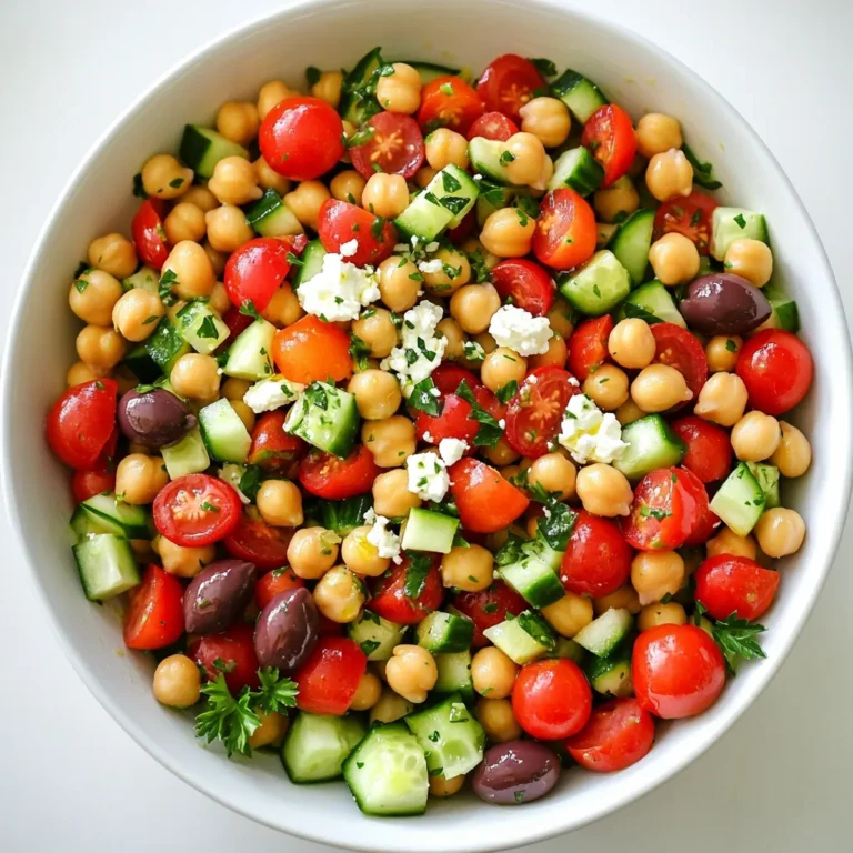 - 1 can (15 oz) chickpeas, drained and rinsed - 1 cup cherry tomatoes, halved - 1 cucumber, diced - 1 red bell pepper, diced - 1/4 red onion, finely chopped - 1/2 cup Kalamata olives, pitted and sliced - 1/2 cup feta cheese, crumbled - 1/4 cup fresh parsley, chopped - 3 tablespoons olive oil - 2 tablespoons lemon juice - 1 teaspoon dried oregano - Salt and pepper to taste This salad is both fresh and colorful. Each ingredient adds its own taste. Chickpeas are the base and give protein. Cherry tomatoes add sweetness. Cucumber brings crunch and coolness. Red bell pepper adds a nice sweetness and color. Red onion gives a slight bite. Kalamata olives add richness and salt. Feta cheese gives a creamy texture. Fresh parsley adds a bright note. For the dressing, you mix olive oil, lemon juice, and oregano. This dressing ties all the flavors together. Salt and pepper enhance the taste. Adjust these to your liking. - Calories per serving: About 250 - Macronutrient breakdown: - Protein: 10g - Carbohydrates: 30g - Fat: 12g This salad is good for you. It has fiber, protein, and healthy fats. Each serving helps you feel full and satisfied. - Chickpeas alternatives: You can use white beans if you want. - Cheese alternatives: Try vegan feta for a dairy-free option. These swaps keep the salad tasty. You can enjoy it no matter your diet. - Step 1: Mixing Vegetables Start by taking a large mixing bowl. Add the drained chickpeas, halved cherry tomatoes, diced cucumber, diced red bell pepper, and finely chopped red onion. Mix these ingredients together gently. This step builds a vibrant base for your salad. - Step 2: Adding Olives and Cheese Next, add the sliced Kalamata olives and crumbled feta cheese to the bowl. These ingredients bring salty, rich flavors that enhance the overall taste. Stir the mixture carefully so you don't break the feta. - Step 3: Whisking the Dressing In a small bowl, whisk together the olive oil, lemon juice, dried oregano, salt, and pepper. This dressing adds brightness to the salad. Make sure all ingredients blend well to create a smooth sauce. - Step 4: Combining Ingredients Pour the dressing over the salad mixture. Gently toss everything together until all ingredients get coated. This step ensures that each bite is full of flavor. - Step 5: Final Toss and Adjusting Seasoning Now, add the chopped parsley and toss again. Taste the salad to see if you need more salt or pepper. This final adjustment helps you get the perfect flavor balance. - Presentation Tips Serve the salad in a large shallow bowl or on individual plates. Garnish with extra parsley and a sprinkle of feta on top. This makes the salad look fresh and inviting. - Ideal Serving Temperature Enjoy this salad chilled or at room temperature. Both ways highlight the flavors and textures beautifully. - How to ensure fresh ingredients: Always choose ripe cherry tomatoes. Look for bright colors and no blemishes. Pick cucumbers that feel firm and smooth. For peppers, select those with shiny skin. Fresh herbs should smell strong and vibrant. This ensures your salad bursts with flavor. - Tips for dicing and chopping: Use a sharp knife for clean cuts. Cut the cucumber in half lengthwise before dicing. This makes it easier. For onions, slice them thinly first, then chop. Keep your fingers tucked in while cutting. This helps prevent any accidents. - Adding more herbs or spices: Fresh basil or mint can add a new twist. Try adding a pinch of cumin for warmth. You can mix in some crushed red pepper for heat. Experiment with different herbs to find your favorite flavor. - Suggestions for toppings: Add a handful of toasted nuts for crunch. Sliced avocado can bring creaminess. You can also try adding extra feta for richness. These toppings make the salad more exciting and satisfying. - Make-ahead suggestions: You can prepare the salad a day in advance. Just keep the dressing separate until serving. This keeps the salad fresh and crisp. You can chop the veggies ahead of time for quick assembly. - Storing components separately: Store the salad and dressing in airtight containers. This prevents sogginess and keeps flavors bright. Keep the chopped veggies, olives, and cheese separate until you're ready to mix them. This way, your salad stays fresh longer. {{image_2}} You can easily make a vegan Mediterranean chickpea salad. Simply leave out the feta cheese. The salad still tastes great without it. Instead, you can use avocado for creaminess. This swap adds healthy fats and a rich flavor. For a gluten-free version, you don’t need to change much. All the ingredients are naturally gluten-free. Just be sure your olives and any dressings are also gluten-free. In summer, you can add more fresh veggies. Try bell peppers, zucchini, or radishes. These bright colors will make your salad pop. They also add crunch and flavor. In winter, root veggies are a fun option. Think about adding diced carrots or roasted sweet potatoes. They will make your salad hearty and warm. You can use different types of olives for fun flavors. Green olives can give a tangy taste. Black olives add a mild flavor. Choose what you like best! If you want to mix it up, try different dressings. A balsamic vinaigrette works well. You could also try a yogurt-based dressing for a creamy twist. Each will change the flavor profile of your salad wonderfully. To store your Mediterranean chickpea salad, use airtight containers. These keep the salad fresh. Bowls with lids work too, but airtight containers are best. Make sure to let it cool before storing. This helps keep the flavors intact. In the fridge, this salad lasts about 3 to 5 days. After that, the veggies may get soggy. Signs of spoilage include a bad smell or off colors. If it looks or smells funny, toss it. Better safe than sorry! This salad is best served cold, so no reheating is needed. If you stored it in the fridge, just take it out and give it a good toss. This helps mix the flavors again. Add a little fresh lemon juice if needed for extra zing! Yes, you can make this salad ahead of time. It tastes great after a few hours. The flavors mix and become richer. Store it in the fridge for up to two days. Just remember to add the parsley right before serving for extra freshness. Absolutely! This salad is perfect for meal prep. It keeps well in the fridge and stays tasty. You can pack it in individual containers for easy lunches. Just make sure to keep the dressing separate until you are ready to eat. This keeps everything fresh and crunchy. You can serve this salad with many dishes. It pairs well with grilled chicken or fish. You can also enjoy it with pita bread or hummus. For a lighter meal, serve it with a soup. The salad works as a great side or a main dish. You can easily change the seasoning to fit your taste. Start by adding more lemon juice for brightness. If you like it spicy, add a pinch of red pepper flakes. Taste the salad as you go. This way, you can find the perfect balance for you. Yes, using canned chickpeas is a great choice! They save time and are ready to use. Just make sure to drain and rinse them well before adding them to the salad. This removes extra sodium and makes them taste fresher. This blog post shared a simple and delicious Mediterranean Chickpea Salad recipe. You learned about the key ingredients, step-by-step instructions, and tips for storage. I provided variations for dietary needs and seasonal changes. Try this salad for a healthy meal or side dish. Feel free to customize the flavors to match your taste. Now, go enjoy your fresh, tasty salad!