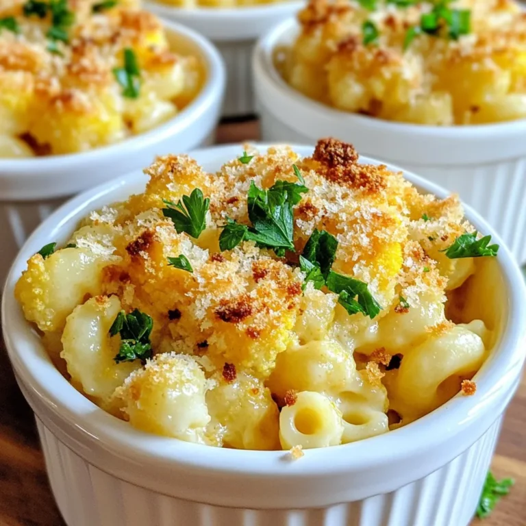 To make your roasted cauliflower mac and cheese, gather these ingredients: - 1 medium head of cauliflower, cut into florets - 8 ounces elbow macaroni - 2 tablespoons olive oil - Salt and pepper to taste - 1 cup shredded sharp cheddar cheese - 1/2 cup grated Parmesan cheese - 2 cups milk - 2 tablespoons butter - 2 tablespoons all-purpose flour - 1 teaspoon garlic powder - 1/2 teaspoon onion powder - 1/4 teaspoon smoked paprika - 1/4 teaspoon nutmeg - 1/2 cup panko bread crumbs If you want to change things up, consider these swaps: - Use gluten-free pasta if you need a gluten-free option. - Swap sharp cheddar for mild cheddar for a milder taste. - Try using cream instead of milk for a richer sauce. - Replace Parmesan with nutritional yeast for a vegan version. You will need a few tools to make this dish: - A large mixing bowl for the cauliflower - A baking sheet for roasting - A medium saucepan for the cheese sauce - A whisk to mix the sauce - A baking dish to combine everything - A pot for cooking the macaroni - A knife and cutting board for prep {{ingredient_image_1}} To start, preheat your oven to 425°F (220°C). Take your medium head of cauliflower and cut it into small florets. In a mixing bowl, toss these florets with 2 tablespoons of olive oil. Add salt and pepper to taste. Make sure they are well coated. Spread the florets on a baking sheet in a single layer. Roast the cauliflower in the oven for 20 to 25 minutes. Check them halfway through and turn them for even roasting. They should be golden brown and tender when done. Now, let’s cook the elbow macaroni. Bring a pot of salted water to a boil. Add 8 ounces of macaroni and cook according to the package directions. You want it to be al dente, which means it should still have a slight bite to it. This usually takes about 7 to 9 minutes. Once cooked, drain the macaroni in a colander and set it aside. Next, we’ll make the cheese sauce. In a medium saucepan, melt 2 tablespoons of butter over medium heat. Once melted, stir in 2 tablespoons of all-purpose flour. Cook this for about 1 minute while whisking constantly. This creates a roux. Gradually pour in 2 cups of milk, whisking until smooth. Keep stirring until the sauce thickens. Then, add 1 teaspoon of garlic powder, 1/2 teaspoon of onion powder, 1/4 teaspoon of smoked paprika, and 1/4 teaspoon of nutmeg. Stir in 1 cup of shredded sharp cheddar cheese and 1/2 cup of grated Parmesan cheese. Mix everything until the cheese is melted and creamy. Now it’s time to combine everything. In a large bowl, gently stir together the cooked elbow macaroni and the roasted cauliflower. Pour the creamy cheese sauce over this mixture. Gently mix until all the macaroni and cauliflower are coated in cheese. For the final step, transfer the combined mixture into a greased baking dish. Top it with 1/2 cup of panko bread crumbs. This will give your dish a nice, crispy finish. Bake in the oven for an additional 15 to 20 minutes. Look for a golden, crispy top as the sign that it’s ready. Enjoy your creamy delight! To get the best roast on your cauliflower, follow these steps: - Cut the cauliflower into equal-sized florets. This helps them cook evenly. - Toss the florets with olive oil, salt, and pepper. Make sure each piece is coated. - Spread them out on the baking sheet. Avoid crowding; this allows for even roasting. - Roast at 425°F (220°C) for 20-25 minutes. Turn them halfway through for a nice brown. This method gives you tender cauliflower with crispy edges. The flavor really shines in your mac and cheese. Getting the right thickness for your cheese sauce is key. - Start by making a roux with butter and flour. Cook for about one minute. - Gradually add the milk while whisking. This prevents lumps. - Keep whisking until the mixture thickens slightly. It should coat the back of a spoon. - Stir in your cheeses slowly. They melt better this way. If the sauce is too thick, add more milk. If too thin, cook a bit longer. Your sauce should be creamy but not runny. When it's time to serve your Roasted Cauliflower Mac and Cheese, think about presentation: - Serve in individual bowls for a nice touch. - Top with fresh parsley for color and flavor. - Pair with a side salad for balance, like a crisp green salad. These simple garnishes make the dish even more appealing. Enjoy every creamy bite! Pro Tips Perfectly Roasted Cauliflower: For maximum flavor, ensure the cauliflower is cut into even-sized florets to promote uniform roasting. Cheese Sauce Consistency: If your cheese sauce is too thick, stir in a bit more milk until you reach your desired creaminess before combining with pasta. Flavor Boost: Add a pinch of cayenne pepper or hot sauce to the cheese sauce for a subtle kick that complements the creamy flavors. Crispy Topping: For an extra crispy topping, mix the panko bread crumbs with a tablespoon of melted butter before sprinkling them on top. {{image_2}} You can easily adjust this recipe to fit different diets. For a vegan version, swap the cheese for plant-based options. Use almond milk or soy milk instead of regular milk. For gluten-free needs, select gluten-free pasta. You can also use cornstarch instead of flour to thicken the sauce. Lower-calorie options include using less cheese or low-fat milk. Add some fun flavors to your mac and cheese! Try mixing in spices like cayenne pepper or chili powder for a kick. You can also add veggies like spinach, broccoli, or bell peppers for extra nutrition. Fresh herbs like thyme or basil can brighten the dish too. Feel free to experiment until you find your favorite combo. The choice of cheese can change everything! Instead of sharp cheddar, try gouda for a creamy texture. Mozzarella melts well and gives a lovely stretch. You can also use blue cheese for a bold taste. Mixing different cheeses creates unique flavors that will wow your taste buds. Don’t be afraid to explore! To keep your roasted cauliflower mac and cheese fresh, let it cool first. Place it in an airtight container. It’s best to refrigerate leftovers within two hours. You can also freeze it for longer storage. Just make sure to use a freezer-safe container. This keeps the dish tasting great. When you’re ready to enjoy your leftovers, reheat them carefully. The best way is to use an oven. Preheat to 350°F (175°C). Place the dish in the oven for about 20-25 minutes. This helps the top stay crispy. You can also use a microwave. Heat in short bursts, stirring in between. This keeps the texture nice. In the fridge, your roasted cauliflower mac and cheese stays good for about 3-4 days. If you freeze it, it can last for up to 2-3 months. Just remember to label the container with the date. This way, you know when it’s time to eat it. Enjoy your creamy delight whenever you want! Yes, you can make this dish ahead of time. To do so, prepare the cauliflower and cheese sauce as directed. Combine the cooked macaroni, roasted cauliflower, and cheese sauce in a baking dish. Cover it and store it in the fridge. When you are ready to bake, just preheat the oven and bake for about 20-25 minutes. This method keeps the flavors fresh and saves you time. You can use frozen cauliflower, but there are a few things to keep in mind. Frozen cauliflower is often pre-blanched, which means it cooks faster. Thaw it first and pat it dry to remove excess moisture. Since frozen cauliflower can be softer, it may not get as crispy when roasted. Adjust your roasting time to ensure it cooks well. To add some heat to your dish, try these ideas. You can add a pinch of cayenne pepper or red pepper flakes to the cheese sauce. If you like a smoky flavor, try adding chipotle powder. For a fresh kick, mix in some diced jalapeños with the cauliflower. Experimenting with these spices will give your mac and cheese a fun twist! In this blog post, we explored how to create a delicious cauliflower mac and cheese. We covered required ingredients, kitchen tools, and step-by-step cooking instructions. You learned helpful tips for perfecting your dish and ways to customize it for different diets. Remember to store leftovers properly and to reheat them without losing their great taste. I hope these insights inspire you to make this tasty meal your own. Enjoy your cooking!