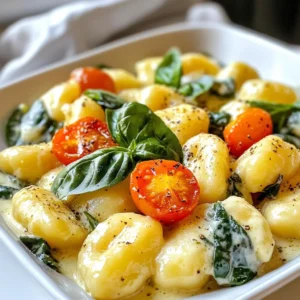 For this rich dish, you need a few key ingredients: - 1 pound potato gnocchi - 2 tablespoons olive oil - 3 cloves garlic, minced - 1 cup cherry tomatoes, halved - 2 cups fresh spinach - 1 cup heavy cream - 1/2 cup grated Parmesan cheese - 1 teaspoon Italian seasoning - Salt and pepper to taste - Fresh basil, for garnish Each ingredient plays a vital role. The potato gnocchi brings a soft, pillowy texture. Olive oil adds healthy fat and flavor. Garlic gives a warm aroma, and cherry tomatoes add a sweet burst. Fresh spinach makes the dish vibrant and adds nutrients. Heavy cream creates a smooth sauce, while Parmesan cheese adds depth. Italian seasoning enhances the overall taste, and salt and pepper balance the flavors. Garnishing elevates the dish. Consider these options: - Extra grated Parmesan cheese - Crushed red pepper flakes for heat - Chopped fresh parsley for color These garnishes add a nice touch. They enhance both taste and visual appeal. You can modify the recipe based on your taste. Here are some ideas: - Swap potato gnocchi for cauliflower gnocchi for a lighter option. - Use half-and-half instead of heavy cream for a lower-fat version. - Add cooked chicken or shrimp for extra protein. - Try sun-dried tomatoes instead of cherry tomatoes for a more intense flavor. These substitutions keep the dish exciting while maintaining its creamy essence. Feel free to mix and match based on what you have at home! {{ingredient_image_1}} First, start with one pound of potato gnocchi. Cook it as the package says. Usually, this means boiling water and adding the gnocchi. Wait until they float to the top, which takes about two to three minutes. This shows they are done. Drain them well. Set them aside in a bowl while you make the sauce. Next, grab a large skillet and heat two tablespoons of olive oil over medium heat. Add three cloves of minced garlic. Sauté the garlic for about one minute. You want it fragrant but not burned. Then, toss in one cup of halved cherry tomatoes. Let them cook for about three to four minutes until they soften. After that, add two cups of fresh spinach. Cook it until wilted, which takes just a couple of minutes. Pour in one cup of heavy cream and let it simmer. This should take two to three minutes for the cream to thicken a bit. Mix in half a cup of grated Parmesan cheese and one teaspoon of Italian seasoning. Stir until the cheese melts and the sauce becomes creamy. Now, it’s time to bring everything together. Add the cooked gnocchi to the creamy sauce. Toss gently so each gnocchi is coated well. Season with salt and pepper to your taste. If you want a thicker sauce, let it sit off the heat for one or two minutes. Finally, serve your dish warm. Don’t forget to garnish with fresh basil leaves for that extra touch! To get a creamy sauce, start with heavy cream. This makes the dish rich and smooth. Heat the cream gently, so it thickens without boiling. Adding cheese slowly helps it melt well. Parmesan cheese adds a nice flavor, too. Stir often to keep it creamy and avoid lumps. One common mistake is cooking the garlic too long. If it burns, it can taste bitter. Also, don't skip draining the gnocchi. Wet gnocchi can make your sauce watery. Be careful not to overcook the spinach. It should wilt but still stay bright green. Finally, remember to season your dish well. A pinch of salt and pepper can make a big difference. When cooking gnocchi, follow the package instructions closely. Bring water to a boil before adding the gnocchi. Cook until they float to the top. This usually takes just a few minutes. After cooking, drain them gently to avoid breaking. Toss them in a little olive oil to keep them from sticking. This simple step makes a big impact on texture. Pro Tips Use Fresh Ingredients: Opt for fresh spinach and ripe cherry tomatoes for the best flavor and texture in your creamy sauce. Perfectly Cooked Gnocchi: Ensure that you cook the gnocchi just until they float to the top; overcooking can make them mushy. Adjust Creaminess: If you prefer a lighter dish, you can substitute half of the heavy cream with chicken or vegetable broth. Garnish Wisely: Fresh basil adds a burst of flavor; consider adding a sprinkle of red pepper flakes for a hint of heat. {{image_2}} You can easily make this dish vegetarian. The main ingredients already fit the bill. Use vegetable broth instead of chicken broth in any variations. Adding more veggies is also a great idea. Try zucchini, bell peppers, or mushrooms. They add flavor and texture. You can also use a mix of greens like kale or arugula instead of spinach. These changes keep the dish fresh and exciting. If you want to boost the protein, several options work well. Cooked chicken or shrimp adds a nice touch. Simply add them when you mix in the gnocchi. For a heartier meal, try Italian sausage. Sauté it with the garlic before adding the other ingredients. Tofu is a great plant-based choice, too. It absorbs flavors well and keeps the dish light. To make this dish gluten-free, select gluten-free gnocchi. Many brands offer tasty options made from potatoes or rice flour. The rest of the ingredients are naturally gluten-free. Just be sure to check labels when buying the cream and cheese. You can also add gluten-free pasta instead of gnocchi. It will still taste delicious and creamy! To store leftovers, let the creamy Tuscan gnocchi cool completely. Use an airtight container to keep it fresh. The dish will stay good in the fridge for about 3-4 days. Make sure to label it with the date. This way, you can enjoy your meal later without worry. When you’re ready to eat the leftovers, reheat them gently. You can use a skillet over low heat. Add a splash of water or cream to keep it moist. Stir often to warm it through. You can also microwave it in a bowl covered with a lid. Heat in short bursts, stirring in between, until hot. If you want to freeze your gnocchi, do it before adding the cream sauce. Cook the gnocchi and let it cool. Place it in a freezer-safe bag or container. It will keep well for up to 2 months. When you’re ready to enjoy it, thaw in the fridge overnight. Then, make the sauce fresh and combine it with the gnocchi. This way, you get a rich and tasty meal when you need it! You should use potato gnocchi for this dish. It cooks quickly and has a nice texture. Store-bought gnocchi works well, and you can find it in most grocery stores. Fresh gnocchi gives the best flavor, but dried gnocchi is a good option too. Just follow the cooking time on the package for the best results. Yes, you can make this dish ahead of time. Cook the gnocchi and sauce separately. Store each in airtight containers in the fridge. When you are ready to eat, just combine them in a skillet. Warm them up over medium heat until hot. This way, you keep the gnocchi from getting too mushy. To make this dish dairy-free, swap the heavy cream with coconut cream or a nut-based cream. Use nutritional yeast instead of Parmesan for a cheesy flavor. You can also add more vegetables for extra taste. This keeps the dish rich and creamy while being dairy-free. In this blog post, we explored how to make creamy Tuscan gnocchi. We covered key ingredients, step-by-step instructions, and useful tips. I shared ways to customize your dish with variations, substitutions, and garnishes. Remember, the right techniques lead to a creamy sauce. Avoid common mistakes to keep your gnocchi delightful. Lastly, follow my storage tips for enjoying leftovers later. With these guidelines, you can create a tasty meal that suits your needs and preferences. Enjoy your cooking!