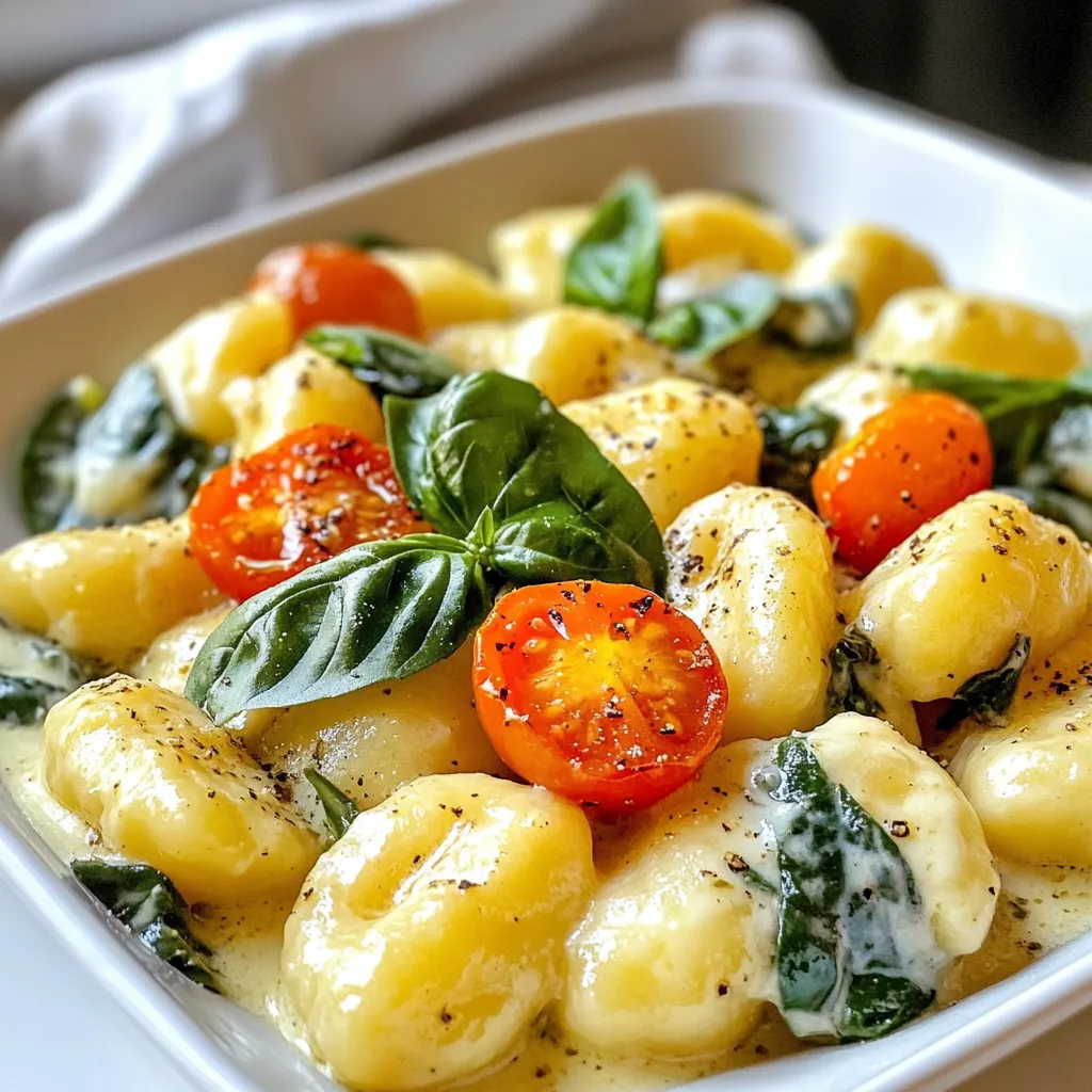 For this rich dish, you need a few key ingredients: - 1 pound potato gnocchi - 2 tablespoons olive oil - 3 cloves garlic, minced - 1 cup cherry tomatoes, halved - 2 cups fresh spinach - 1 cup heavy cream - 1/2 cup grated Parmesan cheese - 1 teaspoon Italian seasoning - Salt and pepper to taste - Fresh basil, for garnish Each ingredient plays a vital role. The potato gnocchi brings a soft, pillowy texture. Olive oil adds healthy fat and flavor. Garlic gives a warm aroma, and cherry tomatoes add a sweet burst. Fresh spinach makes the dish vibrant and adds nutrients. Heavy cream creates a smooth sauce, while Parmesan cheese adds depth. Italian seasoning enhances the overall taste, and salt and pepper balance the flavors. Garnishing elevates the dish. Consider these options: - Extra grated Parmesan cheese - Crushed red pepper flakes for heat - Chopped fresh parsley for color These garnishes add a nice touch. They enhance both taste and visual appeal. You can modify the recipe based on your taste. Here are some ideas: - Swap potato gnocchi for cauliflower gnocchi for a lighter option. - Use half-and-half instead of heavy cream for a lower-fat version. - Add cooked chicken or shrimp for extra protein. - Try sun-dried tomatoes instead of cherry tomatoes for a more intense flavor. These substitutions keep the dish exciting while maintaining its creamy essence. Feel free to mix and match based on what you have at home! {{ingredient_image_1}} First, start with one pound of potato gnocchi. Cook it as the package says. Usually, this means boiling water and adding the gnocchi. Wait until they float to the top, which takes about two to three minutes. This shows they are done. Drain them well. Set them aside in a bowl while you make the sauce. Next, grab a large skillet and heat two tablespoons of olive oil over medium heat. Add three cloves of minced garlic. Sauté the garlic for about one minute. You want it fragrant but not burned. Then, toss in one cup of halved cherry tomatoes. Let them cook for about three to four minutes until they soften. After that, add two cups of fresh spinach. Cook it until wilted, which takes just a couple of minutes. Pour in one cup of heavy cream and let it simmer. This should take two to three minutes for the cream to thicken a bit. Mix in half a cup of grated Parmesan cheese and one teaspoon of Italian seasoning. Stir until the cheese melts and the sauce becomes creamy. Now, it’s time to bring everything together. Add the cooked gnocchi to the creamy sauce. Toss gently so each gnocchi is coated well. Season with salt and pepper to your taste. If you want a thicker sauce, let it sit off the heat for one or two minutes. Finally, serve your dish warm. Don’t forget to garnish with fresh basil leaves for that extra touch! To get a creamy sauce, start with heavy cream. This makes the dish rich and smooth. Heat the cream gently, so it thickens without boiling. Adding cheese slowly helps it melt well. Parmesan cheese adds a nice flavor, too. Stir often to keep it creamy and avoid lumps. One common mistake is cooking the garlic too long. If it burns, it can taste bitter. Also, don't skip draining the gnocchi. Wet gnocchi can make your sauce watery. Be careful not to overcook the spinach. It should wilt but still stay bright green. Finally, remember to season your dish well. A pinch of salt and pepper can make a big difference. When cooking gnocchi, follow the package instructions closely. Bring water to a boil before adding the gnocchi. Cook until they float to the top. This usually takes just a few minutes. After cooking, drain them gently to avoid breaking. Toss them in a little olive oil to keep them from sticking. This simple step makes a big impact on texture. Pro Tips Use Fresh Ingredients: Opt for fresh spinach and ripe cherry tomatoes for the best flavor and texture in your creamy sauce. Perfectly Cooked Gnocchi: Ensure that you cook the gnocchi just until they float to the top; overcooking can make them mushy. Adjust Creaminess: If you prefer a lighter dish, you can substitute half of the heavy cream with chicken or vegetable broth. Garnish Wisely: Fresh basil adds a burst of flavor; consider adding a sprinkle of red pepper flakes for a hint of heat. {{image_2}} You can easily make this dish vegetarian. The main ingredients already fit the bill. Use vegetable broth instead of chicken broth in any variations. Adding more veggies is also a great idea. Try zucchini, bell peppers, or mushrooms. They add flavor and texture. You can also use a mix of greens like kale or arugula instead of spinach. These changes keep the dish fresh and exciting. If you want to boost the protein, several options work well. Cooked chicken or shrimp adds a nice touch. Simply add them when you mix in the gnocchi. For a heartier meal, try Italian sausage. Sauté it with the garlic before adding the other ingredients. Tofu is a great plant-based choice, too. It absorbs flavors well and keeps the dish light. To make this dish gluten-free, select gluten-free gnocchi. Many brands offer tasty options made from potatoes or rice flour. The rest of the ingredients are naturally gluten-free. Just be sure to check labels when buying the cream and cheese. You can also add gluten-free pasta instead of gnocchi. It will still taste delicious and creamy! To store leftovers, let the creamy Tuscan gnocchi cool completely. Use an airtight container to keep it fresh. The dish will stay good in the fridge for about 3-4 days. Make sure to label it with the date. This way, you can enjoy your meal later without worry. When you’re ready to eat the leftovers, reheat them gently. You can use a skillet over low heat. Add a splash of water or cream to keep it moist. Stir often to warm it through. You can also microwave it in a bowl covered with a lid. Heat in short bursts, stirring in between, until hot. If you want to freeze your gnocchi, do it before adding the cream sauce. Cook the gnocchi and let it cool. Place it in a freezer-safe bag or container. It will keep well for up to 2 months. When you’re ready to enjoy it, thaw in the fridge overnight. Then, make the sauce fresh and combine it with the gnocchi. This way, you get a rich and tasty meal when you need it! You should use potato gnocchi for this dish. It cooks quickly and has a nice texture. Store-bought gnocchi works well, and you can find it in most grocery stores. Fresh gnocchi gives the best flavor, but dried gnocchi is a good option too. Just follow the cooking time on the package for the best results. Yes, you can make this dish ahead of time. Cook the gnocchi and sauce separately. Store each in airtight containers in the fridge. When you are ready to eat, just combine them in a skillet. Warm them up over medium heat until hot. This way, you keep the gnocchi from getting too mushy. To make this dish dairy-free, swap the heavy cream with coconut cream or a nut-based cream. Use nutritional yeast instead of Parmesan for a cheesy flavor. You can also add more vegetables for extra taste. This keeps the dish rich and creamy while being dairy-free. In this blog post, we explored how to make creamy Tuscan gnocchi. We covered key ingredients, step-by-step instructions, and useful tips. I shared ways to customize your dish with variations, substitutions, and garnishes. Remember, the right techniques lead to a creamy sauce. Avoid common mistakes to keep your gnocchi delightful. Lastly, follow my storage tips for enjoying leftovers later. With these guidelines, you can create a tasty meal that suits your needs and preferences. Enjoy your cooking!