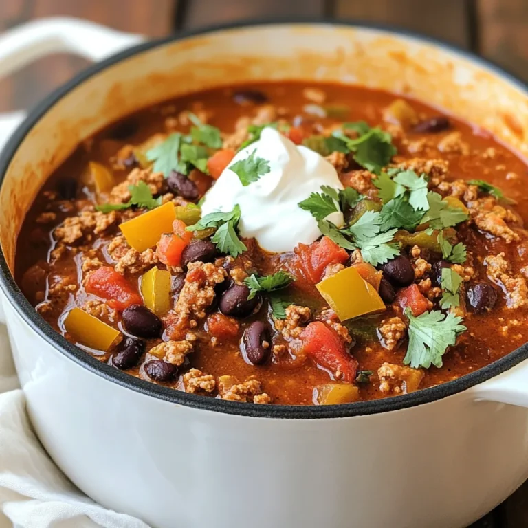 - 1 lb ground turkey - 1 tablespoon olive oil - 1 medium onion, diced - 2 cloves garlic, minced - 1 bell pepper, diced (red or green) - 2 medium carrots, diced - 1 can (14 oz) diced tomatoes (with juices) - 1 can (15 oz) kidney beans, drained and rinsed - 1 can (15 oz) black beans, drained and rinsed The main ingredients bring a mix of taste and nutrition. The ground turkey is lean and full of protein. Olive oil adds healthy fats. The diced vegetables bring flavors and colors, making the chili look great. - 2 tablespoons chili powder - 1 tablespoon ground cumin - 1 teaspoon smoked paprika - ½ teaspoon cayenne pepper (adjust to taste) - Salt and pepper, to taste The spices are the heart of this chili. Chili powder gives it that classic flavor. Ground cumin adds warmth and depth. Smoked paprika brings a hint of smokiness. Cayenne pepper adds the heat, which you can change based on your taste. - Fresh cilantro, chopped - Sour cream or Greek yogurt - Shredded cheese Garnishes add fun and flavor. Fresh cilantro makes the dish feel bright. A dollop of sour cream or Greek yogurt cools down the heat. Shredded cheese adds creaminess and richness. You can mix and match these to your liking. {{ingredient_image_1}} First, heat the olive oil in a large pot over medium heat. Next, add the diced onion. Sauté for about 3-5 minutes. You want it to become clear. Then, add the minced garlic, diced bell pepper, and carrots. Cook for another 5 minutes. Stir occasionally to keep it from burning. Now, add the ground turkey to the pot. Break it up with a spoon. Cook until the turkey is brown, about 5-7 minutes. Make sure the meat is cooked through and no longer pink. After cooking the turkey, it's time to add flavor. Stir in the chili powder, ground cumin, smoked paprika, cayenne pepper, salt, and pepper. Cook for 1-2 minutes to toast the spices. This step brings out their full flavor. Next, pour in the can of diced tomatoes with their juices. Stir everything well. Then, add the chicken or vegetable broth. This will keep your chili moist and tasty. Now, mix in the kidney beans and black beans. Drain and rinse them first. Stir thoroughly to combine all the ingredients. Bring the mixture to a boil. Then, reduce the heat to low. Let it simmer for 30-40 minutes. Stir it occasionally. This lets the flavors mix and the chili thicken. After simmering, taste the chili. Adjust the seasoning if needed. You can add more cayenne for heat or salt for flavor. Serve the chili hot, garnished with fresh cilantro. Enjoy the cozy warmth of your spicy turkey chili! To control the heat, you can modify the cayenne pepper. Start with less than half a teaspoon. Taste the chili and add more if you need it spicier. You can also add sliced jalapeños for extra heat. This gives your chili a fresh, zesty kick. If you can’t find ground turkey, you can use ground chicken or beef. Both will work well in this recipe. Another option is to use a pressure cooker. This method cooks the chili faster while keeping it moist and flavorful. Pair your chili with cornbread or rice for a filling meal. You can also serve it with tortilla chips for crunch. For toppings, fresh cilantro adds brightness. A dollop of sour cream or Greek yogurt cools the heat. Shredded cheese brings richness to each bite. Pro Tips Spice Control: Adjust the amount of cayenne pepper based on your heat preference. Start with less and add more as needed. Flavor Boost: For an extra depth of flavor, consider adding a splash of Worcestershire sauce or a teaspoon of brown sugar while simmering. Make Ahead: This chili tastes even better the next day! Make it in advance and let the flavors meld overnight in the fridge. Vegetable Variations: Feel free to swap in other veggies like zucchini or corn for added nutrition and texture. {{image_2}} You can make a tasty vegetarian chili by swapping turkey for plant-based protein. Try using lentils or crumbled tofu. These options provide texture and protein. For beans, you can use chickpeas or pinto beans instead of kidney and black beans. Add more veggies like zucchini or corn for extra flavor. If you want a low-carb chili, you can skip the beans. Use cauliflower instead for a hearty base. For gluten-free chili, check your spices and broth. Most chili powders and broths are gluten-free, but always read labels. To boost the flavors, add spices like oregano or coriander. A splash of hot sauce can bring a nice kick. You can also mix in seasonal vegetables, like bell peppers in summer or squash in fall. These additions keep your chili fresh and interesting. To store leftover chili, let it cool first. Place it in an airtight container. This keeps the chili fresh. Store it in the fridge for up to four days. Best practices for cooling include spreading the chili in a shallow dish. This speeds up cooling time. You can also stir it occasionally to help release heat. For long-term storage, freezing is great. After cooling, pour the chili into freezer-safe bags. Squeeze out excess air before sealing. This prevents freezer burn. When you want to eat it, thaw the chili in the fridge overnight. You can also use the microwave for quicker thawing. Reheat in a pot over low heat until hot. Stir occasionally to warm it evenly. Chili lasts in the fridge for about four days. After that, it can spoil. Signs of spoilage include off smells, mold, or changes in color. If you see any of these, it’s best to throw the chili away. Always trust your senses when it comes to food safety. You can swap ground turkey for several options. Here are some ideas: - Ground chicken - Lean beef - Pork - Plant-based meat substitutes, like lentils or tofu - Chopped mushrooms for a hearty texture These alternatives can give your chili a new twist. Each option brings its own flavor. To thicken your chili, try these tips: - Simmer it longer to reduce liquid. - Add a tablespoon of cornstarch mixed with water. - Stir in mashed beans or pureed beans for more texture. - Use less broth when cooking if you want it thicker from the start. Each method helps create a rich, hearty chili. Yes, preparing chili in advance is a great idea. Here are some benefits: - Flavors deepen and improve over time. - It saves time on busy days. - Chili freezes well for future meals. Make a big batch, store it, and enjoy cozy nights anytime! This blog post explored making a flavorful chili. We covered key ingredients, like ground turkey and spices, plus preparation steps. I shared tips for adjusting heat and storage advice to keep it fresh. Remember, chili is flexible; you can make vegetarian versions or try different seasonings. Whether you prefer it mild or spicy, you can create your perfect bowl. Enjoy the warmth and comfort of chili anytime!