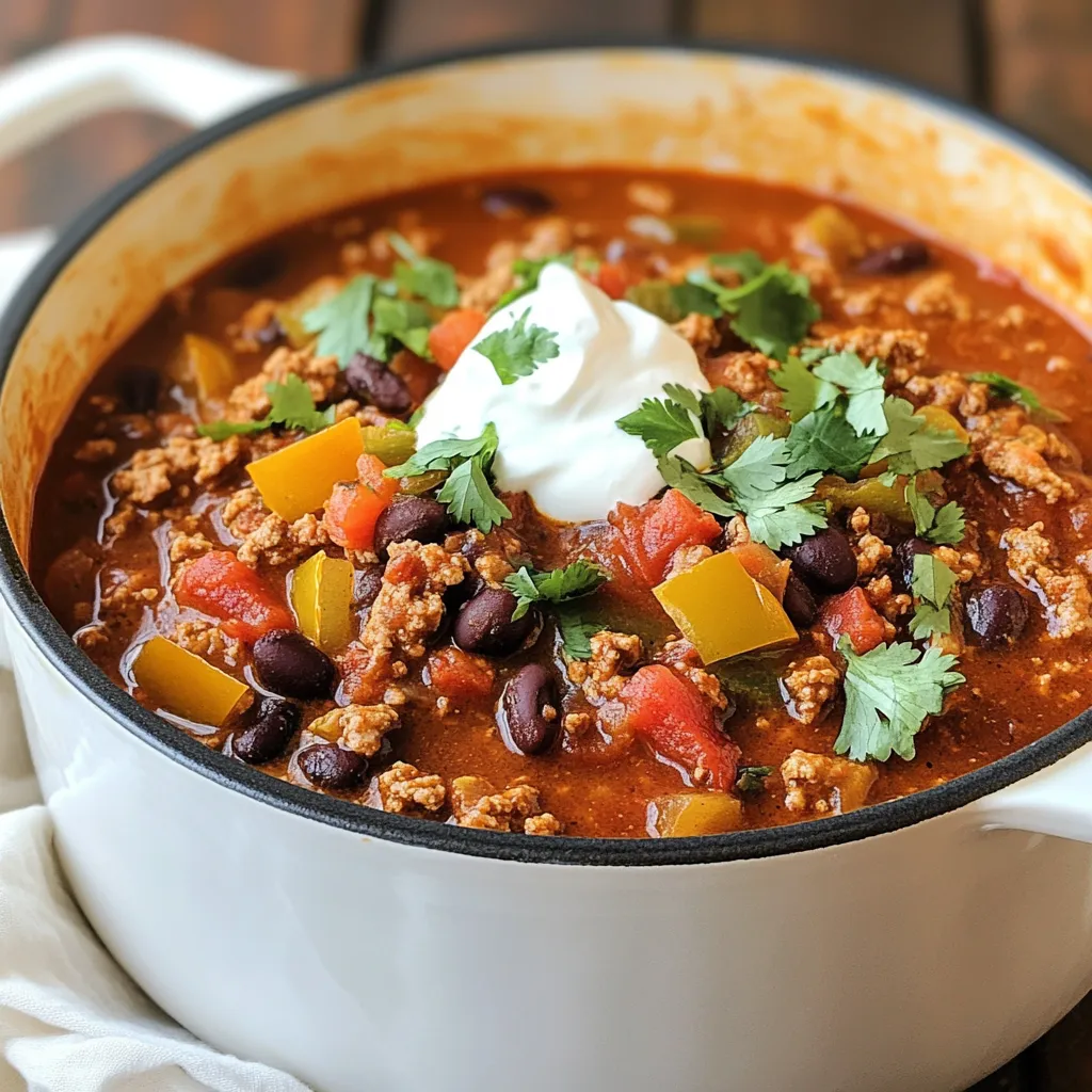 - 1 lb ground turkey - 1 tablespoon olive oil - 1 medium onion, diced - 2 cloves garlic, minced - 1 bell pepper, diced (red or green) - 2 medium carrots, diced - 1 can (14 oz) diced tomatoes (with juices) - 1 can (15 oz) kidney beans, drained and rinsed - 1 can (15 oz) black beans, drained and rinsed The main ingredients bring a mix of taste and nutrition. The ground turkey is lean and full of protein. Olive oil adds healthy fats. The diced vegetables bring flavors and colors, making the chili look great. - 2 tablespoons chili powder - 1 tablespoon ground cumin - 1 teaspoon smoked paprika - ½ teaspoon cayenne pepper (adjust to taste) - Salt and pepper, to taste The spices are the heart of this chili. Chili powder gives it that classic flavor. Ground cumin adds warmth and depth. Smoked paprika brings a hint of smokiness. Cayenne pepper adds the heat, which you can change based on your taste. - Fresh cilantro, chopped - Sour cream or Greek yogurt - Shredded cheese Garnishes add fun and flavor. Fresh cilantro makes the dish feel bright. A dollop of sour cream or Greek yogurt cools down the heat. Shredded cheese adds creaminess and richness. You can mix and match these to your liking. {{ingredient_image_1}} First, heat the olive oil in a large pot over medium heat. Next, add the diced onion. Sauté for about 3-5 minutes. You want it to become clear. Then, add the minced garlic, diced bell pepper, and carrots. Cook for another 5 minutes. Stir occasionally to keep it from burning. Now, add the ground turkey to the pot. Break it up with a spoon. Cook until the turkey is brown, about 5-7 minutes. Make sure the meat is cooked through and no longer pink. After cooking the turkey, it's time to add flavor. Stir in the chili powder, ground cumin, smoked paprika, cayenne pepper, salt, and pepper. Cook for 1-2 minutes to toast the spices. This step brings out their full flavor. Next, pour in the can of diced tomatoes with their juices. Stir everything well. Then, add the chicken or vegetable broth. This will keep your chili moist and tasty. Now, mix in the kidney beans and black beans. Drain and rinse them first. Stir thoroughly to combine all the ingredients. Bring the mixture to a boil. Then, reduce the heat to low. Let it simmer for 30-40 minutes. Stir it occasionally. This lets the flavors mix and the chili thicken. After simmering, taste the chili. Adjust the seasoning if needed. You can add more cayenne for heat or salt for flavor. Serve the chili hot, garnished with fresh cilantro. Enjoy the cozy warmth of your spicy turkey chili! To control the heat, you can modify the cayenne pepper. Start with less than half a teaspoon. Taste the chili and add more if you need it spicier. You can also add sliced jalapeños for extra heat. This gives your chili a fresh, zesty kick. If you can’t find ground turkey, you can use ground chicken or beef. Both will work well in this recipe. Another option is to use a pressure cooker. This method cooks the chili faster while keeping it moist and flavorful. Pair your chili with cornbread or rice for a filling meal. You can also serve it with tortilla chips for crunch. For toppings, fresh cilantro adds brightness. A dollop of sour cream or Greek yogurt cools the heat. Shredded cheese brings richness to each bite. Pro Tips Spice Control: Adjust the amount of cayenne pepper based on your heat preference. Start with less and add more as needed. Flavor Boost: For an extra depth of flavor, consider adding a splash of Worcestershire sauce or a teaspoon of brown sugar while simmering. Make Ahead: This chili tastes even better the next day! Make it in advance and let the flavors meld overnight in the fridge. Vegetable Variations: Feel free to swap in other veggies like zucchini or corn for added nutrition and texture. {{image_2}} You can make a tasty vegetarian chili by swapping turkey for plant-based protein. Try using lentils or crumbled tofu. These options provide texture and protein. For beans, you can use chickpeas or pinto beans instead of kidney and black beans. Add more veggies like zucchini or corn for extra flavor. If you want a low-carb chili, you can skip the beans. Use cauliflower instead for a hearty base. For gluten-free chili, check your spices and broth. Most chili powders and broths are gluten-free, but always read labels. To boost the flavors, add spices like oregano or coriander. A splash of hot sauce can bring a nice kick. You can also mix in seasonal vegetables, like bell peppers in summer or squash in fall. These additions keep your chili fresh and interesting. To store leftover chili, let it cool first. Place it in an airtight container. This keeps the chili fresh. Store it in the fridge for up to four days. Best practices for cooling include spreading the chili in a shallow dish. This speeds up cooling time. You can also stir it occasionally to help release heat. For long-term storage, freezing is great. After cooling, pour the chili into freezer-safe bags. Squeeze out excess air before sealing. This prevents freezer burn. When you want to eat it, thaw the chili in the fridge overnight. You can also use the microwave for quicker thawing. Reheat in a pot over low heat until hot. Stir occasionally to warm it evenly. Chili lasts in the fridge for about four days. After that, it can spoil. Signs of spoilage include off smells, mold, or changes in color. If you see any of these, it’s best to throw the chili away. Always trust your senses when it comes to food safety. You can swap ground turkey for several options. Here are some ideas: - Ground chicken - Lean beef - Pork - Plant-based meat substitutes, like lentils or tofu - Chopped mushrooms for a hearty texture These alternatives can give your chili a new twist. Each option brings its own flavor. To thicken your chili, try these tips: - Simmer it longer to reduce liquid. - Add a tablespoon of cornstarch mixed with water. - Stir in mashed beans or pureed beans for more texture. - Use less broth when cooking if you want it thicker from the start. Each method helps create a rich, hearty chili. Yes, preparing chili in advance is a great idea. Here are some benefits: - Flavors deepen and improve over time. - It saves time on busy days. - Chili freezes well for future meals. Make a big batch, store it, and enjoy cozy nights anytime! This blog post explored making a flavorful chili. We covered key ingredients, like ground turkey and spices, plus preparation steps. I shared tips for adjusting heat and storage advice to keep it fresh. Remember, chili is flexible; you can make vegetarian versions or try different seasonings. Whether you prefer it mild or spicy, you can create your perfect bowl. Enjoy the warmth and comfort of chili anytime!