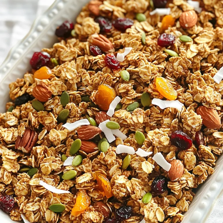 To make this tasty granola, you need: - 3 cups rolled oats - 1 cup mixed nuts (almonds, pecans, walnuts), roughly chopped - 1/2 cup pumpkin seeds - 1/2 cup unsweetened shredded coconut - 1/2 cup maple syrup - 1/4 cup coconut oil (melted) - 1 teaspoon vanilla extract - 2 teaspoons ground cinnamon - 1 teaspoon ground ginger - 1/2 teaspoon ground cardamom - 1/4 teaspoon ground cloves - 1/4 teaspoon nutmeg - 1/2 teaspoon salt - 1 cup dried fruit (raisins, cranberries, or apricots), chopped These ingredients create a warm and inviting flavor. The oats form the base, while the nuts and seeds add crunch. You can customize your granola based on your taste. Here are some fun options: - Chia seeds for extra fiber - Sunflower seeds for a nut-free option - Dark chocolate chips for a sweet touch - Coconut flakes for more tropical flavor - Fresh fruits like banana or apple for added sweetness Feel free to mix and match until you find your favorite combo. Each ingredient brings unique health perks: - Oats are rich in fiber. They help you feel full and can lower cholesterol. - Nuts provide healthy fats and protein. They support heart health and brain function. - Pumpkin seeds are packed with magnesium and zinc. They boost your immune system. - Coconut oil contains medium-chain triglycerides (MCTs), which may help with energy and weight loss. - Maple syrup is a natural sweetener with antioxidants. It can replace refined sugars. By using these ingredients, you create a wholesome snack that is both tasty and good for you. Start by measuring out your ingredients. You need 3 cups of rolled oats, 1 cup of mixed nuts, 1/2 cup of pumpkin seeds, and 1/2 cup of unsweetened shredded coconut. Gather 1/2 cup of maple syrup, 1/4 cup of melted coconut oil, and 1 teaspoon of vanilla extract. Then, grab your spices: 2 teaspoons of ground cinnamon, 1 teaspoon of ground ginger, 1/2 teaspoon of ground cardamom, 1/4 teaspoon of ground cloves, 1/4 teaspoon of nutmeg, and 1/2 teaspoon of salt. Lastly, prepare 1 cup of dried fruit, like raisins or cranberries, and chop them up. Preheat your oven to 325°F (165°C). Line a large baking sheet with parchment paper. In a big bowl, mix the dry ingredients: rolled oats, chopped nuts, pumpkin seeds, shredded coconut, and salt. In another bowl, whisk together the melted coconut oil, maple syrup, and vanilla extract. Pour this wet mixture over the dry ingredients. Toss everything together until the oats and nuts are well coated. Now, sprinkle in the spices and mix again until everything is evenly distributed. Spread the granola mixture evenly on the baking sheet. Press it down a bit to form crunchy clusters. Bake it in the oven for 25 to 30 minutes. Make sure to stir halfway through. Keep an eye on it during the last few minutes to avoid burning. When it turns golden brown and smells amazing, take it out. Let it cool completely on the baking sheet. After it cools, stir in the chopped dried fruit. Store your granola in an airtight container at room temperature for up to two weeks. Enjoy your crunchy delight! To get those crunchy clusters, press the granola down on the baking sheet. This helps it stick together. Use a spatula to spread it evenly. Bake it at 325°F until it turns golden brown. Stir it halfway through for an even bake. Watch it closely, as it can brown quickly. Feel free to play with the spices! Add more cinnamon or ginger if you love those flavors. You can even try adding a pinch of cayenne for a kick. If you like it sweeter, increase the maple syrup. Adjusting these flavors makes it your own. One common mistake is not mixing the wet and dry ingredients well. This can lead to uneven flavor. Another mistake is not keeping an eye on the oven. Granola can go from perfect to burnt in just a minute. Lastly, don’t skip letting it cool before adding dried fruit. This keeps the fruit from getting too sticky. {{image_2}} If you want a nut-free granola, use seeds instead. Pumpkin seeds and sunflower seeds work well. You can mix in hemp seeds for extra protein. This change keeps the crunch while removing nuts. Adjust the portion to maintain the same texture. Maple syrup is sweet and tasty, but you can swap it. Honey or agave syrup can add a unique flavor. For oils, use sunflower or canola oil instead of coconut oil. These swaps can change the taste but still keep it delicious. Adding fruit can make your granola even better. In fall, try chopped apples or pears. In summer, use dried cherries or blueberries. Each season brings a chance to change the flavors. This keeps the granola fresh and exciting. To keep your Maple Chai Spiced Granola fresh, store it in an airtight container. Glass jars or plastic bins work well. Make sure the lid seals tightly. This helps keep moisture out and maintains crunch. Place the container in a cool, dry spot away from sunlight. Avoid storing near heat sources, like the stove. Homemade granola stays fresh for about two weeks when stored properly. If you want it to last longer, consider freezing it. In the freezer, it can last for up to three months. Just make sure to use a freezer-safe container. When ready to eat, thaw it in the fridge overnight. You can tell if your granola is stale by its smell and taste. Fresh granola has a rich aroma of spices and nuts. If it smells off or bland, it may be stale. A soft or chewy texture instead of crunchy also signals that it's time to toss it. Always trust your senses when checking freshness. Yes, you can make this granola vegan. Use maple syrup as a sweetener. Replace coconut oil with a plant-based oil, like canola or avocado oil. This way, you keep the flavor while making it vegan-friendly. You can easily adjust the spices. If you like more warmth, add extra cinnamon or ginger. For a milder taste, reduce the spices by half. You can also try other spices, like allspice or turmeric, for a unique twist. This granola is great for many uses. Enjoy it with yogurt for breakfast. You can sprinkle it on oatmeal or smoothie bowls. It also makes a crunchy topping for desserts or snack on it straight from the jar. Yes, you can freeze granola. Place it in an airtight container or a freezer bag. It will last for up to three months in the freezer. Just let it thaw at room temperature before enjoying it. You can find pre-made Maple Chai Spiced Granola at health food stores. Online retailers also offer it. Look for brands that focus on natural ingredients and quality. Check the labels to ensure they match your taste preferences. You learned how to make Maple Chai Spiced Granola. We covered key ingredients, from essential to optional. You now know how to prep and bake this tasty treat. Plus, tips will help you avoid mistakes and create perfect clusters. As you try this recipe, enjoy the health benefits too. Customize it to fit your taste. With the right storage, your granola stays fresh and delicious. Keep these tips in mind, and your granola will be a hit!