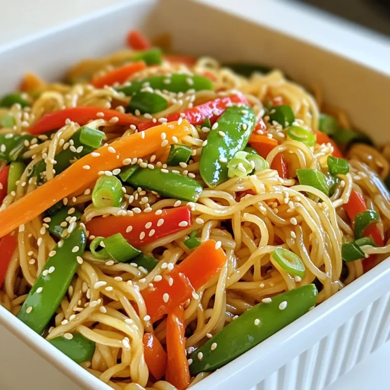- 8 oz. rice noodles - 2 tablespoons sesame oil - 1 tablespoon fresh ginger, grated - 2 cloves garlic, minced - 3 tablespoons soy sauce (or tamari for gluten-free) - 1 tablespoon honey or maple syrup - 1 tablespoon rice vinegar - 1 medium carrot, julienned - 1 red bell pepper, thinly sliced - ½ cup snap peas, trimmed - 2 green onions, sliced - Sesame seeds for garnish - Fresh cilantro leaves for garnish (optional) To make Minute Sesame Ginger Noodles, you need simple yet vibrant ingredients. You start with rice noodles, which are the base of the dish. They cook fast and absorb flavors well. Next is sesame oil. It adds a nutty taste that makes the dish shine. Fresh ginger and garlic bring warmth and depth to each bite. For the sauce, use soy sauce or tamari. Soy sauce gives a salty kick, while tamari is great for gluten-free options. Honey or maple syrup adds sweetness, balancing the flavors perfectly. Rice vinegar brings a tangy note, brightening the dish. Now, let’s talk about the vegetables! Carrots bring crunch, while bell peppers add color. Snap peas provide a fresh bite. Green onions on top give a pop of flavor and color. Finally, sprinkle sesame seeds and fresh cilantro for the perfect finish. These ingredients combine to create a quick, tasty meal you can enjoy any day! Start by boiling water in a large pot. Once the water is boiling, add the rice noodles. Cook them for about 3-4 minutes or until they are soft but still firm. Drain the noodles and rinse them under cold water. This stops the cooking process and keeps them from getting mushy. Set the noodles aside for later. In a large skillet or wok, heat 2 tablespoons of sesame oil over medium heat. Add 1 tablespoon of grated ginger and 2 cloves of minced garlic. Sauté them for about 1 minute, just until they smell great. This step adds a wonderful flavor to your dish. Next, mix the sauce in the skillet. Pour in 3 tablespoons of soy sauce, 1 tablespoon of honey (or maple syrup), and 1 tablespoon of rice vinegar. Stir everything together well until the sauce is smooth. This sauce will coat your noodles and veggies with a tasty glaze. Now it’s time to add some color and crunch. Toss in the julienned carrots, sliced red bell pepper, and snap peas. Stir-fry these veggies for about 3-4 minutes. You want them to become tender but still crisp. This keeps the dish fresh and vibrant. Add the cooked rice noodles to the skillet with the veggies. Toss everything together so the noodles get coated in the sauce. Cook for another 2 minutes to heat everything through. This step brings all the flavors together in a delicious way. When you’re ready to serve, remove the skillet from heat. Sprinkle sliced green onions and sesame seeds on top. For an extra touch, add fresh cilantro leaves if you like. Serve the noodles hot, and enjoy the burst of flavors with every bite! To cook rice noodles well, follow the package instructions closely. Usually, you will soak them in hot water. This method helps them stay tender. Rinse the noodles under cold water after cooking. This step stops the cooking process and keeps the noodles from sticking. Sesame oil adds a rich, nutty taste to your dish. Use pure sesame oil for the best flavor. It is stronger than light sesame oil. A little goes a long way, so don't overdo it. This oil enhances the overall taste of the noodles and veggies. Adding protein boosts the meal's nutrition. You can use chicken, shrimp, or tofu. Cook the protein first, then add it to the noodles. For a vegetarian option, try chickpeas or edamame. These options mix well with the flavors in the sauce. If you like heat, add crushed red pepper or chili paste. Start with a small amount, then taste. You can always add more spice later. For a milder dish, stick with the basic recipe. Adjust the spice to suit your taste buds and enjoy! {{image_2}} You can easily make this dish vegetarian or vegan. Simply replace honey with maple syrup. For a heartier meal, add tofu or tempeh. Both options soak up flavor well, adding protein. Use soy sauce or tamari to keep it plant-based. To make these noodles gluten-free, use tamari instead of soy sauce. Rice noodles are naturally gluten-free, so you're already on the right track. Just check the labels to ensure all your ingredients are gluten-free. Feel free to add more veggies for extra color and nutrition. Broccoli, zucchini, or bell peppers work great. You can also use leafy greens like spinach or kale. Just stir-fry them until they're tender but still bright. Mix up the flavors by trying other sauces. Sriracha can add heat, while peanut sauce gives a nutty twist. You can also experiment with lime juice or sesame paste for a different taste. Adjust the seasonings to your liking for a unique dish each time. To keep your Minute Sesame Ginger Noodles fresh, place them in an airtight container. Let them cool to room temperature before sealing. Store in the fridge for up to three days. When ready to eat, check for any signs of spoilage. If they smell off, toss them out. To reheat, use a skillet over medium heat. Add a splash of water or oil to keep them moist. Stir gently until warmed through. You can also use the microwave. Heat in 30-second bursts, stirring in between. This helps avoid hot spots and keeps the noodles tender. If you have extra noodles, you can freeze them. Place them in a freezer-safe bag or container, removing as much air as possible. They will last for about one month. To use, thaw them in the fridge overnight. Reheat as mentioned above, adding fresh veggies for a boost. Yes, you can use other noodles. Try soba, udon, or even spaghetti. Each type adds a unique taste and texture. Just cook them according to their package instructions. Cooked noodles can last about 3 to 5 days in the fridge. Store them in an airtight container to keep them fresh. Always check for any off smells or signs of spoilage before eating. If you lack sesame oil, try olive oil or peanut oil. Both add great flavor, though they differ slightly. You could also mix in a bit of toasted sesame seeds for that nutty taste. Yes, this recipe is great for meal prep. You can cook a batch and store it in the fridge. Just reheat before serving to enjoy quick, tasty meals all week. Absolutely! To add some heat, include chili flakes or sriracha. You can also add sliced fresh chili peppers to the stir-fry for a spicy kick. Adjust the spice level to suit your taste. This blog post covered key ingredients and steps to make a tasty noodle dish. You learned how to cook rice noodles, stir-fry veggies, and make a flavorful sauce. I shared tips for perfect noodles, adding proteins, and adjusting spice. You can try many variations, like vegan or gluten-free options. Lastly, I gave advice on storing and reheating leftovers. Cooking doesn’t need to be hard. With these tips, you can enjoy delicious meals at home.