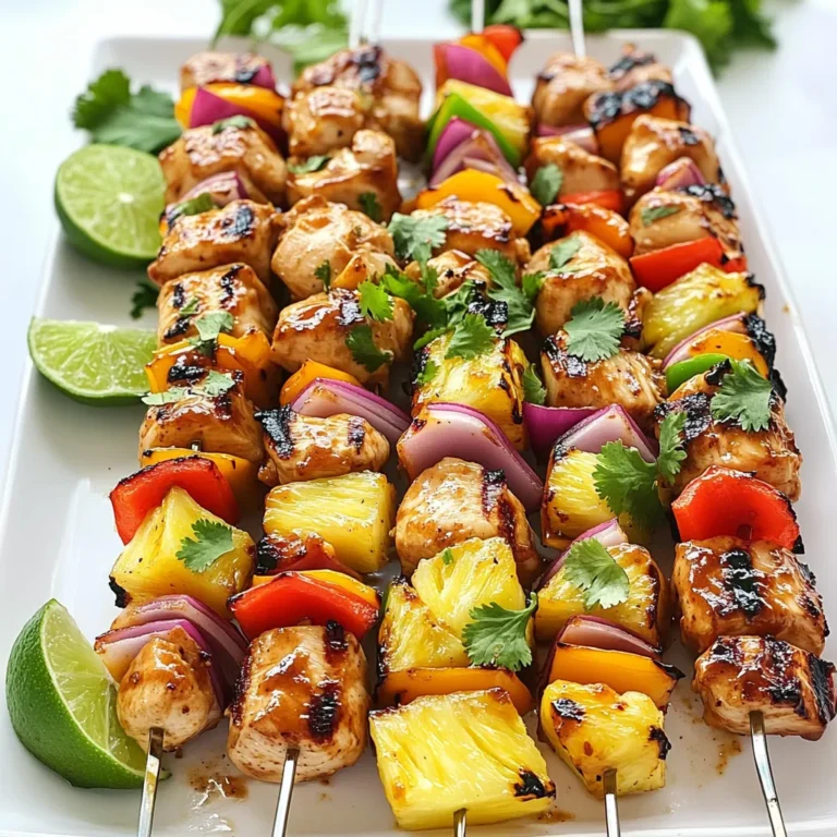 - 1 lb boneless chicken breasts, cut into 1-inch cubes - 1 cup pineapple chunks (fresh or canned) - 1 red bell pepper, cut into 1-inch pieces - 1 yellow bell pepper, cut into 1-inch pieces - 1 red onion, cut into wedges Hawaiian BBQ chicken kebabs are colorful and tasty. The chicken is the star here. Use fresh, boneless chicken for the best flavor and texture. The pineapple adds sweetness. The peppers give a nice crunch and color. The onion adds a bit of zing. - 1/4 cup soy sauce - 1/4 cup honey - 2 tablespoons rice vinegar - 2 cloves garlic, minced - 1 teaspoon grated fresh ginger - 1 teaspoon garlic powder - 1 teaspoon ground black pepper - 1 tablespoon olive oil The marinade makes the chicken juicy and tasty. Soy sauce adds saltiness. Honey gives a sweet touch. Rice vinegar adds a bit of tang. Garlic and ginger boost the flavor. - Wooden or metal skewers (if using wooden skewers, soak in water for 30 minutes) Using skewers is key. They help hold everything together. If you use wooden skewers, soak them first. This prevents burning on the grill. Metal skewers work well too and can be reused. To start, you want to make the marinade. In a large bowl, mix together the soy sauce, honey, rice vinegar, minced garlic, grated ginger, garlic powder, and black pepper. This mix adds sweet and tangy flavors to the chicken. Cut the chicken breasts into 1-inch cubes. Add these cubes to the bowl and stir until each piece is covered. Cover the bowl and let it chill in the fridge for at least 1 hour. For even better flavor, marinate it for up to 4 hours. While the chicken soaks up the flavors, it’s time to prep the veggies. Cut the red and yellow bell peppers into 1-inch pieces. This size helps them cook well on the grill. If you're using fresh pineapple, cut it into cubes too. For the onion, cut it into wedges. Having all ingredients ready makes assembly a breeze. Once the chicken is marinated, it’s time to grill! Preheat your grill to medium-high heat. Grab your skewers, whether they are wooden or metal. If you use wooden skewers, soak them in water for 30 minutes. Start threading the marinated chicken, pineapple, bell peppers, and onion onto the skewers. Alternate the ingredients for a colorful look. Brush the skewers lightly with olive oil to prevent sticking. Place them on the grill and cook for about 10-12 minutes. Turn them occasionally. Check that the chicken reaches an internal temperature of 165°F. When the kebabs are done, take them off the grill. Let them rest for a few minutes. This step helps keep the chicken juicy and tender. Serve the kebabs hot on a large platter. You can garnish with fresh cilantro or parsley and lime wedges. A drizzle of extra honey or the boiled marinade can add extra flavor. Enjoy your tasty Hawaiian BBQ chicken kebabs! To get the best flavor, marinate the chicken for at least one hour. If you have more time, let it sit for up to four hours. The longer the chicken soaks, the more it absorbs the tasty marinade. This makes every bite juicy and full of flavor. Always cover the bowl with plastic wrap. This helps keep the chicken fresh and prevents any mess in your fridge. To get those beautiful grill marks, preheat your grill to medium-high heat. Brush the skewers with olive oil before grilling. This helps prevent sticking. Place the kebabs on the grill at a slight angle. Cook them for 4-6 minutes on each side. You want to turn them just once to keep those grill marks sharp. Use tongs to flip them carefully. When serving, arrange the kebabs on a large platter. Add fresh herbs like cilantro or parsley for color. Place lime wedges around the kebabs for a zesty touch. For extra flavor, you can drizzle some honey or the boiled leftover marinade on top. This makes your dish look great and taste even better! Your guests will love the vibrant colors and fresh flavors. {{image_2}} You can switch up the protein in your kebabs. Try shrimp, pork, or tofu. Each option brings a new flavor. Shrimp cooks quickly and adds a sweet taste. Pork gives a nice richness, while tofu is great for a plant-based dish. Just remember to adjust cooking times. Mixing vegetables can change your kebab game. Use zucchini, mushrooms, or cherry tomatoes. These veggies add color and taste. Zucchini grills well and keeps its shape. Mushrooms soak up flavors, and cherry tomatoes burst with sweetness. Feel free to get creative with your veggie choices. Marinades can bring new flavors to your kebabs. Try adding citrus juice for brightness. Lime or orange juice works well. You can also use herbs like cilantro or basil. For a spicy kick, add chili sauce or red pepper flakes. Each change can turn a simple dish into something special. To store leftover kebabs, let them cool first. Place the kebabs in a shallow dish. Cover them tightly with plastic wrap or foil. You can also use an airtight container. Keep them in the fridge for up to three days. This helps keep the flavors fresh. When you want to eat the leftovers, reheating is simple. You can use a microwave, oven, or grill. For the microwave, place the kebabs on a plate. Heat for one to two minutes. If using an oven, preheat it to 350°F (175°C). Bake the kebabs for about 10 minutes. If you prefer the grill, warm them over medium heat. This helps restore that grilled taste. You can freeze the kebabs for longer storage. Wrap each kebab in plastic wrap. Then, place them in a freezer-safe bag. Be sure to squeeze out as much air as possible. This keeps them fresh for up to three months. To thaw, move them to the fridge the night before. When ready, reheat them as described above. Enjoy your delicious Hawaiian BBQ chicken kebabs anytime! Hawaiian BBQ Chicken Kebabs are tasty skewers made with chicken, pineapple, and colorful veggies. You marinate the chicken in a mix of soy sauce, honey, and spices. The result is a sweet and savory dish that brings a tropical vibe to your meal. They cook quickly on the grill, making them perfect for parties or family dinners. Yes, you can use frozen chicken for this recipe. Just remember to thaw the chicken completely before marinating. This helps the flavors soak in better. You can thaw the chicken overnight in the fridge or use the microwave if you're in a hurry. To make Hawaiian BBQ Chicken Kebabs gluten-free, swap regular soy sauce for gluten-free soy sauce or tamari. Check all other ingredients to ensure they are gluten-free. This way, you can enjoy the kebabs without worry. The ideal internal temperature for chicken is 165°F (75°C). Use a meat thermometer to check the chicken. This ensures it is safe to eat and keeps the meat juicy. Cooking to this temperature is key for great kebabs. You learned how to make tasty Hawaiian BBQ chicken kebabs. We covered main ingredients, marinade, and preparation. I shared steps for marinating, grilling, and serving. Tips helped you create perfect grill marks and present the dish well. You also found ways to store leftovers and variations to try. These kebabs are fun to make and share. Explore your creativity and enjoy every bite. Remember, the key is in the marinade and fresh ingredients. Happy cooking!