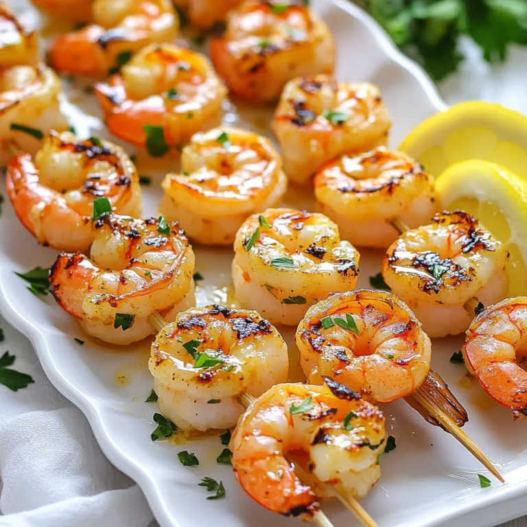 - 1 lb large shrimp, peeled and deveined - 4 cloves garlic, minced - 1/2 cup unsalted butter, melted - 2 tablespoons fresh parsley, chopped - 1 tablespoon lemon juice - 1 teaspoon paprika - Salt and pepper to taste - Skewers (soaked in water if using wooden ones) - Additional spices (e.g., cayenne for heat) - Fresh herbs for garnish - Vegetables for skewering (e.g., bell peppers, zucchini) The main ingredients make this dish shine. You need large shrimp, peeled and deveined, for the best flavor. Garlic adds depth, while melted butter creates a rich base. Fresh parsley brings a bright touch. Lemon juice adds zing, and paprika gives color and warmth. Don’t forget salt and pepper for seasoning! If you use wooden skewers, soak them in water. This prevents burning during grilling. Optional ingredients can enhance your skewers. If you like heat, add cayenne pepper. You can also use fresh herbs like cilantro or basil for garnish. Grilled vegetables like bell peppers or zucchini make perfect partners for the shrimp. Feel free to get creative! {{ingredient_image_1}} 1. Create the garlic butter marinade In a mixing bowl, combine the melted butter, minced garlic, chopped parsley, lemon juice, paprika, salt, and pepper. Stir well until mixed. This marinade gives the shrimp a big flavor boost. 2. Marinate the shrimp for flavor enhancement Add the shrimp to the bowl and toss them until they are fully coated. Let them sit for 15-20 minutes. This step allows the shrimp to soak up all the tasty flavors from the marinade. 1. Preheat the grill or grill pan Set your grill or grill pan to medium-high heat. A hot grill ensures that the shrimp cook quickly and evenly. 2. Thread shrimp onto skewers Take the marinated shrimp and thread them onto skewers. Aim for about 4-5 shrimp per skewer. Leave a little space between each shrimp to help them cook well. 3. Grill the shrimp to perfection Place the skewers on the grill. Cook for about 2-3 minutes on each side. The shrimp should turn pink and opaque. Be careful not to overcook them, as they can become tough. Once done, drizzle any leftover garlic butter from the bowl over the skewers for extra flavor. The best time to marinate shrimp is 15-20 minutes. This gives the shrimp time to soak up the flavors. If you marinate too long, the shrimp can turn mushy. Choose large shrimp for this recipe. They hold up well on the grill and taste great. Look for shrimp that are firm and smell fresh. Peel and devein them for a clean taste. To prevent shrimp from overcooking, watch the clock. Grill them for just 2-3 minutes on each side. They turn pink and opaque when done. Remove them from heat right away. For even cooking, leave space between shrimp on the skewers. This way, the heat circulates and cooks them well. Soak wooden skewers in water before grilling. This keeps them from burning. Pro Tips Buy Fresh Shrimp: Always choose fresh shrimp for the best flavor. Look for shrimp that are firm, translucent, and have a mild sea scent. Don't Overcook: Shrimp cook very quickly; remove them from the grill as soon as they turn pink and opaque to avoid a rubbery texture. Use Soaked Skewers: If using wooden skewers, soak them in water for at least 30 minutes before grilling to prevent them from burning. Add Zest: For an extra layer of flavor, consider adding a teaspoon of lemon zest to the marinade along with the lemon juice. {{image_2}} You can change the flavor of your garlic butter shrimp skewers in fun ways. For a kick, try spicy garlic butter shrimp. Just add a pinch of cayenne pepper to your marinade. This little spice will give your dish a nice heat. You can adjust the heat level based on your taste. Another great option is citrus-infused garlic butter. Add some fresh orange or lime juice to the marinade. The citrus will brighten the flavors. It pairs well with the shrimp and garlic. You can also add some zest from the fruit for extra flavor. Both variations keep the dish fresh and exciting. To make your meal even better, pair the skewers with grilled vegetables. Bell peppers, zucchini, and cherry tomatoes are great choices. Grill them alongside your shrimp for a colorful plate. The smoky flavor of the veggies mixes well with the shrimp. You might also want to serve your skewers with a light salad. A fresh green salad with lemon vinaigrette works well. It adds a crisp contrast to the rich garlic butter. Rice or quinoa can also be great side dishes. Both options soak up the flavors and make your meal more filling. Enjoy your tasty shrimp skewers in any of these ways! To store leftover shrimp skewers, let them cool down first. Place the skewers in an airtight container. You can keep them in the fridge for up to two days. If you want to keep the shrimp moist, drizzle a little olive oil over them before sealing. This helps prevent drying out. For freezing cooked shrimp skewers, remove the shrimp from the skewers. Lay them flat in a single layer on a baking sheet. Freeze until solid, then transfer them to a freezer bag. This keeps them from sticking together. They can last up to three months in the freezer. When ready to eat, thaw them in the fridge overnight before reheating. Yes, you can use frozen shrimp. Just thaw them before cooking. Place the shrimp in a bowl of cold water for about 15-20 minutes. Once they are thawed, peel and devein them if needed. This way, you can still enjoy the garlic butter flavor! You know shrimp are cooked when they turn pink and opaque. They should also curl slightly into a C shape. If they remain gray or translucent, they need more time. Avoid overcooking, as they can become tough and chewy. Yes, these skewers are great for meal prep. You can make them ahead and store them in the fridge. Just reheat them in the microwave or on a skillet when ready to eat. They stay tasty and flavorful! If you want a butter substitute, try using olive oil or coconut oil. Both options give a rich flavor and keep the shrimp moist. You can also use vegan butter for a dairy-free option. This blog post shared how to make tasty garlic butter shrimp skewers. We covered the main ingredients, preparation and cooking steps, and tips to enhance your dish. Remember, marinate your shrimp for great flavor. Use fresh herbs or spices to mix things up. Now you can grill shrimp like a pro. Enjoy your meal with friends or family!