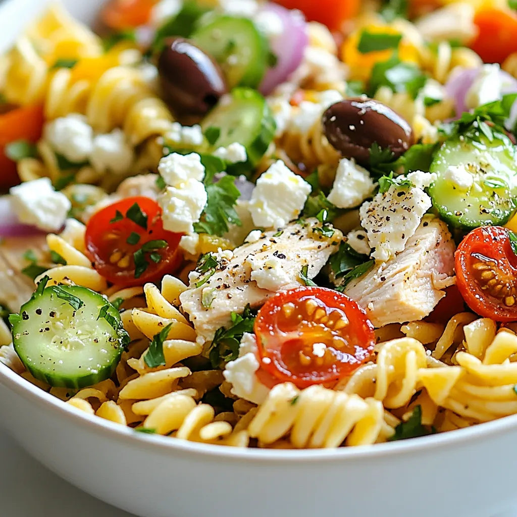 - 2 cups rotini or penne pasta - 1 pound cooked chicken breast, diced - 1 cup cherry tomatoes, halved - 1 cucumber, diced - 1/2 red onion, thinly sliced - 1 cup Kalamata olives, pitted and halved - 1 cup feta cheese, crumbled - 1/4 cup fresh parsley, chopped - 1/4 cup olive oil - 2 tablespoons red wine vinegar - 1 teaspoon dried oregano - Salt and pepper to taste - Additional parsley - Slices of cucumber I love this Greek Chicken Pasta Salad because it is fresh and bright. The main ingredients create a colorful dish. The rotini or penne pasta serves as a great base. Choose either pasta for a fun twist. The cooked chicken adds protein and keeps you full. Cherry tomatoes give a pop of color and sweetness. Next, the cucumber adds a nice crunch. The red onion brings a sharp flavor, but it’s not too strong. Kalamata olives add a briny taste that balances everything. Feta cheese gives a creamy texture and salty kick. Fresh parsley adds a touch of brightness and freshness. For the dressing, I mix olive oil and red wine vinegar for a tangy base. Dried oregano gives it that classic Greek flavor we love. Finally, I season with salt and pepper to make it perfect. You can also add optional garnishes for extra flair. A sprinkle of parsley on top looks nice. Slices of cucumber on the side make it look fresh and inviting. This dish is not just filling; it’s also a feast for the eyes! {{ingredient_image_1}} Start by boiling a large pot of salted water. This helps add flavor to the pasta. Once the water is boiling, add 2 cups of rotini or penne pasta. Cook it until it is al dente, which means it should be firm but not hard. This usually takes about 8 to 10 minutes. Drain the pasta in a colander and rinse it under cold water. This cools it down and stops the cooking process. In a large mixing bowl, combine the cooled pasta with 1 pound of diced cooked chicken. Next, add in 1 cup of halved cherry tomatoes, 1 diced cucumber, and 1/2 thinly sliced red onion. Then, toss in 1 cup of pitted and halved Kalamata olives, along with 1 cup of crumbled feta cheese. Mix these ingredients well so that everything is evenly distributed. In a small bowl, whisk together 1/4 cup of olive oil and 2 tablespoons of red wine vinegar. Add in 1 teaspoon of dried oregano, along with salt and pepper to taste. Whisk until the dressing is smooth and well mixed. Taste it and adjust the seasoning if needed. Drizzle the dressing over the pasta salad. Then, gently toss all the ingredients together until everything is well coated with the dressing. Finally, add 1/4 cup of chopped fresh parsley and give the salad another gentle toss to mix it in. Cover the bowl with plastic wrap or a lid. Place the salad in the refrigerator for at least 30 minutes. This chilling time allows the flavors to meld beautifully. Enjoy your flavorful and fresh Greek chicken pasta salad! To ensure your pasta doesn’t stick, follow these tips: - Use plenty of salted water when boiling the pasta. - Stir the pasta for the first minute while it cooks. - Avoid adding oil to the water, as it can prevent sauce from sticking later. Rinsing the pasta is key. After cooking, drain and rinse it under cold water. This stops the cooking process and cools the pasta down quickly. It also helps remove some starch, which can make the dish too sticky. Adjust the flavors of your dressing to suit your taste. If you want more tang, add extra vinegar. If you prefer a milder taste, use less. Mix and taste until you find the perfect balance. If you don’t have red wine vinegar, try these alternatives: - Lemon juice for a fresh zing. - Apple cider vinegar for a sweeter note. - Balsamic vinegar if you want a richer flavor. For presentation, serve the salad in a large bowl. You can also use individual plates for a nice touch. Garnish with extra parsley and cucumber slices to make it look fresh and inviting. Pair this salad with grilled meats or a crusty bread. It also works well with a light soup or roasted veggies for a complete meal. Pro Tips Cook Pasta Al Dente: Make sure to cook the pasta just until al dente for the best texture, as it will continue to absorb dressing and flavors while it cools. Chill Before Serving: Allow the salad to chill in the refrigerator for at least 30 minutes before serving to enhance the flavors and ensure a refreshing taste. Use Fresh Ingredients: Opt for fresh, high-quality ingredients, especially when it comes to olives and feta cheese, to elevate the taste of your salad. Customize Your Veggies: Feel free to add or substitute your favorite vegetables, such as bell peppers or artichokes, to suit your taste and make the dish your own. {{image_2}} You can switch up the protein in your Greek chicken pasta salad. Grilled shrimp adds a light touch. It pairs well with the pasta and veggies. Tofu is another great choice for a plant-based option. It soaks up the dressing and adds a nice texture. If you want something quick, rotisserie chicken is perfect. Just shred it and mix it in. It saves time and still tastes great. For those who need gluten-free options, look for gluten-free pasta. Many brands offer pasta that tastes just as good. This way, everyone can enjoy the salad. If you're vegan, try using a dairy-free feta. There are many brands that mimic the taste and texture of regular feta. It keeps the salad flavorful while meeting dietary needs. To boost flavor, add capers or roasted red peppers. They bring a nice zing to the dish. You can also mix in fresh herbs like basil or dill. They add depth and freshness to each bite. Experiment with these variations to make the salad your own. Each change can create a fun twist on this classic dish. To keep your Greek Chicken Pasta Salad fresh, place it in an airtight container. Make sure the lid fits tightly. This helps prevent any odors from other foods. The salad will last about 3 to 5 days in the fridge. Before serving, give it a good stir to mix everything well. You can freeze Greek Chicken Pasta Salad, but it may change texture. If you want to freeze it, do not add the dressing yet. Instead, freeze the salad ingredients together. Use a freezer-safe bag or container. Remove as much air as possible to avoid freezer burn. It can last up to 3 months in the freezer. When ready to eat, thaw it in the fridge overnight. Most salads, including this one, are best served cold. However, if you prefer it warm, gently reheat the chicken separately. Use a microwave or skillet on low heat. Avoid reheating the pasta and veggies together as they may become soggy. After reheating the chicken, mix it back in with the salad. Always serve it fresh for the best taste. You can store Greek Chicken Pasta Salad in the fridge for up to three days. Make sure to keep it in an airtight container. This helps keep the salad fresh and safe to eat. After three days, the flavor may fade and the textures can change. Yes! You can make this salad a day ahead. Just prepare it and cover it well in the fridge. This gives the flavors more time to blend. I recommend adding the parsley right before serving. This keeps it fresh and vibrant. If you don’t like olives, you can skip them. Try adding artichoke hearts or sun-dried tomatoes instead. For feta, you can use goat cheese or a dairy-free cheese. These options will still give you a nice flavor. Greek Chicken Pasta Salad is quite healthy. It has lean protein from the chicken. The fresh veggies add fiber and vitamins. Feta cheese gives calcium, but you can skip it for fewer calories. Overall, this salad is a balanced and nutritious meal. This Greek Chicken Pasta Salad is easy to make and packed with flavor. We covered the ingredients, step-by-step instructions, and helpful tips to ensure your salad shines. You can also explore variations and storage options for convenience. Remember, this dish is great for meal prep or gatherings. Enjoy experimenting with flavors and making it your own. With these techniques, your salad will impress every time. Dive in and savor each bite!