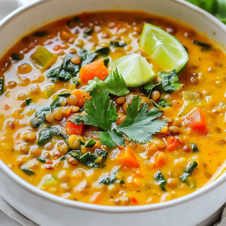 - 1 cup green or brown lentils, rinsed - 1 can (400ml) coconut milk - 4 cups vegetable broth - 1 onion, diced - 3 cloves garlic, minced - 1 tablespoon fresh ginger, grated - 1 tablespoon red curry paste - 1 teaspoon turmeric powder - 1 teaspoon cumin powder - 1 cup carrots, diced - 1 cup bell pepper, diced (any color) - 1 cup spinach leaves, roughly chopped - 2 tablespoons olive oil - Salt and pepper to taste You need these main ingredients to make the soup rich and tasty. Lentils add protein and fiber. Coconut milk gives a creamy texture. The spices bring warmth and flavor. You can use any colorful bell pepper you like. - Fresh cilantro for garnish - Lime wedges for serving Garnishes make your soup look appealing and add fresh flavor. Cilantro gives a nice touch. Lime adds brightness and zing. - Use vegetable stock instead of broth for a lighter flavor. - Swap lentils with chickpeas for a different texture. - If you don’t have red curry paste, use yellow curry paste. - You can replace spinach with kale or Swiss chard. If you lack an ingredient, don't worry! Many substitutions work well. Just keep the spirit of the soup in mind. Enjoy making it your own! {{ingredient_image_1}} Start by heating olive oil in a large pot over medium heat. Add the diced onion and sauté it for three to four minutes. You want the onion to be soft and clear. Then, stir in the minced garlic and grated ginger. Cook this mixture for one to two minutes. You will smell a lovely aroma as it cooks. Next, add the red curry paste, turmeric, and cumin. Make sure to stir well so that the spices coat the onion mix. Let everything cook for another minute to release those flavors. Now, it’s time to add the liquids. Pour in the vegetable broth and coconut milk, stirring to combine. Then, add the rinsed lentils along with the diced carrots and bell pepper. Bring this mixture to a boil. Once boiling, lower the heat and cover the pot. Let it simmer for 25 to 30 minutes. This step is key, as it allows the lentils and veggies to soften. After the cooking time, check to ensure everything is tender. Once the soup is cooked, stir in the chopped spinach leaves. Cook for an additional two to three minutes until the spinach wilts. Finally, season with salt and pepper according to your taste. Ladle the soup into bowls and garnish with fresh cilantro. Serve lime wedges on the side for an extra zing! Enjoy your warm and comforting bowl of coconut curry lentil soup! To boost the flavor of your Coconut Curry Lentil Soup, think layers. Start with fresh herbs like cilantro. They bring a bright taste. Add lime juice at the end for a zesty kick. If you like heat, toss in some chili flakes. They add warmth without taking over the dish. You can also try different curry pastes for unique flavors. A dash of soy sauce or fish sauce can deepen the taste too. You can cook this soup in many ways. If you prefer a slow cooker, start by sautéing the onion and spices in a pan. Then add all the ingredients to the slow cooker. Let it cook on low for 6–8 hours. Instant Pot lovers can cook it fast. Use the sauté function for the onion and spices, then add everything else. Cook on high pressure for 15 minutes. Both methods yield great results! Watch out for overcooking the lentils. They should be tender but not mushy. Always rinse your lentils before use. This step removes dirt and helps them cook evenly. If you add too much salt early, it can overpower the dish. Taste before seasoning! Lastly, make sure to stir the soup while it cooks. This prevents sticking and ensures even cooking. Pro Tips Choose the Right Lentils: Green or brown lentils work best for this soup as they hold their shape well and provide a hearty texture. Adjust the Spice Level: If you prefer a milder soup, reduce the amount of red curry paste. You can always add more at the end to taste. Fresh Herbs Matter: Garnishing with fresh cilantro adds a bright flavor that complements the coconut and spices beautifully. Make it Ahead: This soup tastes even better the next day! Make a big batch and store it in the fridge for easy meals throughout the week. {{image_2}} This Coconut Curry Lentil Soup is already vegan! You can enjoy it without any animal products. Use vegetable broth and coconut milk to keep it plant-based. If you want to add more protein, try adding tofu or chickpeas. Both options keep the soup rich and filling. While this recipe uses green or brown lentils, you can switch them up! Red lentils cook faster and become creamy. Black lentils hold their shape well and add a nice bite. Each type of lentil brings its own flavor. Just remember, cooking times may change. Feel free to add more veggies! Sweet potatoes, zucchini, or peas work great. You can even toss in some kale for extra nutrients. If you're looking for more protein, try adding shredded chicken or cooked quinoa. Each change makes the soup unique and delicious. To keep your coconut curry lentil soup fresh, let it cool first. Then, pour it into an airtight container. Make sure to seal it tightly. Store it in the fridge for up to 4 days. Label your container with the date. This helps you remember when you made it. If you want to save some for later, freezing works great! Again, let the soup cool down. Pour it into a freezer-safe container. Leave some space at the top for expansion. This soup can last up to 3 months in the freezer. When you're ready to eat, thaw it overnight in the fridge. When it’s time to enjoy your soup, reheat it on the stove. Pour the soup into a pot and warm it over medium heat. Stir it often to avoid sticking. You can also use the microwave. Heat it in a safe bowl and stir halfway through. Make sure it’s hot all the way through before serving. Enjoy your tasty meal! Coconut Curry Lentil Soup is a warm, creamy dish. It mixes lentils, coconut milk, and spices. The soup has a rich flavor and smooth texture. You cook it with fresh veggies like carrots and bell peppers. It's healthy and filling, perfect for any meal. Yes, you can make this soup spicy! Add more red curry paste for heat. You can also include chopped fresh chili peppers. Adjust the spice level to your taste. Start with a little and add more if needed. This way, you control the heat. Cooking lentils usually takes about 25 to 30 minutes. Rinse them before adding to the soup. They cook until soft and tender. Stir the soup occasionally to ensure even cooking. Check for doneness by tasting a few lentils. This blog post guided you through making Coconut Curry Lentil Soup. We covered the main ingredients and their substitutes, step-by-step instructions, tips to improve flavor, and how to store leftovers. I shared variations to fit different diets and answered common questions. Enjoy cooking, and don’t be afraid to get creative. Each bowl can bring new flavors and joy. Happy soup making!