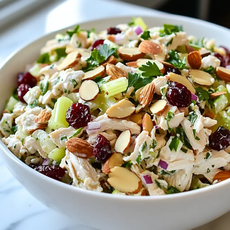 To make a tasty cranberry almond chicken salad, gather these main ingredients: - 2 cups cooked chicken breast, shredded - 1/2 cup dried cranberries - 1/2 cup sliced almonds, toasted - 1/4 cup celery, finely chopped - 1/4 cup red onion, finely chopped - 1/2 cup Greek yogurt - 2 tablespoons honey - 1 tablespoon Dijon mustard - Salt and pepper to taste - Fresh parsley for garnish These ingredients blend well to create a colorful and nutritious dish. The chicken gives protein, while the cranberries add a sweet touch. The toasted almonds give crunch and flavor. You can make this salad even better with some optional add-ins: - Chopped apples for extra sweetness - Grapes for a burst of juice - Avocado for creaminess - Spinach or mixed greens for more color These add-ins will enhance the taste and texture. Feel free to mix and match based on what you like. To elevate the flavor of your salad, consider these recommended seasonings: - A sprinkle of garlic powder - A dash of lemon juice for brightness - A pinch of cayenne pepper for heat These seasonings can add depth and excitement to your dish. Adjust the amounts to suit your taste. {{ingredient_image_1}} Start with 2 cups of cooked chicken breast. I like to shred the chicken into bite-sized pieces. You can use any kind of chicken you have. Rotisserie chicken works great if you want to save time. Just make sure it is cooled before you shred it. Place the shredded chicken into a large mixing bowl. This will be the base of your salad. Next, add the fun ingredients! Toss in 1/2 cup of dried cranberries. They add a sweet touch. Then, add 1/2 cup of sliced and toasted almonds for crunch. Chop 1/4 cup of celery and 1/4 cup of red onion. Stir these into the bowl. Mix everything together gently until well combined. This step makes sure every bite is tasty. In a small bowl, make the dressing. Combine 1/2 cup of Greek yogurt, 2 tablespoons of honey, and 1 tablespoon of Dijon mustard. Add salt and pepper to taste. Whisk all the ingredients together until smooth. Pour this dressing over the chicken mixture. Stir well to coat every piece of chicken and veggie. Taste it to see if you want more salt or pepper. Now, cover the bowl and chill the salad in the fridge for about 30 minutes. This allows the flavors to blend and get even better! Before you serve, give it a good stir and sprinkle some fresh parsley on top. Enjoy your delicious Cranberry Almond Chicken Salad! To shred chicken, first, let it cool a bit. Use two forks to pull apart the meat. Start at one end and work your way through. This method works well with warm or cold chicken. If you have a stand mixer, you can also use it. Place the chicken in the mixer and use the paddle attachment on low speed for quick shredding. Store your chicken salad in an airtight container. This keeps it fresh and tasty. If you need to store it for later, put it in the fridge. It lasts for about three to four days. If you want to keep it longer, consider freezing it. However, the texture may change when thawed. To freeze, use a freezer-safe container and label it with the date. To boost the flavor of your chicken salad, add a squeeze of lemon juice. This brightens the dish and adds a nice tang. You can also mix in some fresh herbs, like dill or cilantro. These herbs bring a fresh taste and a pop of color. For a spicy kick, add a dash of cayenne or some chopped jalapeños. Taste as you go to find your perfect blend of flavors. Pro Tips Use Rotisserie Chicken: For a quicker option, use store-bought rotisserie chicken. It saves time and adds great flavor. Customize Your Nuts: Feel free to swap out almonds for walnuts or pecans for a different flavor and texture. Chill for Best Flavor: Allowing the salad to chill for at least 30 minutes helps the flavors meld together beautifully. Make it Ahead: This salad keeps well in the fridge for up to 3 days, making it perfect for meal prep or picnics. {{image_2}} You can make this salad lighter by using Greek yogurt. This creamy yogurt adds protein and cuts down on fat. Replace the mayo with 1/2 cup of Greek yogurt. It gives the salad a nice tang. Plus, it keeps the salad moist and delicious. You won’t miss the mayo at all! If you have nut allergies, you can easily change the recipe. Omit the sliced almonds and replace them with sunflower seeds. Sunflower seeds add a nice crunch and healthy fats. You can also include pumpkin seeds for extra flavor. This keeps the salad safe and tasty for everyone. You can also adapt this salad to fit the seasons. In fall, add diced apples for a sweet crunch. In summer, throw in fresh berries for vibrant color and flavor. You can even swap cranberries for pomegranate seeds in winter. Each variation brings a new twist to this classic dish, making it fun to enjoy all year round! Store your cranberry almond chicken salad in an airtight container. This helps keep the salad fresh. Place the container in the fridge right after you make it. It’s best to eat it within three days for the best taste. If you have leftovers, try to keep them cool. Avoid leaving the salad at room temperature for more than two hours. You can freeze the chicken salad, but it may change in texture. If you want to freeze it, leave out the almonds and dressing. The nuts can become soggy when thawed. Use a freezer-safe container or bag. Label it with the date. It can stay in the freezer for up to three months. Thaw it in the fridge overnight before eating. Each ingredient in your salad has a different shelf life. Cooked chicken lasts about three to four days in the fridge. Dried cranberries can stay good for six months or longer. Sliced almonds last about two weeks after opening. Greek yogurt usually lasts one to three weeks after the sell-by date. Always check for spoilage before using any ingredient. Yes, you can use rotisserie chicken. It saves time and adds great flavor. Just shred the chicken and add it to your bowl. The salad will still taste fresh and delicious. If you don't have Greek yogurt, use sour cream or plain yogurt. Both options work well. You can also try mayonnaise for a creamier taste. Adjust the amount of honey for sweetness if needed. To make the salad more filling, add cooked quinoa or chickpeas. You can also include diced apples or grapes for extra texture and flavor. These additions will make the salad heartier and more satisfying. Yes, this salad stays good for up to three days in the fridge. Just make sure to store it in an airtight container. If it smells or looks off, it's best to throw it away. This blog post covered key steps to make a tasty chicken salad. We looked at the main ingredients, optional add-ins, and seasonings that boost flavor. You learned how to prepare the chicken and mix everything. I shared tips for shredding chicken and storing leftovers. I also offered variations for health needs and season preferences. Remember, this salad can adapt to many tastes and is easy to enjoy. Use these ideas to create your perfect dish today.