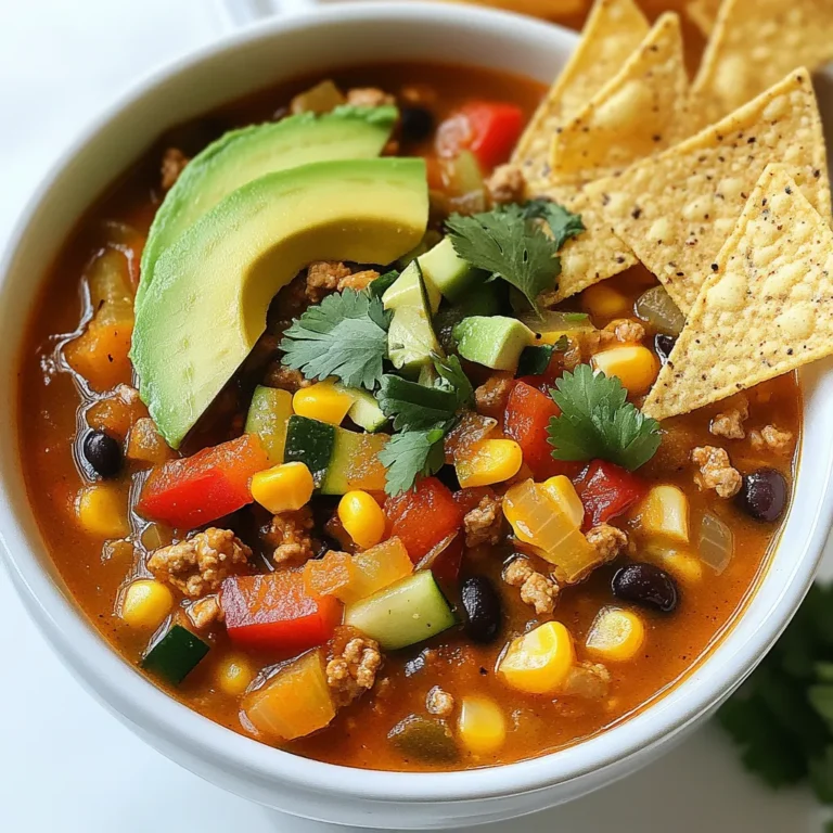 - 1 tablespoon olive oil - 1 onion, diced - 2 garlic cloves, minced - 1 bell pepper, diced (any color) - 1 carrot, diced - 1 zucchini, diced For this veggie-loaded taco soup, we start with fresh ingredients. Olive oil adds a rich base, while the onion and garlic give it depth. The bell pepper brings sweetness, and the carrot adds crunch. Zucchini contributes bulk and moisture. Together, they form a vibrant mix that makes the soup healthy and tasty. - 1 can (15 oz) black beans, drained and rinsed - 1 can (15 oz) kidney beans, drained and rinsed - 1 can (15 oz) corn, drained - 1 can (28 oz) diced tomatoes (with juices) - 4 cups vegetable broth - 2 tablespoons taco seasoning Canned and dry ingredients are key for this recipe. Black beans and kidney beans provide protein and fiber. Corn adds sweetness and texture, while diced tomatoes give the soup its base. Vegetable broth brings everything together, and taco seasoning adds that bold flavor. These ingredients make the soup hearty and satisfying. - 1 tablespoon lime juice - Fresh cilantro, for garnish - Avocado slices, for serving - Tortilla chips, for serving To finish, we add garnishes. Lime juice brightens the flavors. Fresh cilantro gives a fresh note. Slices of avocado add creaminess, and tortilla chips bring crunch. These toppings enhance the soup and make it more fun to eat. Enjoy it hot for a cozy meal. {{ingredient_image_1}} To start, I heat 1 tablespoon of olive oil in a large pot over medium heat. This oil helps to bring out the flavors. I then add 1 diced onion. I sauté it for about 5 minutes until it softens. Next, I add 2 minced garlic cloves, 1 diced bell pepper, and 1 diced carrot. I let these cook for 3 to 4 minutes. Stirring helps the veggies cook evenly and get tender. After that, I stir in 1 diced zucchini and cook for another 3 minutes. This mix of fresh vegetables builds a solid base for the soup. Now comes the fun part! I mix in 1 can of drained black beans, 1 can of drained kidney beans, and 1 can of drained corn. Then, I add 1 can of diced tomatoes with their juices and pour in 4 cups of vegetable broth. I make sure everything is well combined. To boost the flavor, I stir in 2 tablespoons of taco seasoning and the juice of 1 lime. This adds a zesty touch. I let the mixture come to a simmer. Once it’s simmering, I reduce the heat to low. I let the soup cook for 15 to 20 minutes. This time allows the flavors to blend beautifully. Before serving, I always taste and adjust the seasoning. A little salt and pepper can make a big difference. Finally, I serve the soup hot, garnished with fresh cilantro and slices of avocado. A side of tortilla chips adds the perfect crunch. Enjoying this veggie loaded taco soup makes me feel good about what I eat! How to choose the best vegetables: Pick fresh veggies for your soup. Look for bright colors and firm textures. Avoid any wilting or soft spots. Seasonal vegetables taste best and add great flavor. Use bell peppers, zucchini, and carrots for a nice mix. Adjusting cooking times for different textures: Cook heartier vegetables longer. Onions and carrots need more time to soften. Add quicker-cooking veggies, like zucchini, later. This keeps them crisp and vibrant. Always check doneness by tasting as you go. Suggestions for additional spices or toppings: To spice it up, add cumin or smoked paprika. A pinch of cayenne pepper adds heat. Top with lime juice for zing. Consider adding chopped jalapeños for extra kick. Fresh cilantro brightens the dish and adds freshness. Ways to balance flavors (sweet, spicy, etc.): To balance heat, add a touch of honey or brown sugar. This brings out the natural sweetness of the vegetables. Use lime juice to cut through richness. Taste as you go to find the right balance. Ideas for side dishes: Serve your soup with a side of cornbread or a simple salad. These sides add texture and freshness. Tortilla chips make a great crunchy partner. They add fun and flavor to each bite. Recommended pairings (drinks, bread): Pair your taco soup with a light soda or a fruity iced tea. A cold beer also complements the spicy flavors well. For bread, warm tortillas or crusty baguette work nicely. Enjoy your meal with these tasty pairings! Pro Tips Use Fresh Ingredients: Fresh vegetables will enhance the flavor and texture of your taco soup, making it more vibrant and delicious. Customize Your Beans: Feel free to mix and match different types of beans, such as pinto or chickpeas, to add variety and nutrition to your soup. Adjust Spice Level: If you prefer a spicier soup, add diced jalapeños or a dash of hot sauce to kick up the heat. Make It Ahead: This soup tastes even better the next day! Make it ahead of time and refrigerate to let the flavors meld together. {{image_2}} You can mix up the ingredients in your veggie loaded taco soup. If you want a change, replace the beans with lentils or quinoa. Lentils cook fast and add protein. Quinoa gives a nice texture and is gluten-free. For broth, you can use chicken or vegetable broth. If you prefer more flavor, try a homemade broth. It adds depth and makes the soup richer. Making this soup vegan is easy. Just skip any animal products and use vegetable broth. You can also make it gluten-free by ensuring your taco seasoning has no gluten. Check labels to be sure. If you want a low-carb soup, cut back on beans. You can add more vegetables like mushrooms or spinach instead. This keeps the soup filling without extra carbs. You can change the flavor of the soup. For a Southwestern twist, add smoked paprika and chipotle peppers. This gives a smoky taste. If you want a classic Mexican flavor, use cumin and fresh cilantro. Adding spicy elements can make it more exciting. Try jalapeños or chili powder for heat. For creaminess, stir in some coconut milk or cream cheese. This adds richness and balances the spices. To keep your veggie loaded taco soup fresh, you should refrigerate leftovers. Allow the soup to cool down first. Once it cools, transfer it to a container. Use airtight containers to prevent spills and keep it fresh. Glass or BPA-free plastic containers work best. You can store the soup in the fridge for up to five days. If you want to freeze the soup, follow these steps. First, let the soup cool completely. Next, pour it into freezer-safe containers or heavy-duty freezer bags. Remove as much air as possible before sealing. This helps prevent freezer burn. You can freeze the soup for up to three months. When you're ready to eat it, thaw it in the fridge overnight. When reheating your soup, you have a few good methods. You can use the stove or microwave. If using the stove, pour the soup into a pot. Heat it on low to medium heat. Stir it often to avoid hot spots. For the microwave, use a microwave-safe bowl. Heat it in short bursts, stirring in between. Remember to avoid overcooking the soup. This keeps the flavors fresh and the veggies tender. How long will Veggie Loaded Taco Soup last in the fridge? This soup will last about 4 to 5 days in the fridge. Make sure to store it in an airtight container. It’s best to let it cool before sealing. Can I make this soup in a slow cooker? Yes, you can use a slow cooker. Just add all the ingredients and set it on low. Cook for 6 to 8 hours or on high for 3 to 4 hours. This method works great for busy days. What are the calories in Veggie Loaded Taco Soup? One serving of this soup has about 200 calories. This can vary based on toppings like avocado or chips. You get a lot of good nutrients without too many calories. Is this soup healthy and nutritious? Absolutely! This soup is packed with veggies and beans. It’s rich in fiber, vitamins, and minerals. It is a tasty way to eat healthy. Can I use fresh tomatoes instead of canned? Yes, you can use fresh tomatoes. Just chop about 4 to 6 medium tomatoes. You will need to add some extra liquid since fresh tomatoes have less juice than canned. How can I thicken my taco soup if it’s too thin? If your soup is too thin, try adding a bit more beans or corn. You can also mash some of the beans in the soup to create a thicker texture. Another tip is to simmer it longer to reduce the liquid. This blog post explored how to make a tasty Veggie Loaded Taco Soup. We covered fresh and canned ingredients, garnishes, and step-by-step cooking instructions. Helpful tips showed how to enhance flavors and suggested variations for different diets. We also discussed proper storage techniques and answered common questions. Using fresh veggies and spices makes this soup healthy and fun. I hope you feel inspired to create a warm bowl of goodness. Enjoy your cooking adventure!