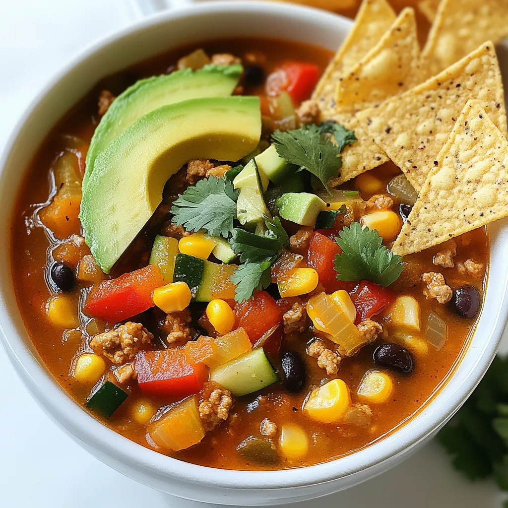 - 1 tablespoon olive oil - 1 onion, diced - 2 garlic cloves, minced - 1 bell pepper, diced (any color) - 1 carrot, diced - 1 zucchini, diced For this veggie-loaded taco soup, we start with fresh ingredients. Olive oil adds a rich base, while the onion and garlic give it depth. The bell pepper brings sweetness, and the carrot adds crunch. Zucchini contributes bulk and moisture. Together, they form a vibrant mix that makes the soup healthy and tasty. - 1 can (15 oz) black beans, drained and rinsed - 1 can (15 oz) kidney beans, drained and rinsed - 1 can (15 oz) corn, drained - 1 can (28 oz) diced tomatoes (with juices) - 4 cups vegetable broth - 2 tablespoons taco seasoning Canned and dry ingredients are key for this recipe. Black beans and kidney beans provide protein and fiber. Corn adds sweetness and texture, while diced tomatoes give the soup its base. Vegetable broth brings everything together, and taco seasoning adds that bold flavor. These ingredients make the soup hearty and satisfying. - 1 tablespoon lime juice - Fresh cilantro, for garnish - Avocado slices, for serving - Tortilla chips, for serving To finish, we add garnishes. Lime juice brightens the flavors. Fresh cilantro gives a fresh note. Slices of avocado add creaminess, and tortilla chips bring crunch. These toppings enhance the soup and make it more fun to eat. Enjoy it hot for a cozy meal. {{ingredient_image_1}} To start, I heat 1 tablespoon of olive oil in a large pot over medium heat. This oil helps to bring out the flavors. I then add 1 diced onion. I sauté it for about 5 minutes until it softens. Next, I add 2 minced garlic cloves, 1 diced bell pepper, and 1 diced carrot. I let these cook for 3 to 4 minutes. Stirring helps the veggies cook evenly and get tender. After that, I stir in 1 diced zucchini and cook for another 3 minutes. This mix of fresh vegetables builds a solid base for the soup. Now comes the fun part! I mix in 1 can of drained black beans, 1 can of drained kidney beans, and 1 can of drained corn. Then, I add 1 can of diced tomatoes with their juices and pour in 4 cups of vegetable broth. I make sure everything is well combined. To boost the flavor, I stir in 2 tablespoons of taco seasoning and the juice of 1 lime. This adds a zesty touch. I let the mixture come to a simmer. Once it’s simmering, I reduce the heat to low. I let the soup cook for 15 to 20 minutes. This time allows the flavors to blend beautifully. Before serving, I always taste and adjust the seasoning. A little salt and pepper can make a big difference. Finally, I serve the soup hot, garnished with fresh cilantro and slices of avocado. A side of tortilla chips adds the perfect crunch. Enjoying this veggie loaded taco soup makes me feel good about what I eat! How to choose the best vegetables: Pick fresh veggies for your soup. Look for bright colors and firm textures. Avoid any wilting or soft spots. Seasonal vegetables taste best and add great flavor. Use bell peppers, zucchini, and carrots for a nice mix. Adjusting cooking times for different textures: Cook heartier vegetables longer. Onions and carrots need more time to soften. Add quicker-cooking veggies, like zucchini, later. This keeps them crisp and vibrant. Always check doneness by tasting as you go. Suggestions for additional spices or toppings: To spice it up, add cumin or smoked paprika. A pinch of cayenne pepper adds heat. Top with lime juice for zing. Consider adding chopped jalapeños for extra kick. Fresh cilantro brightens the dish and adds freshness. Ways to balance flavors (sweet, spicy, etc.): To balance heat, add a touch of honey or brown sugar. This brings out the natural sweetness of the vegetables. Use lime juice to cut through richness. Taste as you go to find the right balance. Ideas for side dishes: Serve your soup with a side of cornbread or a simple salad. These sides add texture and freshness. Tortilla chips make a great crunchy partner. They add fun and flavor to each bite. Recommended pairings (drinks, bread): Pair your taco soup with a light soda or a fruity iced tea. A cold beer also complements the spicy flavors well. For bread, warm tortillas or crusty baguette work nicely. Enjoy your meal with these tasty pairings! Pro Tips Use Fresh Ingredients: Fresh vegetables will enhance the flavor and texture of your taco soup, making it more vibrant and delicious. Customize Your Beans: Feel free to mix and match different types of beans, such as pinto or chickpeas, to add variety and nutrition to your soup. Adjust Spice Level: If you prefer a spicier soup, add diced jalapeños or a dash of hot sauce to kick up the heat. Make It Ahead: This soup tastes even better the next day! Make it ahead of time and refrigerate to let the flavors meld together. {{image_2}} You can mix up the ingredients in your veggie loaded taco soup. If you want a change, replace the beans with lentils or quinoa. Lentils cook fast and add protein. Quinoa gives a nice texture and is gluten-free. For broth, you can use chicken or vegetable broth. If you prefer more flavor, try a homemade broth. It adds depth and makes the soup richer. Making this soup vegan is easy. Just skip any animal products and use vegetable broth. You can also make it gluten-free by ensuring your taco seasoning has no gluten. Check labels to be sure. If you want a low-carb soup, cut back on beans. You can add more vegetables like mushrooms or spinach instead. This keeps the soup filling without extra carbs. You can change the flavor of the soup. For a Southwestern twist, add smoked paprika and chipotle peppers. This gives a smoky taste. If you want a classic Mexican flavor, use cumin and fresh cilantro. Adding spicy elements can make it more exciting. Try jalapeños or chili powder for heat. For creaminess, stir in some coconut milk or cream cheese. This adds richness and balances the spices. To keep your veggie loaded taco soup fresh, you should refrigerate leftovers. Allow the soup to cool down first. Once it cools, transfer it to a container. Use airtight containers to prevent spills and keep it fresh. Glass or BPA-free plastic containers work best. You can store the soup in the fridge for up to five days. If you want to freeze the soup, follow these steps. First, let the soup cool completely. Next, pour it into freezer-safe containers or heavy-duty freezer bags. Remove as much air as possible before sealing. This helps prevent freezer burn. You can freeze the soup for up to three months. When you're ready to eat it, thaw it in the fridge overnight. When reheating your soup, you have a few good methods. You can use the stove or microwave. If using the stove, pour the soup into a pot. Heat it on low to medium heat. Stir it often to avoid hot spots. For the microwave, use a microwave-safe bowl. Heat it in short bursts, stirring in between. Remember to avoid overcooking the soup. This keeps the flavors fresh and the veggies tender. How long will Veggie Loaded Taco Soup last in the fridge? This soup will last about 4 to 5 days in the fridge. Make sure to store it in an airtight container. It’s best to let it cool before sealing. Can I make this soup in a slow cooker? Yes, you can use a slow cooker. Just add all the ingredients and set it on low. Cook for 6 to 8 hours or on high for 3 to 4 hours. This method works great for busy days. What are the calories in Veggie Loaded Taco Soup? One serving of this soup has about 200 calories. This can vary based on toppings like avocado or chips. You get a lot of good nutrients without too many calories. Is this soup healthy and nutritious? Absolutely! This soup is packed with veggies and beans. It’s rich in fiber, vitamins, and minerals. It is a tasty way to eat healthy. Can I use fresh tomatoes instead of canned? Yes, you can use fresh tomatoes. Just chop about 4 to 6 medium tomatoes. You will need to add some extra liquid since fresh tomatoes have less juice than canned. How can I thicken my taco soup if it’s too thin? If your soup is too thin, try adding a bit more beans or corn. You can also mash some of the beans in the soup to create a thicker texture. Another tip is to simmer it longer to reduce the liquid. This blog post explored how to make a tasty Veggie Loaded Taco Soup. We covered fresh and canned ingredients, garnishes, and step-by-step cooking instructions. Helpful tips showed how to enhance flavors and suggested variations for different diets. We also discussed proper storage techniques and answered common questions. Using fresh veggies and spices makes this soup healthy and fun. I hope you feel inspired to create a warm bowl of goodness. Enjoy your cooking adventure!