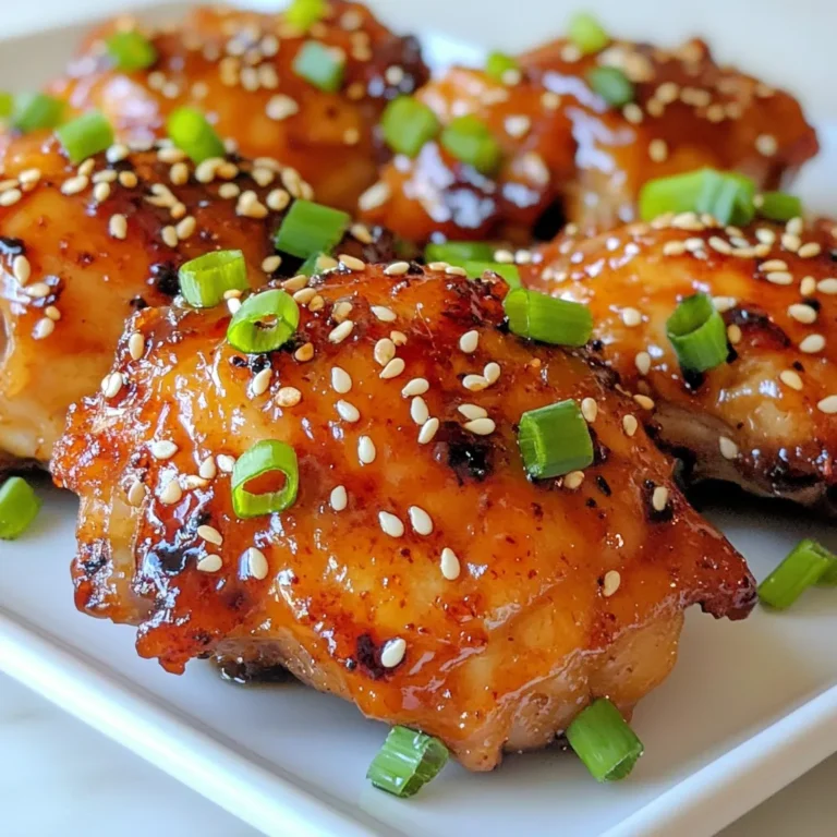 To make Sweet and Sticky Korean Chicken, you need: - 1.5 lbs chicken thighs, boneless and skinless - 1/4 cup soy sauce - 1/4 cup honey - 1/4 cup brown sugar - 2 tablespoons sesame oil - 3 cloves garlic, minced - 1 tablespoon fresh ginger, minced - 1 tablespoon gochujang (Korean chili paste) - 2 tablespoons cornstarch - 2 tablespoons water These main ingredients create a rich, sweet, and savory flavor. The chicken thighs work best for their juicy texture. You can add these ingredients for extra depth: - 1 tablespoon rice vinegar - 1 tablespoon sesame oil - 1 teaspoon black pepper These optional items enhance the taste. Rice vinegar adds a nice tang. Black pepper gives a subtle heat. Finishing touches make your dish look great: - 2 green onions, sliced - 1 tablespoon sesame seeds Adding green onions brings a fresh crunch. Sesame seeds add a nice look and nutty flavor. These garnishes make your meal pop! {{ingredient_image_1}} Start by mixing your marinade. In a large bowl, combine 1/4 cup soy sauce, 1/4 cup honey, 1/4 cup brown sugar, and 2 tablespoons sesame oil. Add 3 cloves of minced garlic, 1 tablespoon of minced fresh ginger, and 1 tablespoon of gochujang. Stir until smooth. Next, add 1.5 pounds of boneless, skinless chicken thighs. Make sure each piece is well-coated. Cover the bowl and place it in the fridge. Let it marinate for at least 30 minutes. For best results, overnight is better. Preheat your oven to 400°F (200°C). While it heats up, line a baking sheet with parchment paper. Arrange the marinated chicken thighs on the sheet. Pour the leftover marinade over the chicken. This will add flavor and moisture. Bake the chicken for 25 to 30 minutes. Keep an eye on it. You want the chicken to be cooked through and have a nice caramelized glaze. While the chicken bakes, prepare to thicken your sauce. In a small bowl, mix 2 tablespoons of cornstarch with 2 tablespoons of water. This is your slurry. Once the chicken is done, take it out of the oven. Move the extra sauce to a saucepan and bring it to a gentle boil. Whisk in the cornstarch slurry. Let it simmer for about 2 to 3 minutes until the sauce thickens. After thickening, brush the sauce over the baked chicken. Return it to the oven for another 5 minutes. This caramelizes the glaze. Once done, take the chicken out and let it rest for a few minutes. You can slice it or serve it whole. For a beautiful finish, garnish with sliced green onions and sesame seeds. Enjoy your sweet and sticky Korean chicken with rice or noodles for a tasty meal! Marinating is key for flavor. Use a large bowl for mixing. Combine soy sauce, honey, brown sugar, sesame oil, garlic, ginger, and gochujang. Add the chicken thighs and mix until they are well-coated. Cover the bowl and chill it in the fridge. Let the chicken marinate for at least 30 minutes. For deeper flavor, marinate overnight. This allows the chicken to soak up all those tasty flavors. Cooking chicken well is crucial. Preheat your oven to 400°F (200°C) before arranging chicken on a baking sheet. Line the sheet with parchment paper. This helps with easy cleanup. Bake the chicken for 25-30 minutes. Check that it is cooked through and has a nice glaze. The internal temperature should reach 165°F (75°C). This ensures your chicken is juicy and safe to eat. Thick sauce makes the dish better. While baking, mix cornstarch and water in a bowl to make a slurry. After baking, transfer the extra sauce to a saucepan. Heat it gently until it starts to boil. Whisk in the cornstarch slurry and simmer for 2-3 minutes. This will thicken the sauce quickly. Once thick, brush it over the chicken and bake for an extra 5 minutes. This caramelizes the glaze and adds a rich flavor. Pro Tips Marinate for Maximum Flavor: Allow the chicken to marinate for at least 30 minutes, but for the best results, marinate it overnight to enhance the depth of flavor. Check Chicken Doneness: Use a meat thermometer to ensure the chicken reaches an internal temperature of 165°F (75°C) for safe consumption and perfect tenderness. Glaze for Extra Shine: For a beautiful, shiny glaze, brush the thickened sauce on the chicken right before the final bake to create a sticky, caramelized finish. Customize the Heat: Adjust the amount of gochujang according to your spice preference. Start with less if you're sensitive to heat, and add more for an extra kick! {{image_2}} If you want a spicy kick, add more gochujang to the marinade. Start with an extra tablespoon. This will give your chicken a bold flavor. You can adjust the amount based on your heat preference. Mix it well with the other marinade ingredients. Taste it to make sure you like the spice level. For a colorful and tasty dish, add vegetables. Broccoli, bell peppers, or snap peas work well. Chop them into bite-sized pieces. Toss them with the chicken during the last 10 minutes of baking. This way, they soak up the sweet sauce too. You’ll have a one-pan meal that looks and tastes great. You can switch the chicken for other proteins. Tofu is a great option for a vegetarian dish. Use firm tofu, and press it to remove excess water. Cut it into cubes and marinate just like the chicken. If you prefer pork, use pork chops or tenderloin. Adjust baking time based on the protein you choose. Each option gives you a unique and delicious take on this recipe. To store leftovers, let the chicken cool first. Place it in an airtight container. It stays fresh in the fridge for up to three days. Make sure to keep any extra sauce too. Store it separately for the best taste. When you want to reheat the chicken, take it out of the fridge. You can use the oven or microwave. If using the oven, preheat it to 350°F (175°C). Place the chicken on a baking sheet and heat for about 15 minutes. If using the microwave, heat in 30-second bursts until warm. Drizzle some extra sauce on top to keep it juicy. If you have extra chicken, freezing is a great option. Wrap the chicken tightly in plastic wrap. Then, place it in a freezer-safe bag. It will last for up to three months. When you're ready to eat, thaw it overnight in the fridge. Reheat as mentioned above. Enjoy your sweet and sticky chicken later! If you lack gochujang, try using sriracha. Mix it with some sugar for sweetness. You can also use red pepper flakes mixed with a little soy sauce. This creates a similar flavor, though it won’t be quite the same. Marinate the chicken for at least 30 minutes. For the best taste, let it sit overnight. This gives the chicken time to soak up all those yummy flavors. Yes, you can! Just add the marinated chicken and sauce to the slow cooker. Cook on low for 4-6 hours. This will make the chicken very tender and full of flavor. Rice is a great side. It soaks up the sauce nicely. You can also serve it with steamed broccoli or a simple salad. These sides add color and crunch to your meal. This post covered how to make Sweet and Sticky Korean Chicken. We talked about key ingredients and options. I walked you through marinating, baking, and making the sauce. You learned tips for perfect chicken and sauce thickness. We also explored tasty variations and storage tips. In the end, this dish is fun to make and share. Enjoy your cooking journey!