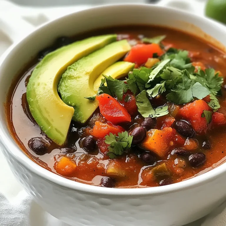To make Spicy Black Bean Soup, you need these key ingredients: - 1 tablespoon olive oil - 1 onion, diced - 3 cloves garlic, minced - 1 bell pepper, diced (any color) - 1 carrot, diced - 2 celery stalks, diced - 2 cups vegetable broth - 1 can (15 oz) black beans, drained and rinsed - 1 can (14 oz) diced tomatoes with green chilies - 1 teaspoon cumin - 1 teaspoon smoked paprika - 1 teaspoon chili powder - 1/2 teaspoon cayenne pepper (adjust to taste) - Salt and pepper to taste - Juice of 1 lime - Fresh cilantro for garnish These ingredients combine to create a rich, savory flavor with a nice kick. You can add these toppings to enhance your soup: - Avocado slices - Fresh cilantro - Lime wedges for extra zest These add freshness and texture to the dish. If you don’t have an ingredient, here are some swaps: - Olive oil can be replaced with vegetable or coconut oil. - Any color bell pepper works, but jalapeño adds more spice. - You can use chicken broth instead of vegetable broth for a non-vegan option. - If you prefer, use dried black beans. Just soak and cook them first. These substitutions can help you use what you have on hand. {{ingredient_image_1}} Gather your ingredients first. This makes cooking smoother. You will need: - 1 tablespoon olive oil - 1 onion, diced - 3 cloves garlic, minced - 1 bell pepper, diced (any color) - 1 carrot, diced - 2 celery stalks, diced - 2 cups vegetable broth - 1 can (15 oz) black beans, drained and rinsed - 1 can (14 oz) diced tomatoes with green chilies - 1 teaspoon cumin - 1 teaspoon smoked paprika - 1 teaspoon chili powder - 1/2 teaspoon cayenne pepper (adjust to taste) - Salt and pepper to taste - Juice of 1 lime - Fresh cilantro for garnish - Avocado slices for topping (optional) Chop the veggies before you start. This way, you save time while cooking. 1. Heat the olive oil in a large pot over medium heat. 2. Add the diced onion and sauté for 5 minutes. Cook until it looks clear. 3. Next, stir in the minced garlic, bell pepper, carrot, and celery. Cook for another 5 to 7 minutes. 4. Pour in the vegetable broth, black beans, diced tomatoes, cumin, smoked paprika, chili powder, and cayenne pepper. Stir to mix well. 5. Bring the soup to a gentle simmer. Lower the heat and let it cook for 20 to 25 minutes. This helps all the flavors mix together. 6. Use an immersion blender to puree some of the soup. If you don’t have one, pour some into a regular blender, blend, and return it to the pot. 7. Season with salt, pepper, and lime juice. Stir well. To get the right texture, blend only part of the soup. This keeps some beans whole for a nice bite. If you prefer a thicker soup, blend more. If you like it thinner, add a bit more broth. Always taste and adjust as needed. Enjoy your soup hot, with fresh cilantro and avocado slices on top. To make your soup milder, skip the cayenne pepper. If you love heat, add more cayenne. You can also use fresh jalapeños for a fresh kick. Taste as you go until you hit the right balance. This soup should feel warm, not overpowering. Fresh herbs can brighten your soup. I love to add cilantro at the end for extra flavor. You might also try oregano for earthiness. If you want a smokier taste, add more smoked paprika. A squeeze of lime juice adds freshness that really lifts the dish. Sauté your onions until they are soft and translucent. This step adds depth to your soup. Add garlic just before the other veggies to keep its flavor strong. Stir often to avoid burning. The goal is to soften the veggies without losing their color. Pro Tips Adjust the Spice Level: If you prefer a milder soup, reduce the cayenne pepper or omit it entirely. You can always add hot sauce later for heat! Fresh Ingredients Matter: Use fresh vegetables for better flavor and texture. Fresh cilantro and lime juice will elevate the taste. Make it Ahead: This soup tastes even better the next day! Make a big batch and store leftovers in the fridge for easy meals throughout the week. Customize Your Toppings: Experiment with different toppings like sour cream, shredded cheese, or tortilla chips for added flavor and crunch. {{image_2}} This spicy black bean soup shines as a vegan dish. All the ingredients are plant-based. You can enjoy the rich flavors without meat. Replace vegetable broth with water if needed. This soup remains hearty and filling. Adding more vegetables enhances the taste. Try corn or zucchini for extra texture. You can boost the soup with protein. Adding shredded chicken makes it heartier. Cook the chicken separately and mix it in at the end. For a vegetarian option, use tofu. Press and cube firm tofu, then sauté it. Add the tofu to the soup for a creamy texture. Both choices make the soup more satisfying. Black beans are classic, but you can mix it up. Try pinto beans or kidney beans for a change. Each bean brings a unique flavor and texture. You can also use canned beans for convenience. Just rinse and add them to the pot. This variation keeps the soup interesting and fun. To store your spicy black bean soup, let it cool first. Use an airtight container. This keeps the soup fresh for up to five days in the fridge. Make sure the lid seals well to avoid spills. Always label the container with the date. This way, you know when to use it. If you want to save the soup for later, freezing is a great option. Pour the soup into freezer-safe bags or containers. Leave some space at the top since liquids expand when frozen. You can freeze the soup for up to three months. Thaw it in the fridge overnight before reheating. When you are ready to eat, reheat the soup on the stove. Use low heat to avoid scorching the bottom. Stir often for even heating. You can also add a splash of broth or water if it seems thick. Taste and adjust the seasonings if needed. For extra flavor, add fresh lime juice or cilantro before serving. Enjoy your tasty soup! Spicy Black Bean Soup lasts about 3 to 5 days in the fridge. Store it in a sealed container to keep it fresh. Make sure it cools down before you put it in the fridge. This helps prevent bacteria growth. Yes, you can make this soup in a slow cooker. First, sauté the onion, garlic, and other veggies in a pan. Then, add everything to the slow cooker. Cook it on low for about 6 to 8 hours or on high for 3 to 4 hours. This method allows the flavors to blend nicely. Serve the soup hot in deep bowls. Top with fresh cilantro and avocado slices for a nice touch. A lime wedge on the side adds a burst of flavor. You can also serve it with tortilla chips or rice for a complete meal. Enjoy it with friends or family for a cozy night in! This blog covered how to make a tasty Spicy Black Bean Soup. We talked about the key ingredients, cooking steps, and ways to make it your own. You can adjust the spice, try new toppings, or change the proteins. Storing the soup is easy, and it keeps well. In conclusion, this soup is simple and fun to make. With practice, you’ll create a dish that warms your heart. Enjoy your cooking journey and happy eating!
