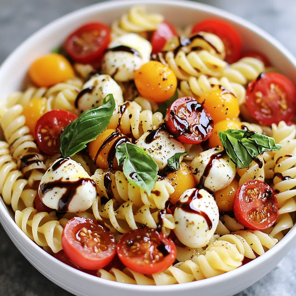 To make Balsamic Caprese Pasta Salad, you will need: - 2 cups uncooked fusilli pasta - 1 ½ cups cherry tomatoes, halved - 1 cup fresh mozzarella pearls - 1 cup fresh basil leaves, roughly torn - 3 tablespoons balsamic glaze - 2 tablespoons extra virgin olive oil - 1 teaspoon garlic powder - Salt and pepper to taste - Optional: Freshly cracked black pepper for garnish You can easily swap some ingredients to fit your taste. Use any pasta shape you like. Penne or rotini works well. If you can’t find mozzarella pearls, try cubed mozzarella. For a twist, use arugula instead of basil. You can change the balsamic glaze with a flavored vinegar. A red wine or apple cider vinegar adds a nice kick. Using fresh ingredients makes this pasta salad shine. Fresh tomatoes burst with flavor. They add sweetness and color. Mozzarella pearls provide creaminess that balances the tangy balsamic. Fresh basil gives a great aroma and taste. Overall, fresh ingredients make every bite enjoyable. They also bring health benefits. Fresh veggies and herbs are full of nutrients. They help you feel good while you eat. {{ingredient_image_1}} First, boil water in a large pot. Add a pinch of salt to the water. Once it boils, add 2 cups of uncooked fusilli pasta. Cook the pasta until it is al dente, about 8 to 10 minutes. Test a piece to see if it is firm yet tender. When done, drain the pasta in a colander. Rinse it under cold water to stop the cooking. This helps keep the pasta from getting mushy. In a small bowl, you will make the dressing. Combine 3 tablespoons of balsamic glaze and 2 tablespoons of extra virgin olive oil. Add 1 teaspoon of garlic powder, salt, and pepper to taste. Whisk the mixture well. You want it smooth and creamy. This dressing adds flavor and ties all the ingredients together. In a large mixing bowl, combine the cooked pasta, 1 ½ cups of halved cherry tomatoes, and 1 cup of fresh mozzarella pearls. Toss in 1 cup of roughly torn basil leaves. Pour the dressing over this mix. Gently toss everything together until it is well coated. This salad needs to sit for at least 15 minutes. This resting time allows the flavors to blend perfectly. Serve it chilled or at room temperature. You can add freshly cracked black pepper for an extra touch! For a great pasta salad, use good pasta. Fusilli holds sauce well. Cook it al dente for the best texture. Rinse it under cold water to stop cooking. This keeps the pasta firm. Make sure to let the salad sit after mixing. This helps the flavors blend. A 15-minute wait is perfect. To boost flavors, use fresh herbs. Basil adds a sweet touch. You can also try adding a squeeze of lemon juice for brightness. Adjust the balsamic glaze as you like. If you enjoy sweetness, add more. For a tangy kick, use a bit more olive oil. Serve the pasta salad cold or at room temperature. It’s great for picnics or barbecues. Garnish with cracked black pepper for extra flavor. Pair it with grilled chicken for a full meal. Enjoy this fresh dish at any gathering! Pro Tips Use Fresh Ingredients: For the best flavor, opt for fresh basil and ripe cherry tomatoes. Their natural sweetness will elevate the dish. Chill Before Serving: Allowing the pasta salad to sit for at least 15 minutes or refrigerating it for an hour enhances the melding of flavors. Customize Your Cheese: If you prefer, substitute mozzarella pearls with crumbled feta or burrata for a different texture and flavor profile. Dress It Right: Toss the salad gently with the dressing to avoid breaking the mozzarella pearls and ensure even distribution of the flavors. {{image_2}} You can switch up the pasta in this dish easily. While I love fusilli for its fun shape, you can use other options too. Penne, rotini, or farfalle all work well. Each type adds its own twist to the salad. Choose whole grain or gluten-free pasta if you prefer. They will still taste great with the other ingredients. Want to boost the nutrition of your pasta salad? Try adding some veggies. Spinach, arugula, or bell peppers add color and flavor. You could also toss in some chickpeas or cooked chicken for protein. Nuts like pine nuts or walnuts add crunch. Each of these add-ins makes the dish even more filling and healthy. The dressing is key to this salad. The balsamic glaze gives a sweet and tangy taste. You could mix it up by adding lemon juice for a zesty kick. Or, try a dash of honey for extra sweetness. If you want a creamier option, mix in a bit of Greek yogurt. These variations keep the salad fresh and exciting every time you make it! To store leftovers, place the pasta salad in an airtight container. Make sure to cover it tightly. This keeps the flavors fresh and prevents spills. You can store it in the fridge for up to three days. If you notice any changes in smell or texture, it's best to toss it out. For meal prep, I suggest making the pasta salad in larger batches. Divide the salad into individual containers. This way, you can grab a healthy meal quickly. Just remember to add the dressing right before you eat. This keeps the salad crisp and fresh. If you want to reheat the pasta salad, do it gently. Place the salad in a microwave-safe bowl. Heat it for about 30 seconds, then stir. Check the temperature, and repeat if needed. I recommend enjoying the salad cold, as it tastes best that way. Yes, you can make this salad ahead of time. It tastes better after chilling. Prepare it and let it sit in the fridge for at least 30 minutes. The flavors mix well, making it even more delicious. Just add the dressing before serving to keep the pasta fresh. This salad pairs well with many dishes. You can serve it with grilled chicken or salmon for protein. A fresh baguette or garlic bread complements the meal nicely. It also works as a side dish for barbecues or picnics. The bright flavors match well with rich foods. Absolutely! This recipe is great for meal prep. It stores well in the fridge for up to three days. Just keep the dressing separate if you want to enjoy it fresh. You can pack portions in containers for easy lunches. This makes eating healthy simple and tasty. In this article, we explored key ingredients for Balsamic Caprese Pasta Salad. You learned about ingredient substitutes and the value of fresh items. I shared step-by-step cooking methods and tips for a tasty result. We discussed variations for different pasta types and add-ins for nutrition. Lastly, I covered how to store leftovers and answered FAQs about meal prep. Use these tips to make your pasta salad fun and delicious! Enjoy your cooking journey!