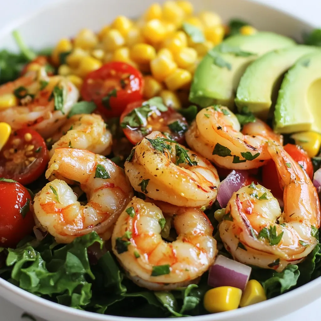 - Large shrimp (1 lb, peeled and deveined) - Mixed greens (4 cups: spinach, arugula, kale) - Cherry tomatoes (1 cup, halved) - Fresh lime juice (3 tablespoons) - Honey (1 tablespoon) - Cumin (1 teaspoon) - Diced avocado (1) - Corn kernels (1/2 cup, fresh or frozen) - Red onion (1/4 cup, thinly sliced) - Olive oil (2 tablespoons) - Salt and pepper to taste - Fresh cilantro for garnish This Zesty Lime Shrimp Salad is vibrant and full of texture. The main ingredients, like shrimp and greens, create a solid base. I love using large shrimp. They are meaty and juicy. Mixed greens add freshness. Spinach, arugula, and kale blend perfectly. Cherry tomatoes bring a sweet pop. I always halve them for easy bites. The dressing is where the magic happens. Fresh lime juice gives a bright flavor. Honey adds a touch of sweetness. Cumin offers a warm note. Don't forget the extras! Diced avocado adds creaminess. Corn kernels, whether fresh or frozen, give a nice crunch. Thinly sliced red onion adds a sharp bite. Olive oil helps the flavors mix. A pinch of salt and pepper enhances everything. Fresh cilantro makes a lovely garnish. It adds color and a burst of flavor. This dish is not just tasty; it’s also pretty. It looks great on a plate. Each ingredient plays a role in creating a delightful meal. {{ingredient_image_1}} First, we need to make the shrimp flavorful. In a bowl, mix the shrimp with olive oil, lime juice, cumin, salt, and pepper. Let the shrimp marinate for 15 minutes. This step helps the shrimp soak up all the tasty flavors. Now, let's cook the shrimp. Heat a skillet over medium-high heat. Add the marinated shrimp to the skillet. Cook each side for about 2-3 minutes. You want them to turn opaque. This shows they are fully cooked. Once done, remove them from heat and set them aside. Next, it’s time to mix our salad. In a large bowl, combine the mixed greens, cherry tomatoes, diced avocado, corn, and red onion. Toss everything gently. This keeps the veggies whole and fresh. For the dressing, grab a small bowl. Whisk together lime juice, honey, salt, and pepper. This dressing adds a zesty touch. Drizzle it over the salad mixture for extra flavor. Now, add the cooked shrimp to the salad mixture. Toss everything gently again. This ensures each bite has shrimp and veggies. Finally, serve the salad in bowls. Garnish with fresh cilantro on top. This adds a bright look and fresh taste. Enjoy your zesty lime shrimp salad! To get the best flavor from shrimp, marinate them well. Use a mix of olive oil, lime juice, cumin, salt, and pepper. Let them soak for 15 minutes. This time helps the shrimp absorb all those tasty flavors. You can also add garlic or chili for a kick. Just don’t marinate for too long, or the shrimp can become tough. Cooking shrimp is simple. Heat a skillet over medium-high heat. Add the marinated shrimp and cook for 2-3 minutes on each side. Watch them closely! When they turn opaque, they are done. Overcooking can make them chewy. If you see them curl up, they are ready to come off the heat. Garnish your salad with fresh cilantro for extra flavor. You can also add slices of lime or a sprinkle of chili flakes. For sides, consider serving with crusty bread or tortilla chips. This adds crunch and balance to the meal. A glass of iced tea or lemonade pairs nicely too! Pro Tips Freshness is Key: Always choose fresh shrimp for the best flavor and texture. If using frozen shrimp, ensure they are fully thawed before cooking. Perfectly Cooked Shrimp: Shrimp cook quickly; watch them closely to avoid overcooking. They are done when they turn opaque and form a C shape. Customize Your Greens: Feel free to mix and match your greens. You can add romaine, butter lettuce, or even some herbs to enhance flavor. Make it a Meal: To turn this salad into a heartier meal, consider adding quinoa or brown rice for added texture and nutrition. {{image_2}} You can add more veggies or proteins to your Zesty Lime Shrimp Salad. Consider these tasty options: - Bell Peppers: Slice some colorful bell peppers for crunch. - Cucumber: Add diced cucumber for a refreshing bite. - Black Beans: Toss in black beans for protein and fiber. - Mango: Diced mango can bring a sweet twist. - Quinoa: Add cooked quinoa for extra texture and nutrients. These add-ins let you tailor the salad to your taste. Mix and match to create your perfect dish! While the lime dressing is zesty, you can switch things up. Here are some great alternatives: - Creamy Avocado Dressing: Blend avocado, lime juice, and yogurt for a rich dressing. - Honey Mustard Vinaigrette: Mix honey, mustard, and olive oil for a sweet and tangy flavor. - Cilantro Lime Dressing: Blend cilantro, lime juice, and garlic for a fresh twist. These dressings can add new layers of flavor to your shrimp salad. Feel free to experiment! Making your salad fun to eat can enhance the experience. Here are some creative serving ideas: - Tacos: Scoop the salad into corn or flour tortillas for a tasty taco. - Wraps: Use lettuce leaves to wrap the salad for a low-carb option. - Stuffed Avocados: Halve an avocado and fill it with the salad for a stunning presentation. These serving styles make your Zesty Lime Shrimp Salad more enjoyable. Try them out for a fresh take! To keep your Zesty Lime Shrimp Salad fresh, store leftovers in the refrigerator. Use an airtight container for best results. It will stay good for about two days. Separate the shrimp from the greens if possible. This helps prevent soggy greens. For long-term storage, you can freeze the shrimp salad. Place it in a freezer-safe container. The shrimp can freeze well for up to three months. However, I recommend freezing only the shrimp. Other ingredients do not freeze well. When ready to eat, thaw the shrimp in the fridge overnight. To avoid spoilage, follow some simple tips. First, use fresh ingredients whenever possible. Check the date on the shrimp package before buying. Store the salad in the coldest part of the fridge. Always keep the dressing separate until ready to eat. This keeps the salad fresh. Remember to check for any off smells or colors before eating leftovers. To add heat to your salad, try these ideas: - Add diced jalapeños for a fresh kick. - Sprinkle in some red pepper flakes. - Use a spicy sauce, like sriracha, in the dressing. - Try a dash of hot sauce on the shrimp before cooking. These changes will give your salad an exciting boost! Yes, you can use frozen shrimp! Here are some tips: - Thaw the shrimp first in cold water. - Pat them dry with a paper towel to remove excess moisture. - Ensure they are fully cooked, as frozen shrimp can be uneven. Using frozen shrimp is a great time-saver and still tastes good! You have plenty of choices for greens! Here are some options: - Spinach adds a nice texture. - Arugula offers a peppery flavor. - Romaine gives a crisp feel. - Kale is a sturdy choice that holds up well. Feel free to mix and match to find your favorite! This blog post highlighted the tasty Zesty Lime Shrimp Salad. We covered key ingredients like shrimp, greens, and tomatoes. I shared easy steps to marinate and cook the shrimp. We explored fun add-ins and dressing options, plus tips for storing leftovers. In closing, this salad is fresh, simple, and customizable. You can make it your own! Enjoy experimenting with flavors and have fun with your meal.