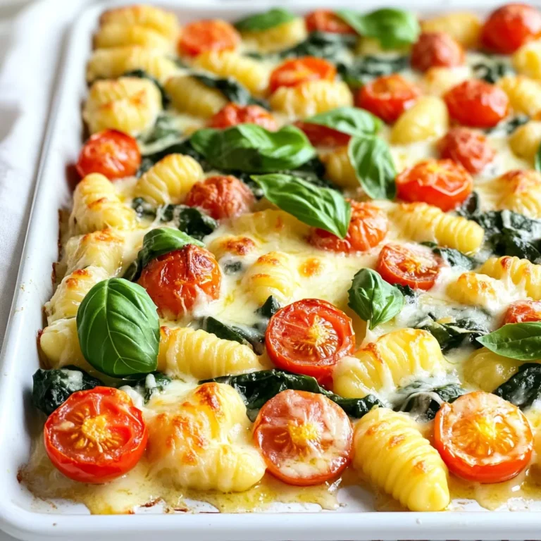 - 1 pound gnocchi (store-bought or homemade) - 6 tablespoons unsalted butter - 4 cloves garlic, minced - 1 cup cherry tomatoes, halved - 1 cup fresh spinach - 1 cup mozzarella cheese, shredded - ¼ cup grated Parmesan cheese - 1 teaspoon Italian seasoning - Salt and pepper to taste - Fresh basil, for garnish You can swap out mozzarella for any cheese you love. Cheddar or Gouda work well, too. For veggies, try bell peppers or zucchini. They add color and taste. If you want a gluten-free dish, look for gluten-free gnocchi. Many brands offer this option. You can also use cauliflower gnocchi for a lighter choice. These swaps keep the dish fresh and fun. 1. Preheat your oven to 400°F (200°C). This step is key for even cooking. 2. Line a large baking sheet with parchment paper. This makes cleanup easy and keeps the gnocchi from sticking. 3. In a small saucepan, melt 6 tablespoons of unsalted butter over medium heat. 4. Add 4 cloves of minced garlic to the butter. Sauté for 1-2 minutes. Watch closely so the garlic does not brown. 1. Remove the garlic butter from heat. 2. Toss 1 pound of gnocchi in the pan until it is evenly coated. This adds great flavor. 3. Spread the coated gnocchi on the prepared baking sheet in a single layer. 4. Add 1 cup of halved cherry tomatoes and 1 cup of fresh spinach on top of the gnocchi. Drizzle any leftover garlic butter over the veggies. 1. Sprinkle 1 teaspoon of Italian seasoning, salt, and pepper over the entire sheet. 2. Bake in the preheated oven for 20 minutes. 3. After 20 minutes, remove the baking sheet. Stir gently to help everything cook evenly. 4. Sprinkle 1 cup of shredded mozzarella cheese and ¼ cup of grated Parmesan cheese over the top. 5. Return to the oven for 10 more minutes or until the cheese is melted and bubbly. 6. Once out of the oven, let it cool for a few minutes. Garnish with fresh basil before serving. To cook gnocchi perfectly, follow these tips: - Cooking time: Bake the gnocchi for 20 minutes at 400°F. Stir them halfway for even cooking. - Signs of doneness: Look for golden edges and a slightly crispy surface. The cheese should be melted and bubbly. To boost the flavor of your dish, try these ideas: - Adding herbs and spices: Fresh basil adds a nice touch. You can also use thyme or parsley for extra flavor. - Achieving a crispy top: Broil the dish for a few minutes after baking. Watch carefully to prevent burning. When it comes to serving, consider these options: - Presentation ideas: Serve directly from the sheet pan for a rustic feel. Use small plates for individual servings. - Pairing with sauces or side dishes: A light marinara sauce or a simple green salad works well. Garlic bread also pairs nicely with this dish. {{image_2}} You can easily change this dish to fit your taste. If you want a vegetarian option, skip the meat and add more veggies. Zucchini, bell peppers, or mushrooms work great. They add color and flavor. If you crave protein, consider adding chicken or sausage. Cook the meat first, then mix it in with the gnocchi. This step adds heartiness to the dish. You can use slices of cooked sausage or diced grilled chicken. Both will make your meal more filling and tasty. You can cook this dish in an air fryer for a crispy texture. Preheat the air fryer to 400°F. Then, place the coated gnocchi and veggies in the basket. Cook for about 15 to 20 minutes, shaking the basket halfway through. Add the cheese for the last five minutes. This method gives you a different twist on the classic recipe. If you prefer a skillet, you can sauté the gnocchi. Use a large pan over medium heat with butter and garlic. Add the gnocchi and cook until golden brown. Then, toss in the veggies and cheese. Cover the pan and let it cook until the cheese melts. This method is quick and full of flavor. To keep your Sheet Pan Garlic Butter Gnocchi Bake fresh, store it right. First, let it cool to room temperature. Then, place it in an airtight container. This helps keep the flavors intact. You can store it in the fridge for up to three days. For longer storage, consider freezing it. Portion it into smaller containers for easy meals later. Just remember to label them with the date. When you're ready to enjoy leftovers, reheating is key. The best method is using the oven. Preheat your oven to 350°F (175°C). Place the gnocchi bake in an oven-safe dish. Cover it with foil to keep moisture in. Heat for about 15-20 minutes. Check if it's warm throughout before serving. You can also use the microwave for quicker reheating. Heat in 30-second bursts, stirring in between. This keeps the texture nice and creamy. Can I use frozen gnocchi? Yes, frozen gnocchi works great in this dish. Just toss it in the garlic butter as you would fresh gnocchi. You may need to bake it a bit longer to ensure it cooks through. What other vegetables can I add to the bake? You can add many veggies to this bake. Consider bell peppers, zucchini, or broccoli. These add color and nutrients. Just chop them into even pieces for best cooking. Estimated calories per serving This recipe has about 400 calories per serving. This can vary based on cheese and butter amounts used. Tips for making it healthier To lighten this dish, use less cheese or switch to low-fat options. You can also add more veggies to increase fiber and nutrients. What to do if the gnocchi is mushy If your gnocchi ends up mushy, check the cooking time. Avoid overcooking in the oven. Next time, reduce the baking time slightly. Solutions for uneven cooking results If you have uneven cooking, try stirring the gnocchi and veggies halfway through baking. Spreading them evenly on the pan helps too. In this blog post, I covered a delicious gnocchi bake. I shared the key ingredients, easy instructions, and helpful tips. You learned about ingredient swaps and different cooking methods. These ideas help you make this dish your own. Remember, you can store leftovers well and reheat them easily. Embrace creativity in the kitchen. With these ideas, you can enjoy gnocchi in many tasty ways. Try new things, have fun cooking, and make each bite count!