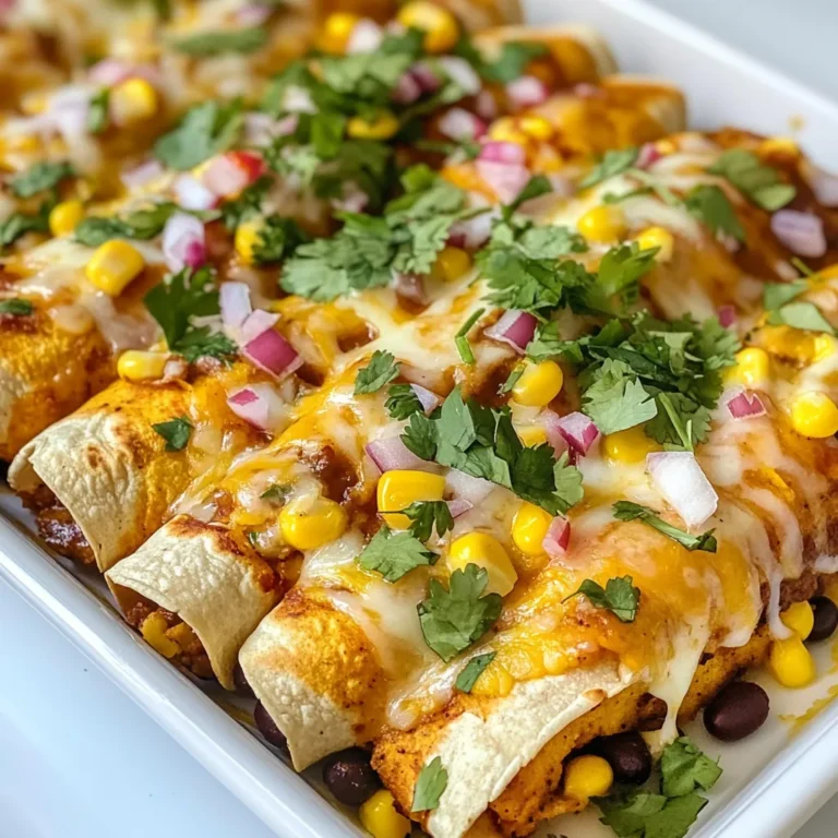 To make these enchiladas, gather the following ingredients: - 2 medium sweet potatoes, peeled and cubed - 1 can (15 oz) black beans, rinsed and drained - 1 cup corn (fresh or frozen) - 1/2 cup red onion, finely chopped - 2 cloves garlic, minced - 1 teaspoon ground cumin - 1 teaspoon smoked paprika - 1/2 teaspoon chili powder - Salt and pepper to taste - 8 corn or flour tortillas - 1 1/2 cups enchilada sauce (store-bought or homemade) - 1 cup shredded cheese (cheddar or a vegan alternative) - Fresh cilantro, for garnish If you need to switch things up, here are some easy swaps: - Use butternut squash instead of sweet potatoes for a different flavor. - Swap black beans for pinto or kidney beans if you prefer. - Try quinoa or rice instead of corn for added texture. - For tortillas, you can use whole wheat or gluten-free options. - Consider using nutritional yeast instead of cheese for a dairy-free option. These enchiladas are not just tasty; they are also packed with nutrition. Here’s a quick look: - Sweet Potatoes: Rich in vitamins A and C, fiber, and antioxidants. - Black Beans: A great source of protein and fiber, helping to keep you full. - Corn: Adds fiber and a touch of sweetness, plus it’s high in vitamins. - Cheese: Provides calcium and protein, but you can skip it for a lighter dish. Each serving offers a balanced mix of carbs, protein, and healthy fats. Enjoy these enchiladas guilt-free! {{ingredient_image_1}} To start, preheat your oven to 375°F (190°C). This warm-up helps cook the enchiladas evenly. Next, take a large pot and either steam or boil the sweet potatoes for about 10 to 15 minutes. You want them fork-tender. Once done, drain the sweet potatoes and put them back in the pot. Now it's time to make the filling. Add the rinsed black beans to the sweet potatoes. Then, mix in the corn, finely chopped red onion, and minced garlic. For flavor, add one teaspoon of ground cumin and smoked paprika. Then, sprinkle in half a teaspoon of chili powder, along with salt and pepper to taste. Mix everything well until combined. Grab a baking dish and spread half a cup of enchilada sauce evenly at the bottom. Warm your corn or flour tortillas in a pan for a few seconds or in the microwave. This step makes them easier to roll. Spoon about one-third cup of your sweet potato mixture onto each tortilla and roll them up tightly. Place the rolled tortillas seam-side down in the baking dish. Repeat until all the enchiladas are in the dish. Pour the remaining enchilada sauce over the top, making sure all the tortillas are covered. Sprinkle shredded cheese evenly over the sauce. Cover the baking dish with foil and bake for 20 minutes. After that, remove the foil and bake for another 10 minutes. You want the cheese to be melted and bubbly. Once done, take it out and let it cool for a few minutes. Enjoy your delicious enchiladas! To cook sweet potatoes well, start with fresh ones. Look for firm, smooth skin. Peel and cube them into even pieces. This helps them cook evenly. You can steam or boil them. I prefer steaming for better flavor. Cook for 10 to 15 minutes until they are fork-tender. Don't overcook; they should hold their shape. After cooking, let them cool a bit before mixing with other ingredients. To make your enchiladas burst with flavor, use fresh spices. Ground cumin and smoked paprika add warmth. Use good-quality enchilada sauce for depth. Mix the sweet potato filling well to blend flavors. Don’t skip the garlic and onion; they add great taste. If you like heat, add more chili powder. Remember to season with salt and pepper to enhance all the flavors. Serve your enchiladas warm on a bright plate. Drizzle extra enchilada sauce on top for a pop of color. Garnish with fresh cilantro for added freshness. You can pair them with a side salad for crunch. A dollop of sour cream or yogurt adds creaminess. For a drink, try a light beer or a fruity mocktail. Enjoy your meal with family or friends for a fun dining experience! Pro Tips Choose the Right Sweet Potatoes: Look for firm, smooth sweet potatoes without blemishes or soft spots for the best flavor and texture. Enhance the Flavor: Consider adding a squeeze of lime juice or a pinch of cayenne pepper to the filling for an extra kick. Make Ahead: You can prepare the filling and assemble the enchiladas a day in advance. Just cover and refrigerate until you’re ready to bake. Experiment with Toppings: Try adding avocado slices, sour cream, or a sprinkle of feta cheese on top before serving for added flavor and creaminess. {{image_2}} You can easily make these enchiladas vegetarian or vegan. For a vegetarian twist, simply use regular cheese. If you want it vegan, swap the cheese for a plant-based option. Nutritional yeast is another great choice. It adds a cheesy flavor without any dairy. The filling is very flexible. You can add other veggies like spinach, zucchini, or bell peppers. If you like a little spice, add jalapeños to the mix. You can also use quinoa or lentils instead of black beans. They provide protein and a different taste. The sauce can change the whole dish. Try green enchilada sauce for a fresh twist. A red sauce adds a rich flavor, while a mole sauce gives it depth. For toppings, go beyond cheese. Consider avocado, sour cream, or guacamole. Fresh lime juice can brighten the dish, too. Each choice brings a unique taste to your enchiladas. To store leftover enchiladas, let them cool first. Place them in an airtight container. You can keep them in the fridge for 3 to 4 days. Make sure to cover the enchiladas with sauce to keep them moist. This helps keep the flavors fresh. Freezing enchiladas is easy and great for meal prep. First, let them cool completely. Then, wrap each enchilada in plastic wrap. Place the wrapped enchiladas in a freezer-safe bag. They can last in the freezer for about 3 months. When you’re ready to eat, just thaw in the fridge overnight. Reheating enchiladas can be simple and tasty. Preheat your oven to 350°F (175°C). Place the enchiladas in an oven-safe dish. Pour some sauce over them to keep them moist. Cover with foil and heat for about 20 minutes. If you want the cheese to melt more, take off the foil for the last 5 minutes. Enjoy them warm! Yes, you can make these enchiladas ahead. Prepare the filling and assemble them. Cover the dish tightly and store it in the fridge for up to 24 hours. When ready to bake, just add extra baking time if they are cold. If you want a swap for tortillas, try using large cabbage leaves or gluten-free wraps. Both options work well and give a nice texture. You can also use polenta slices or even thinly sliced sweet potatoes for a fun twist. Yes, enchiladas can be gluten-free. Use corn tortillas, which are naturally gluten-free. Always check the labels if you buy store-bought tortillas. If you are gluten-free, ensure your enchilada sauce is also free from gluten. Sweet Potato Black Bean Enchiladas offer a tasty and healthy meal option. We explored the ingredients, cooking steps, and useful tips. You learned how to customize this dish with different flavors and variations. Storing leftovers and reheating them properly ensures you'll enjoy your enchiladas later. Remember, cooking should be fun and creative. Try new twists that make it your own! Enjoy every bite of your delicious creation!