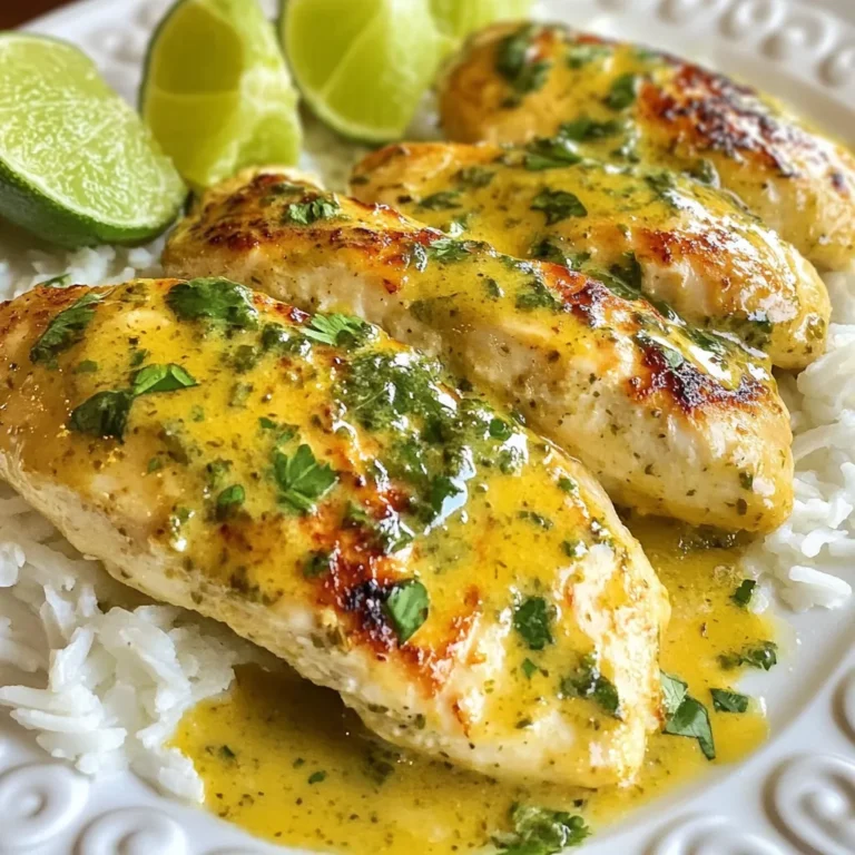 To make this tasty dish, gather these key items: - 4 boneless, skinless chicken breasts - 1 cup coconut milk - 1/2 cup cilantro, finely chopped - 2 tablespoons lime juice - 1 tablespoon lime zest - 3 cloves garlic, minced - 1 teaspoon ground cumin - 1 teaspoon chili powder - Salt and pepper to taste - 1 tablespoon olive oil These ingredients create a blend of fresh, bright flavors with a creamy texture. The coconut milk adds richness, while lime gives a nice zing. You can add a few garnishes to make your dish pop: - Lime wedges - Extra cilantro These add color and freshness. They also enhance the dish’s flavor. You may need to swap some ingredients: - Use chicken thighs instead of breasts for more flavor. - Swap coconut milk with heavy cream for a richer sauce. - If you don’t have cilantro, try parsley for a different taste. - For a spicy kick, add fresh jalapeños or red pepper flakes. These substitutions keep the dish flexible while still being delicious. Enjoy creating your unique version! {{ingredient_image_1}} First, make sure to pat the chicken breasts dry with paper towels. This step helps the seasonings stick well. Next, sprinkle salt, pepper, ground cumin, and chili powder on both sides of the chicken. This mix gives the chicken a great flavor. Heat a large skillet over medium-high heat and add olive oil. Once the oil is hot, carefully place the seasoned chicken breasts in the skillet. Sear them for 5 to 7 minutes on each side. You want them golden brown and cooked through. When done, remove the chicken and set it aside on a plate. In the same skillet, lower the heat to medium and add minced garlic. Sauté it for about 30 seconds until you smell that tasty aroma. Pour in the coconut milk, lime juice, and lime zest. Stir well, then bring this mixture to a gentle simmer. Add the finely chopped cilantro and stir again. Let the sauce thicken for about 3 to 5 minutes. Now, return the chicken to the skillet. Spoon some of that creamy sauce over the chicken. Let it simmer for an extra 2 to 3 minutes. This step helps the chicken soak up all those delicious flavors. Taste the sauce and add salt and pepper if needed. Serve the chicken hot, drizzled with the creamy cilantro lime sauce. For a nice look, you can garnish it with extra cilantro and lime wedges. This adds a fresh touch to your dish and makes it even more inviting. Enjoy your meal! To get juicy chicken breasts, start with dry meat. Pat them with paper towels. Season both sides with salt, pepper, cumin, and chili powder. Heat olive oil in a skillet over medium-high heat. Sear the chicken for 5-7 minutes on each side. Look for a golden color. Use a meat thermometer to check the center. It should reach 165°F. If you cut into it, the juices should run clear. To boost flavor, use fresh ingredients. Fresh cilantro adds a bright taste. Lime juice and zest give a nice kick. Minced garlic provides depth. Don't skip on seasoning; it brings everything together. Adjust salt and pepper to your liking. If you want a bit of heat, add a pinch of cayenne or more chili powder. For the sauce, use the same pan you cooked the chicken in. This captures all the tasty bits. After cooking the garlic, pour in the coconut milk, lime juice, and zest. Stir to combine. Let it simmer gently to thicken. Adding cilantro last keeps its flavor fresh. If the sauce is too thick, add a splash of water or broth. This makes it creamy but not heavy. Pro Tips Marinate for Extra Flavor: For an even richer taste, consider marinating the chicken in the coconut milk, lime juice, and spices for at least 1 hour or overnight before cooking. Adjust Creaminess: If you prefer a thicker sauce, let the coconut milk simmer longer to reduce it, stirring occasionally to prevent sticking. Fresh Ingredients Matter: Using fresh lime juice and cilantro will enhance the flavor of the dish significantly compared to bottled options. Serve with Sides: This dish pairs beautifully with rice, quinoa, or a fresh salad to balance the creaminess of the sauce. {{image_2}} To add heat, use jalapeños or red pepper flakes. Start by finely chopping one jalapeño. Add it to the garlic in the skillet. This extra kick pairs well with the creamy sauce. For a smokier flavor, use smoked paprika instead of chili powder. You can adjust the spice level to your taste. If you want a vegetarian option, replace chicken with tofu or chickpeas. Tofu absorbs flavors well, making it a great choice. Use firm tofu for the best results. Cook it until golden brown before adding the sauce. Chickpeas can also add protein and texture. Just mix them into the sauce and simmer until heated through. Serve your creamy cilantro lime chicken over rice or quinoa. This helps soak up the delicious sauce. For a fresh touch, add a side of mixed greens or avocado slices. You can also serve it with warm tortillas for a fun twist. Squeeze extra lime juice on top for added brightness. After you enjoy your creamy cilantro lime chicken, store any leftovers in an airtight container. This keeps the flavors fresh. Let the chicken cool to room temperature before sealing it. You can keep it in the fridge for up to three days. Make sure to label it with the date for easy tracking. When you’re ready to eat your leftovers, reheating is simple. Place the chicken in a skillet over low heat. Add a splash of coconut milk to keep it moist. Heat for about 5-7 minutes, flipping once. You can also use the microwave. Place the chicken in a microwave-safe dish, cover it, and heat for 1-2 minutes. Check if it’s hot all the way through. If you want to save your creamy cilantro lime chicken for later, freezing is a great option. First, let the chicken cool completely. Then, wrap it tightly in plastic wrap. Place it in a freezer-safe bag or container. You can freeze it for up to three months. When ready to eat, thaw in the fridge overnight and reheat as mentioned above. You can serve this dish with many tasty sides. I love pairing it with rice or quinoa. A fresh salad works great too. You could add some avocado for a creamy touch. Tortillas or warm naan make a nice addition as well. If you want more color, try grilled veggies on the side. To make this dish dairy-free, use coconut milk. It gives a rich, creamy flavor without dairy. You can also try almond milk, but the texture may be thinner. Adding a bit of cashew cream can help if you need more creaminess. Always check labels to avoid any hidden dairy. Yes, you can use bone-in chicken. The cooking time will change, so be aware of that. Bone-in chicken needs more time to cook thoroughly. Make sure to check the internal temperature; it should reach 165°F. This method can add extra flavor to the dish. To store the sauce separately, let it cool first. Pour it into an airtight container. It can last in the fridge for about 3 days. If you want to keep it longer, freeze it. Just thaw it overnight in the fridge before reheating. Always stir it well before using again. This blog post covered the key ingredients, steps, and tips for making Creamy Cilantro Lime Chicken. You learned about required and optional ingredients, ways to cook chicken perfectly, and how to enhance flavors. I also shared storage methods and answered common questions. Now, you have the tools to make this dish a hit. Enjoy getting creative with flavors and make it your own!