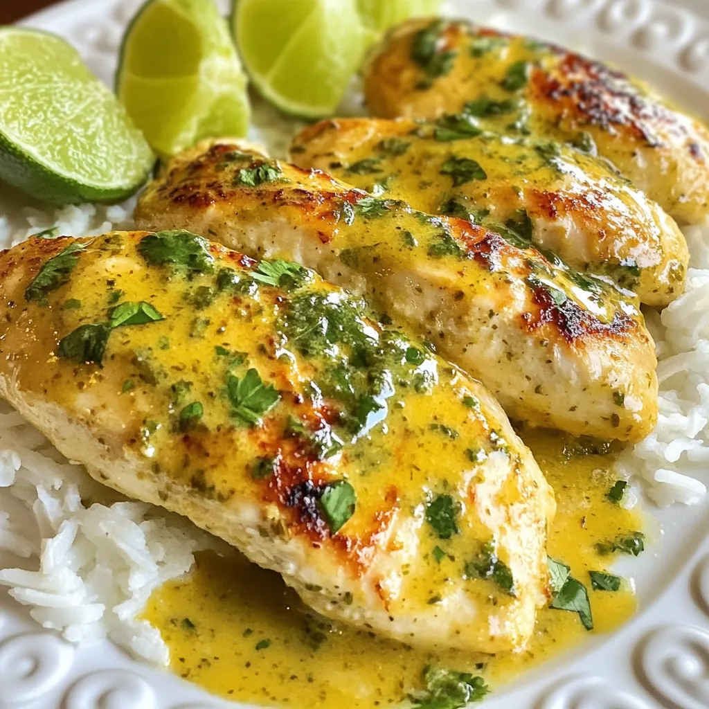 To make this tasty dish, gather these key items: - 4 boneless, skinless chicken breasts - 1 cup coconut milk - 1/2 cup cilantro, finely chopped - 2 tablespoons lime juice - 1 tablespoon lime zest - 3 cloves garlic, minced - 1 teaspoon ground cumin - 1 teaspoon chili powder - Salt and pepper to taste - 1 tablespoon olive oil These ingredients create a blend of fresh, bright flavors with a creamy texture. The coconut milk adds richness, while lime gives a nice zing. You can add a few garnishes to make your dish pop: - Lime wedges - Extra cilantro These add color and freshness. They also enhance the dish’s flavor. You may need to swap some ingredients: - Use chicken thighs instead of breasts for more flavor. - Swap coconut milk with heavy cream for a richer sauce. - If you don’t have cilantro, try parsley for a different taste. - For a spicy kick, add fresh jalapeños or red pepper flakes. These substitutions keep the dish flexible while still being delicious. Enjoy creating your unique version! {{ingredient_image_1}} First, make sure to pat the chicken breasts dry with paper towels. This step helps the seasonings stick well. Next, sprinkle salt, pepper, ground cumin, and chili powder on both sides of the chicken. This mix gives the chicken a great flavor. Heat a large skillet over medium-high heat and add olive oil. Once the oil is hot, carefully place the seasoned chicken breasts in the skillet. Sear them for 5 to 7 minutes on each side. You want them golden brown and cooked through. When done, remove the chicken and set it aside on a plate. In the same skillet, lower the heat to medium and add minced garlic. Sauté it for about 30 seconds until you smell that tasty aroma. Pour in the coconut milk, lime juice, and lime zest. Stir well, then bring this mixture to a gentle simmer. Add the finely chopped cilantro and stir again. Let the sauce thicken for about 3 to 5 minutes. Now, return the chicken to the skillet. Spoon some of that creamy sauce over the chicken. Let it simmer for an extra 2 to 3 minutes. This step helps the chicken soak up all those delicious flavors. Taste the sauce and add salt and pepper if needed. Serve the chicken hot, drizzled with the creamy cilantro lime sauce. For a nice look, you can garnish it with extra cilantro and lime wedges. This adds a fresh touch to your dish and makes it even more inviting. Enjoy your meal! To get juicy chicken breasts, start with dry meat. Pat them with paper towels. Season both sides with salt, pepper, cumin, and chili powder. Heat olive oil in a skillet over medium-high heat. Sear the chicken for 5-7 minutes on each side. Look for a golden color. Use a meat thermometer to check the center. It should reach 165°F. If you cut into it, the juices should run clear. To boost flavor, use fresh ingredients. Fresh cilantro adds a bright taste. Lime juice and zest give a nice kick. Minced garlic provides depth. Don't skip on seasoning; it brings everything together. Adjust salt and pepper to your liking. If you want a bit of heat, add a pinch of cayenne or more chili powder. For the sauce, use the same pan you cooked the chicken in. This captures all the tasty bits. After cooking the garlic, pour in the coconut milk, lime juice, and zest. Stir to combine. Let it simmer gently to thicken. Adding cilantro last keeps its flavor fresh. If the sauce is too thick, add a splash of water or broth. This makes it creamy but not heavy. Pro Tips Marinate for Extra Flavor: For an even richer taste, consider marinating the chicken in the coconut milk, lime juice, and spices for at least 1 hour or overnight before cooking. Adjust Creaminess: If you prefer a thicker sauce, let the coconut milk simmer longer to reduce it, stirring occasionally to prevent sticking. Fresh Ingredients Matter: Using fresh lime juice and cilantro will enhance the flavor of the dish significantly compared to bottled options. Serve with Sides: This dish pairs beautifully with rice, quinoa, or a fresh salad to balance the creaminess of the sauce. {{image_2}} To add heat, use jalapeños or red pepper flakes. Start by finely chopping one jalapeño. Add it to the garlic in the skillet. This extra kick pairs well with the creamy sauce. For a smokier flavor, use smoked paprika instead of chili powder. You can adjust the spice level to your taste. If you want a vegetarian option, replace chicken with tofu or chickpeas. Tofu absorbs flavors well, making it a great choice. Use firm tofu for the best results. Cook it until golden brown before adding the sauce. Chickpeas can also add protein and texture. Just mix them into the sauce and simmer until heated through. Serve your creamy cilantro lime chicken over rice or quinoa. This helps soak up the delicious sauce. For a fresh touch, add a side of mixed greens or avocado slices. You can also serve it with warm tortillas for a fun twist. Squeeze extra lime juice on top for added brightness. After you enjoy your creamy cilantro lime chicken, store any leftovers in an airtight container. This keeps the flavors fresh. Let the chicken cool to room temperature before sealing it. You can keep it in the fridge for up to three days. Make sure to label it with the date for easy tracking. When you’re ready to eat your leftovers, reheating is simple. Place the chicken in a skillet over low heat. Add a splash of coconut milk to keep it moist. Heat for about 5-7 minutes, flipping once. You can also use the microwave. Place the chicken in a microwave-safe dish, cover it, and heat for 1-2 minutes. Check if it’s hot all the way through. If you want to save your creamy cilantro lime chicken for later, freezing is a great option. First, let the chicken cool completely. Then, wrap it tightly in plastic wrap. Place it in a freezer-safe bag or container. You can freeze it for up to three months. When ready to eat, thaw in the fridge overnight and reheat as mentioned above. You can serve this dish with many tasty sides. I love pairing it with rice or quinoa. A fresh salad works great too. You could add some avocado for a creamy touch. Tortillas or warm naan make a nice addition as well. If you want more color, try grilled veggies on the side. To make this dish dairy-free, use coconut milk. It gives a rich, creamy flavor without dairy. You can also try almond milk, but the texture may be thinner. Adding a bit of cashew cream can help if you need more creaminess. Always check labels to avoid any hidden dairy. Yes, you can use bone-in chicken. The cooking time will change, so be aware of that. Bone-in chicken needs more time to cook thoroughly. Make sure to check the internal temperature; it should reach 165°F. This method can add extra flavor to the dish. To store the sauce separately, let it cool first. Pour it into an airtight container. It can last in the fridge for about 3 days. If you want to keep it longer, freeze it. Just thaw it overnight in the fridge before reheating. Always stir it well before using again. This blog post covered the key ingredients, steps, and tips for making Creamy Cilantro Lime Chicken. You learned about required and optional ingredients, ways to cook chicken perfectly, and how to enhance flavors. I also shared storage methods and answered common questions. Now, you have the tools to make this dish a hit. Enjoy getting creative with flavors and make it your own!