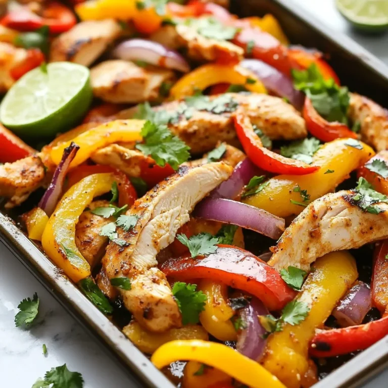 For this recipe, you will need: - 1.5 lbs boneless, skinless chicken breasts, sliced into thin strips - 2 bell peppers (one red, one yellow), sliced - 1 medium red onion, sliced - 3 cloves garlic, minced These main ingredients form the heart of your fajitas. The chicken adds protein, while the peppers and onion bring color and crunch. To make your fajitas pop, gather these spices: - 2 tablespoons olive oil - 2 teaspoons chili powder - 1 teaspoon cumin - 1 teaspoon paprika - ½ teaspoon salt - ½ teaspoon black pepper - ½ lime, juiced These spices give your dish depth and warmth. The chili powder and cumin are key for that classic fajita taste. When it comes to toppings, think fresh and bright. Here are some great ideas: - Fresh cilantro, for garnish - Tortillas for serving (flour or corn) - Sour cream - Guacamole - Salsa These toppings add a creamy and zesty finish to your fajitas. Serve everything warm for the best experience. {{ingredient_image_1}} First, gather your ingredients. You need: - 1.5 lbs boneless, skinless chicken breasts, sliced into thin strips - 2 bell peppers (one red, one yellow), sliced - 1 medium red onion, sliced - 3 cloves garlic, minced - 2 tablespoons olive oil - 2 teaspoons chili powder - 1 teaspoon cumin - 1 teaspoon paprika - ½ teaspoon salt - ½ teaspoon black pepper - ½ lime, juiced - Fresh cilantro, for garnish - Tortillas for serving (flour or corn) Next, preheat your oven to 425°F (220°C). Line a large baking sheet with parchment paper or grease it lightly. This helps with easy cleanup later. In a large bowl, add your sliced chicken, bell peppers, onion, and minced garlic. Drizzle the olive oil over the mixture. Now, sprinkle in the chili powder, cumin, paprika, salt, and black pepper. Squeeze the lime juice on top. Use your hands or a spoon to mix everything well. Make sure every piece is coated with the spices and oil. Spread the chicken and vegetable mix evenly on the baking sheet. Do not overcrowd the pieces; this helps them roast nicely. Bake in your preheated oven for 20-25 minutes. Stir the mix halfway through to ensure even cooking. The chicken should be cooked through and the veggies tender. Once you take it out, let it rest for a few minutes. If you like, add a final squeeze of lime and sprinkle with fresh cilantro. Serve the mixture in warm tortillas. Enjoy your meal! To get juicy chicken, start with thin strips. They cook faster and stay moist. Use a meat thermometer. The chicken should reach 165°F. Check the thickest part to be sure. When you mix the chicken with the spices, coat it well. This adds flavor and helps keep it juicy. Bake the chicken for 20-25 minutes. Stir halfway through for even cooking. For tender veggies, slice them thin. This helps them cook fast and evenly. Add bell peppers and red onions to the pan. They add sweetness and crunch. Check them at the 15-minute mark. If they look soft but not mushy, they’re ready. You want vibrant colors for a beautiful dish. To change the flavor, try different spices. Add chipotle for smokiness or oregano for earthiness. You can also swap the lime juice for lemon juice. This gives a fresh twist. If you love heat, add jalapeños or red pepper flakes. Don’t be afraid to experiment! Mix in your favorite veggies or proteins too. This dish is all about your taste. Pro Tips Use Fresh Ingredients: Fresh bell peppers and onions will enhance the flavor and texture of your fajitas, making them more vibrant and delicious. Marinate for More Flavor: For an extra boost of flavor, consider marinating the chicken in the spice mixture for 30 minutes to a few hours before cooking. Temperature Matters: Ensure your oven is fully preheated before baking to achieve perfectly cooked chicken and tender vegetables. Customizable Toppings: Feel free to customize your fajitas with toppings like cheese, jalapeños, or avocado to suit your taste preferences. {{image_2}} You can swap chicken for shrimp or tofu. Shrimp cooks quickly and adds a nice twist. Use about 1.5 pounds of shrimp, peeled and deveined. If you choose tofu, press it first to remove extra moisture. Cut the tofu into cubes, and marinate it just like the chicken. Both options work well with the same spices. Feel free to mix up the veggies. Zucchini or mushrooms can add more flavor. Try adding corn or even sweet potatoes for a change. Just make sure to cut the vegetables into similar sizes. This helps them cook evenly on the sheet pan. While tortillas are a classic, you can serve fajitas in many ways. Try over rice or quinoa for a hearty meal. You can also use a salad base for a fresh twist. Top with your favorite garnishes like guacamole or salsa, and enjoy! To store your leftover chicken fajitas, let them cool first. Then, place them in an airtight container. Make sure to seal it tightly. You can keep them in the fridge for up to three days. For best taste, try to eat them sooner. When you're ready to enjoy the leftovers, reheat them in the oven or microwave. To reheat in the oven, set it to 350°F (175°C). Spread the fajitas on a baking sheet. Heat for about 10-15 minutes until warm. If using a microwave, place a portion in a bowl and cover it. Heat in short bursts of 30 seconds until hot. You can also freeze chicken fajitas for future meals. After cooling, place fajitas in a freezer-safe bag. Squeeze out as much air as you can before sealing. They can stay in the freezer for up to three months. To use, thaw them in the fridge overnight. Then, reheat as described earlier. Yes, you can use frozen chicken. However, you must thaw it first. Thaw the chicken in the fridge overnight. If you need it quickly, use the microwave. After thawing, slice the chicken into thin strips. This helps it cook evenly with the veggies. If you want low-carb options, try lettuce wraps or cabbage leaves. These add a crisp texture and fresh taste. You can also use cauliflower tortillas. They are a great option to keep carbs low while enjoying the flavors. To add spice, increase the chili powder in the mix. You can also add sliced jalapeños or a pinch of cayenne pepper. For extra heat, top your fajitas with hot salsa. Adjust spice levels to fit your taste buds. We covered how to make easy sheet pan chicken fajitas. I shared the key ingredients, spices, and toppings you can use. You learned step-by-step instructions for prepping, mixing, and baking. I also gave tips for perfect chicken and tender veggies. Plus, we explored fun variations, storage info, and answered common questions. Now you can enjoy a tasty, simple meal whenever you want. Happy cooking!
