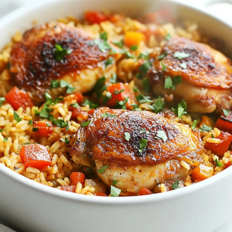 - 4 boneless, skinless chicken thighs - 1 tablespoon Cajun seasoning - 2 tablespoons olive oil - 1 onion, diced - 2 cloves garlic, minced - 1 bell pepper (red or green), diced - 1 cup long-grain rice - 1 can (14.5 oz) diced tomatoes, with juice - 2 cups chicken broth - 1 cup corn (fresh or frozen) - 1 teaspoon smoked paprika - Salt and pepper to taste - Fresh parsley, chopped (for garnish) This recipe uses simple, fresh ingredients to bring out the Cajun flair. The chicken thighs are juicy and full of flavor. Cajun seasoning adds that lovely spice we all crave. Olive oil helps brown the chicken and adds richness. The onion, garlic, and bell pepper create a flavorful base. They bring sweetness and depth to your dish. Long-grain rice absorbs all the tasty broth. Diced tomatoes add acidity and color. Corn gives a nice sweet crunch. For broth, use chicken broth to enhance the flavor. Smoked paprika adds a warm, smoky note. Salt and pepper balance all the flavors. Finally, fresh parsley brightens the dish and makes it look pretty. Gather these ingredients for a tasty one-pot meal that your family will love! {{ingredient_image_1}} - First, season the chicken thighs with Cajun seasoning, salt, and pepper. Make sure they are fully coated. This adds great flavor. - Next, heat two tablespoons of olive oil in a large pot over medium-high heat. Once hot, add the seasoned chicken. Brown each side for about five minutes. This gives the chicken a nice color and flavor. After browning, remove the chicken from the pot and set it aside. - In the same pot, add one diced onion, two minced garlic cloves, and one diced bell pepper. Sauté these for about three to four minutes. You want the veggies to soften and smell great. - After the vegetables are soft, add one cup of long-grain rice. Stir it well with the veggies. This helps the rice absorb the flavors. - Now, incorporate one can of diced tomatoes with their juice and two cups of chicken broth into the pot. Mix everything together well. - Next, nestle the browned chicken thighs back into the pot. Make sure they are partially submerged in the liquid. This helps the chicken cook evenly. - Bring the mixture to a boil. Once it boils, reduce the heat to low and cover the pot. Let it simmer for about 20 to 25 minutes. This allows the rice to cook and absorb most of the liquid. - After the rice is cooked, remove the pot from heat. Let it sit covered for an additional five minutes. This resting time helps the flavors blend. - Finally, fluff the rice with a fork. Garnish with fresh chopped parsley before serving. Enjoy your meal! To make your dish just right, taste as you cook. You can adjust the seasoning to your liking. If you want more heat, add more Cajun seasoning. For a twist, try adding a pinch of cayenne pepper or a dash of hot sauce. Choose a large pot or Dutch oven for this meal. A heavy pot helps cook food evenly. When you brown the chicken, make sure the pot is hot. This helps seal in the juices and gives a nice color. Don’t overcrowd the pot; cook in batches if needed. Pair your Cajun chicken and rice with a simple green salad. A fresh cucumber or tomato salad works well. For drinks, consider serving a chilled white wine like Sauvignon Blanc. It balances the spices and enhances the meal. Pro Tips Resting the Chicken: After cooking, let the chicken rest for a few minutes before serving. This helps to retain its juices and keeps it tender. Adjusting Spice Level: If you prefer a milder dish, reduce the amount of Cajun seasoning or add some cream to balance the heat. Using Fresh Ingredients: Fresh corn and bell peppers will enhance the flavor and texture of your dish, making it more vibrant. One-Pot Cooking: Ensure not to stir the rice too much while it cooks; this helps achieve a fluffy texture rather than a sticky one. {{image_2}} You can switch out chicken for shrimp or sausage for a tasty twist. Just cook shrimp until pink. If you use sausage, slice it and cook until browned. Both options pair well with Cajun spices. For a vegetarian choice, try using beans or tofu. Beans add protein and flavor, while tofu soaks up spices well. Long-grain rice is great, but you can use brown rice or quinoa. Brown rice takes longer to cook, so add about 10 extra minutes. Quinoa cooks faster than white rice, so check it at about 15 minutes. Each grain brings its own taste and texture to the dish. Don’t hesitate to add more veggies like zucchini or spinach. They boost nutrition and flavor. If you're in season, consider using fresh vegetables for the best taste. Seasonal veggies like bell peppers or carrots can change the dish while keeping it delicious. To store leftovers, let the dish cool down before placing it in a container. Use an airtight container for best results. This way, the flavors stay fresh. Leftovers can last in the fridge for about 3 to 4 days. Make sure to label the container with the date. This helps you keep track of how long it has been stored. You can freeze this one-pot meal for up to 3 months. To freeze, let it cool completely, then divide it into portions. Use freezer-safe containers or bags. Remember to remove as much air as possible to prevent freezer burn. When you're ready to eat, thaw it in the fridge overnight. Reheat on the stove over low heat, stirring often. You can also heat it in the microwave. Just add a splash of broth or water to keep it moist. Enjoy your Cajun chicken and rice any day! Yes, you can make this dish in a slow cooker. First, season the chicken thighs with Cajun seasoning. In a pan, brown them for about 5 minutes on each side. Transfer the chicken to the slow cooker. Next, add the onion, garlic, bell pepper, rice, diced tomatoes, chicken broth, corn, and smoked paprika to the slow cooker. Mix well. Cook on low for 4 to 6 hours or on high for 2 to 3 hours. The chicken will be tender and the rice will soak up all the flavors. If you don’t have Cajun seasoning, you can make your own blend. Mix these spices together: - 1 teaspoon paprika - 1 teaspoon onion powder - 1 teaspoon garlic powder - ½ teaspoon cayenne pepper - ½ teaspoon dried oregano - ½ teaspoon dried thyme This mix gives you a nice Cajun flavor without the store-bought blend. To add heat, you can increase the cayenne pepper in your seasoning. Adding sliced jalapeños or crushed red pepper flakes can also work. If you like a smoky flavor, try adding chipotle peppers in adobo sauce. These options let you control the spice level to your taste. Browning the chicken is very important. It adds a rich flavor to the dish. When you brown the chicken, it creates a nice crust. This crust enhances the taste as it cooks with the rice. Skipping this step may result in less flavor in your meal. You can serve this dish with a fresh salad or some garlic bread. A light green salad with vinaigrette works well. For drinks, try iced tea or a light white wine. These sides complement the bold flavors of the Cajun chicken and rice while keeping the meal balanced. This blog post covered a delicious One-Pot Cajun Chicken and Rice recipe. We explored the key ingredients, detailed steps for cooking, and tips for flavor. You learned how to customize the dish with protein or vegetable options. Storing tips ensure your leftovers stay fresh. Cooking is fun and easy with this recipe. Enjoy creating and sharing this meal with family or friends. You'll impress everyone with your cooking skills!