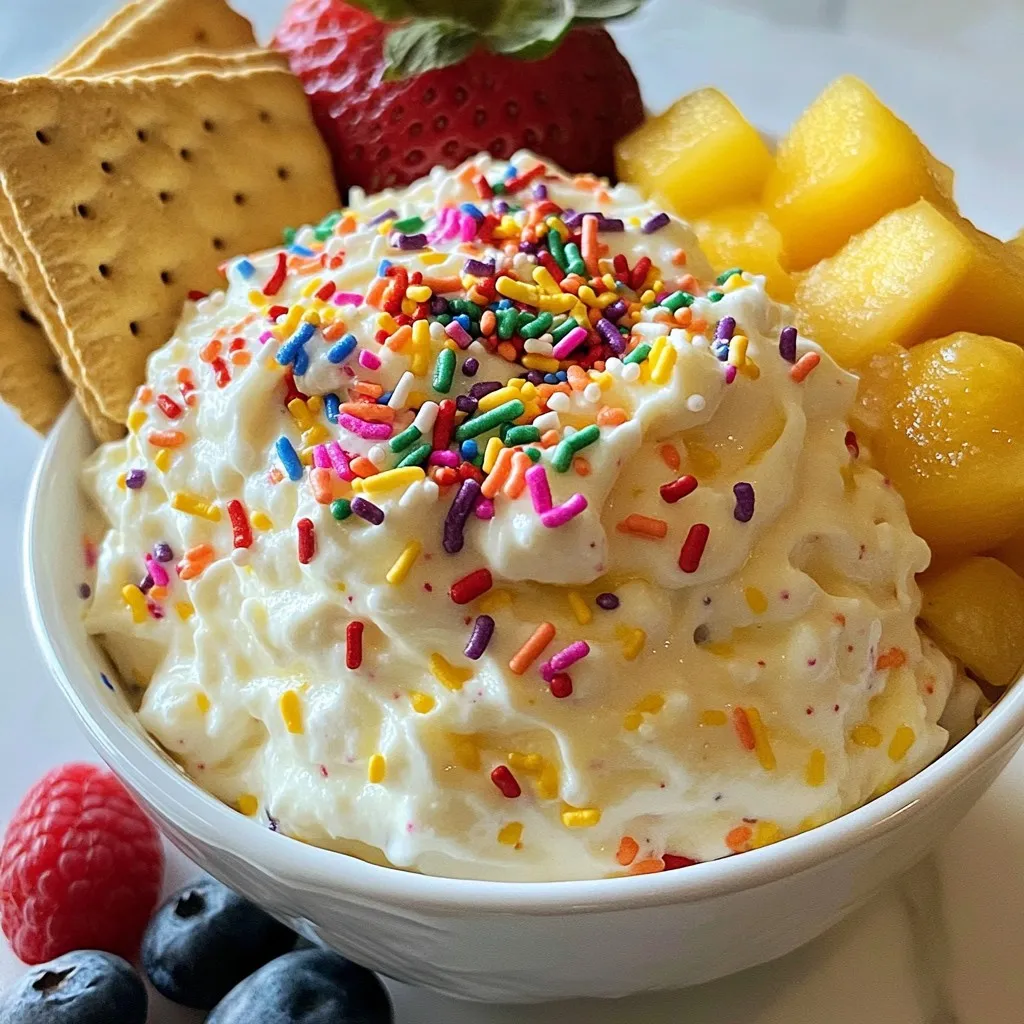 To make Funfetti Cake Batter Dip, gather these ingredients: - 1 cup vanilla cake mix - 1/2 cup cream cheese, softened - 1/4 cup butter, softened - 1/2 cup powdered sugar - 1/4 cup milk - 1 teaspoon vanilla extract - 1/2 cup colorful sprinkles - Graham crackers or fruit for dipping You can try many fun options for dipping! Here are some ideas: - Sliced strawberries - Apple slices - Pretzel sticks - Mini cookies - Marshmallows These choices add more flavor and fun to your dip. Using high-quality ingredients makes a big difference. Choose fresh cream cheese and real butter for the best taste. Look for good vanilla extract, too. When picking cake mix, select a brand you enjoy. Quality sprinkles can add a nice pop of color to your dish. Always check expiration dates on your ingredients for the best results. {{ingredient_image_1}} Making Funfetti cake batter dip is a breeze! First, gather all your ingredients. You will need cream cheese, butter, cake mix, powdered sugar, milk, vanilla extract, and sprinkles. This will make a tasty treat for any party or snack time. Start by mixing the softened cream cheese and butter in a medium bowl. Use an electric mixer to beat them until they are smooth. This helps the dip stay creamy. Next, slowly add the cake mix. Use low speed here to avoid a flour cloud. After that, pour in the milk and vanilla extract. Mix until it looks fluffy. Finally, add the powdered sugar and mix until everything is well combined. Your dip should be very smooth at this point. Gently fold in the colorful sprinkles. Save a few for the top! This gives the dip a fun look. Then, transfer the dip to a nice serving bowl. Sprinkle the reserved sprinkles on top for a pop of color. You can serve it chilled or at room temperature. Pair it with graham crackers or fresh fruit for dipping. Enjoy your delightful treat! To get the best flavor in your Funfetti Cake Batter Dip, always use fresh ingredients. Make sure your cream cheese and butter are soft. This helps them mix well. Use real vanilla extract for a richer taste. I like to add a bit more milk for a creamier dip. Mixing in a little extra sprinkle can also boost flavor and fun! If you have leftover dip, store it in an airtight container. Keep it in the fridge, where it will stay fresh for up to three days. If you plan to eat it later, let it sit at room temperature for about 30 minutes. This helps bring back its creamy texture. You can also give it a quick stir before serving! One common mistake is overmixing the dip. This can make it too runny. Always mix on low speed when adding cake mix. Another mistake is not measuring your ingredients. Accurate measurements help keep the flavor just right. Lastly, don’t skip the sprinkles! They add color and fun, making your dip extra special. Pro Tips Use Room Temperature Ingredients: Ensure that your cream cheese and butter are at room temperature for easier mixing and a smoother dip. Customize Your Sprinkles: Feel free to use themed sprinkles for different occasions, such as holiday colors or birthday themes. Chill Before Serving: For the best flavor and texture, let the dip chill in the refrigerator for at least 30 minutes before serving. Experiment with Dip Options: In addition to graham crackers, try serving the dip with pretzels, cookies, or fresh fruits like strawberries and bananas. {{image_2}} You can change up the funfetti cake batter dip easily. Try adding chocolate cake mix for a rich twist. You can also mix in peanut butter for a nutty flavor. Another fun idea is to use lemon cake mix for a zesty option. Each flavor adds a new layer of fun to your dip! Want a healthier dip? Swap out cream cheese for Greek yogurt. This will give you a creamy texture with less fat. Use whole wheat cake mix instead of regular cake mix for more fiber. You can also use coconut milk for a dairy-free option. These swaps keep the dip tasty while making it a bit healthier. You can serve this dip at many events. For birthday parties, use colorful sprinkles for a festive touch. If it’s a picnic, add fresh fruit for dipping. For game day, serve with pretzel sticks for a salty crunch. This dip fits any occasion and makes everyone smile! To keep your Funfetti cake batter dip fresh, place it in an airtight container. Make sure to seal it tightly. This will help keep the dip creamy and tasty. Store it in the fridge if you plan to eat it within a few days. Always use a clean spoon when serving to avoid contamination. You can freeze this dip, but it may change in texture. If you want to freeze it, scoop it into a freezer-safe container. Leave some space at the top for expansion. When ready to eat, thaw it in the fridge overnight. Stir it well before serving to restore its creamy goodness. In the fridge, your Funfetti cake batter dip lasts about 5 days. After that, it may start to lose flavor and texture. Always check for any off smells or changes in color before enjoying it again. If you see any signs, it’s best to toss it. Enjoy your sweet treat while it's fresh! Yes, you can make this dip ahead of time. Just prepare it and store it in the fridge. It stays fresh for up to three days. This makes it great for parties or snacks. Just remember to cover it well to keep it tasty. If you want a different option, use Greek yogurt or mascarpone. Both give a nice creamy texture. Greek yogurt adds a tangy taste, while mascarpone is rich and smooth. These swaps still keep the dip delicious. To make this dip gluten-free, choose a gluten-free cake mix. Many brands offer great options. Also, use gluten-free graham crackers or fruit for dipping. This way, everyone can enjoy the fun! This blog post covers all you need to create a tasty dip. We talked about key ingredients, mixing tips, and storing leftovers. I shared ways to boost flavor and fix common mistakes. You can also explore fun variations for any occasion. Finally, I answered your common questions to make the process easier. Enjoy your dip-making journey, and remember, quality ingredients lead to the best taste.