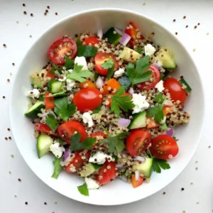 - 1 cup quinoa, rinsed - 1 cup cherry tomatoes, halved - 1 cucumber, diced - 1 bell pepper, diced (any color) - 1/4 cup red onion, finely chopped - 1/4 cup fresh parsley, chopped - 1/4 cup fresh basil, chopped - 1/4 cup feta cheese, crumbled (optional) In this salad, quinoa is the star. It has a light, fluffy texture. I use one cup for a balanced base. Fresh vegetables add color and crunch. I love using cherry tomatoes, cucumbers, bell peppers, and red onion. They all bring different tastes and textures. Fresh herbs like parsley and basil add a bright lift. If you like cheese, feta provides a creamy touch. It’s optional, but I highly recommend it for extra flavor. - 3 tablespoons lemon juice - 2 tablespoons olive oil - 1 clove garlic, minced - Salt and pepper to taste The dressing ties everything together. I use fresh lemon juice for a zesty bite. Olive oil adds richness. I also add minced garlic for depth. Salt and pepper balance the flavors. This simple dressing can elevate the whole salad. - Servings: 4 - Prep time: 15 minutes - Total time: 30 minutes This recipe makes enough for four servings. You can prep it in just 15 minutes. The total time for the salad is about 30 minutes. It’s perfect for a quick meal or a side dish at dinner. {{ingredient_image_1}} To start, you need to cook the quinoa. In a medium saucepan, bring 2 cups of vegetable broth or water to a boil. Add 1 cup of rinsed quinoa and a pinch of salt. Reduce the heat to low, cover the pot, and let it simmer. Cook for about 15 minutes, or until all the liquid is absorbed. Once it’s done, remove the pot from heat. Let it sit, still covered, for 5 minutes. Then, fluff the quinoa gently with a fork. This helps separate the grains. Allow it to cool completely before mixing it with other ingredients. Next, it's time to mix the salad. In a large bowl, combine the cooled quinoa with fresh ingredients. Add 1 cup of halved cherry tomatoes, 1 diced cucumber, 1 diced bell pepper, and 1/4 cup of finely chopped red onion. Don’t forget 1/4 cup each of freshly chopped parsley and basil for great flavor. Now, let’s make the dressing. In a small bowl, whisk together 3 tablespoons of lemon juice, 2 tablespoons of olive oil, and 1 minced garlic clove. Add salt and pepper to taste. Drizzle the dressing over the salad and toss gently. This helps to coat all the ingredients evenly. For serving, you can present the salad in a large bowl or on individual plates. Garnish the top with more fresh herbs and lemon wedges for a bright touch. This makes the salad look fresh and inviting. Enjoy your Lemon Herb Quinoa Salad as a delicious dish that shines on any table! To get the best flavor from your quinoa, rinse it well. Rinsing removes bitter saponins. Place the quinoa in a fine-mesh strainer and rinse under cold water for a minute. This step is easy but makes a big difference. For the right texture, cook quinoa in vegetable broth or water. Use a 2:1 ratio of liquid to quinoa. Bring it to a boil, then lower the heat. Cover and let it simmer for about 15 minutes. After cooking, let it sit covered for 5 minutes. Fluff it gently with a fork to keep it light. You can change the dressing to suit your taste. The basic dressing uses lemon juice, olive oil, garlic, salt, and pepper. If you like it zestier, add more lemon juice. If you want a creamier dressing, mix in some yogurt or avocado. For specific diets, swap the olive oil for avocado oil or use a vinegar-based dressing. If you need a vegan option, leave out the feta cheese or use a dairy-free alternative. To elevate your salad, consider adding more ingredients. Try nuts like almonds or walnuts for crunch. You can also add beans for protein or extra veggies like spinach or kale for more nutrients. For storage, keep your salad fresh in an airtight container in the fridge. It lasts about 3 days. To keep it from getting soggy, store the dressing separately and add it just before serving. Pro Tips Rinse Your Quinoa: Rinsing quinoa before cooking helps remove its natural coating, called saponin, which can give a bitter taste to the finished dish. Use Fresh Herbs: Fresh herbs elevate the flavor of your salad. Try to use freshly chopped parsley and basil for the best taste and aroma. Chill Before Serving: Allow the salad to chill in the refrigerator for at least 30 minutes before serving. This helps the flavors meld together beautifully. Customize Your Veggies: Feel free to swap out or add your favorite vegetables. Bell peppers, zucchini, or even corn can add variety and color to the salad. {{image_2}} You can make this salad heartier by adding protein. Here are some ideas: - Chicken: Cook and chop grilled chicken. It adds flavor and fills you up. - Chickpeas: Use canned or cooked chickpeas for a tasty, plant-based option. They add protein and fiber. - Tofu: Try cubed and sautéed tofu for a vegan protein boost. It soaks up flavors well. You can boost the taste with different herbs and spices. Consider these options: - Herbs: Swap parsley and basil for mint or cilantro for a fresh twist. - Spices: Add cumin or paprika for a warm flavor. - Seasonal Ingredients: In summer, use fresh corn or avocado. In fall, try roasted squash or apples. Make this salad fit for everyone! Here’s how: - Gluten-Free: Quinoa is naturally gluten-free. It’s a great choice for those with gluten allergies. - Vegan Substitutes: Instead of feta cheese, use vegan feta or omit it. You still get a delicious salad! To keep your Lemon Herb Quinoa Salad fresh, choose the right containers. Use airtight glass or plastic containers. These will help lock in moisture and flavor. Store the salad in the fridge for up to three days. After that, the veggies may lose their crunch and taste. If you like warm quinoa, reheat it gently. Use the microwave for quick warming. Heat in short bursts to avoid overcooking. Stir it well to ensure even heating. If you prefer it cold, serve it straight from the fridge. This dish tastes great chilled and is refreshing on hot days. Preparing this salad in advance is a smart choice. Cook a big batch of quinoa and chop the veggies ahead of time. Store them separately to keep them fresh. Portion the salad into small containers for easy meals. This way, you can enjoy a healthy dish throughout the week without the extra effort. Quinoa is a tiny seed packed with nutrients. It is a complete protein, which means it has all nine essential amino acids. One cup of cooked quinoa has about 8 grams of protein and 5 grams of fiber. Quinoa is gluten-free, making it great for those with gluten sensitivities. It also contains vitamins and minerals, such as magnesium, phosphorus, and B vitamins. Eating quinoa can help with digestion, weight management, and heart health. Yes, you can make this salad ahead of time. To prep in advance, cook the quinoa and let it cool. Store it in an airtight container in the fridge. You can chop the vegetables a day earlier too. Just add them to the quinoa when you are ready to serve. Keep the dressing separate until serving to keep the salad fresh and crisp. To make this salad vegan, simply omit the feta cheese. You can add extra veggies or nuts for flavor. You can also use nutritional yeast for a cheesy taste without dairy. Use a plant-based broth if you want to boost the flavor even more. This salad pairs well with many dishes. You can serve it alongside grilled chicken or fish for a hearty meal. For a vegetarian option, try it with roasted chickpeas or stuffed peppers. A side of fresh fruit adds a sweet touch and balances the meal. This Lemon Herb Quinoa Salad is simple to make and delicious. We covered the main ingredients, including quinoa, fresh veggies, and herbs. You learned how to cook quinoa and mix it into a healthy salad. Remember, you can customize the dressing and add proteins to fit your taste. Store leftovers properly for fresh meals later. Enjoy your cooking and experimenting with flavors! This salad is a fun and healthy option for everyone.