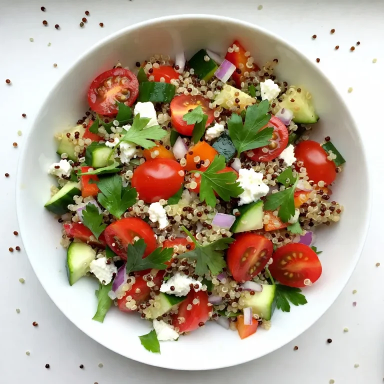- 1 cup quinoa, rinsed - 1 cup cherry tomatoes, halved - 1 cucumber, diced - 1 bell pepper, diced (any color) - 1/4 cup red onion, finely chopped - 1/4 cup fresh parsley, chopped - 1/4 cup fresh basil, chopped - 1/4 cup feta cheese, crumbled (optional) In this salad, quinoa is the star. It has a light, fluffy texture. I use one cup for a balanced base. Fresh vegetables add color and crunch. I love using cherry tomatoes, cucumbers, bell peppers, and red onion. They all bring different tastes and textures. Fresh herbs like parsley and basil add a bright lift. If you like cheese, feta provides a creamy touch. It’s optional, but I highly recommend it for extra flavor. - 3 tablespoons lemon juice - 2 tablespoons olive oil - 1 clove garlic, minced - Salt and pepper to taste The dressing ties everything together. I use fresh lemon juice for a zesty bite. Olive oil adds richness. I also add minced garlic for depth. Salt and pepper balance the flavors. This simple dressing can elevate the whole salad. - Servings: 4 - Prep time: 15 minutes - Total time: 30 minutes This recipe makes enough for four servings. You can prep it in just 15 minutes. The total time for the salad is about 30 minutes. It’s perfect for a quick meal or a side dish at dinner. {{ingredient_image_1}} To start, you need to cook the quinoa. In a medium saucepan, bring 2 cups of vegetable broth or water to a boil. Add 1 cup of rinsed quinoa and a pinch of salt. Reduce the heat to low, cover the pot, and let it simmer. Cook for about 15 minutes, or until all the liquid is absorbed. Once it’s done, remove the pot from heat. Let it sit, still covered, for 5 minutes. Then, fluff the quinoa gently with a fork. This helps separate the grains. Allow it to cool completely before mixing it with other ingredients. Next, it's time to mix the salad. In a large bowl, combine the cooled quinoa with fresh ingredients. Add 1 cup of halved cherry tomatoes, 1 diced cucumber, 1 diced bell pepper, and 1/4 cup of finely chopped red onion. Don’t forget 1/4 cup each of freshly chopped parsley and basil for great flavor. Now, let’s make the dressing. In a small bowl, whisk together 3 tablespoons of lemon juice, 2 tablespoons of olive oil, and 1 minced garlic clove. Add salt and pepper to taste. Drizzle the dressing over the salad and toss gently. This helps to coat all the ingredients evenly. For serving, you can present the salad in a large bowl or on individual plates. Garnish the top with more fresh herbs and lemon wedges for a bright touch. This makes the salad look fresh and inviting. Enjoy your Lemon Herb Quinoa Salad as a delicious dish that shines on any table! To get the best flavor from your quinoa, rinse it well. Rinsing removes bitter saponins. Place the quinoa in a fine-mesh strainer and rinse under cold water for a minute. This step is easy but makes a big difference. For the right texture, cook quinoa in vegetable broth or water. Use a 2:1 ratio of liquid to quinoa. Bring it to a boil, then lower the heat. Cover and let it simmer for about 15 minutes. After cooking, let it sit covered for 5 minutes. Fluff it gently with a fork to keep it light. You can change the dressing to suit your taste. The basic dressing uses lemon juice, olive oil, garlic, salt, and pepper. If you like it zestier, add more lemon juice. If you want a creamier dressing, mix in some yogurt or avocado. For specific diets, swap the olive oil for avocado oil or use a vinegar-based dressing. If you need a vegan option, leave out the feta cheese or use a dairy-free alternative. To elevate your salad, consider adding more ingredients. Try nuts like almonds or walnuts for crunch. You can also add beans for protein or extra veggies like spinach or kale for more nutrients. For storage, keep your salad fresh in an airtight container in the fridge. It lasts about 3 days. To keep it from getting soggy, store the dressing separately and add it just before serving. Pro Tips Rinse Your Quinoa: Rinsing quinoa before cooking helps remove its natural coating, called saponin, which can give a bitter taste to the finished dish. Use Fresh Herbs: Fresh herbs elevate the flavor of your salad. Try to use freshly chopped parsley and basil for the best taste and aroma. Chill Before Serving: Allow the salad to chill in the refrigerator for at least 30 minutes before serving. This helps the flavors meld together beautifully. Customize Your Veggies: Feel free to swap out or add your favorite vegetables. Bell peppers, zucchini, or even corn can add variety and color to the salad. {{image_2}} You can make this salad heartier by adding protein. Here are some ideas: - Chicken: Cook and chop grilled chicken. It adds flavor and fills you up. - Chickpeas: Use canned or cooked chickpeas for a tasty, plant-based option. They add protein and fiber. - Tofu: Try cubed and sautéed tofu for a vegan protein boost. It soaks up flavors well. You can boost the taste with different herbs and spices. Consider these options: - Herbs: Swap parsley and basil for mint or cilantro for a fresh twist. - Spices: Add cumin or paprika for a warm flavor. - Seasonal Ingredients: In summer, use fresh corn or avocado. In fall, try roasted squash or apples. Make this salad fit for everyone! Here’s how: - Gluten-Free: Quinoa is naturally gluten-free. It’s a great choice for those with gluten allergies. - Vegan Substitutes: Instead of feta cheese, use vegan feta or omit it. You still get a delicious salad! To keep your Lemon Herb Quinoa Salad fresh, choose the right containers. Use airtight glass or plastic containers. These will help lock in moisture and flavor. Store the salad in the fridge for up to three days. After that, the veggies may lose their crunch and taste. If you like warm quinoa, reheat it gently. Use the microwave for quick warming. Heat in short bursts to avoid overcooking. Stir it well to ensure even heating. If you prefer it cold, serve it straight from the fridge. This dish tastes great chilled and is refreshing on hot days. Preparing this salad in advance is a smart choice. Cook a big batch of quinoa and chop the veggies ahead of time. Store them separately to keep them fresh. Portion the salad into small containers for easy meals. This way, you can enjoy a healthy dish throughout the week without the extra effort. Quinoa is a tiny seed packed with nutrients. It is a complete protein, which means it has all nine essential amino acids. One cup of cooked quinoa has about 8 grams of protein and 5 grams of fiber. Quinoa is gluten-free, making it great for those with gluten sensitivities. It also contains vitamins and minerals, such as magnesium, phosphorus, and B vitamins. Eating quinoa can help with digestion, weight management, and heart health. Yes, you can make this salad ahead of time. To prep in advance, cook the quinoa and let it cool. Store it in an airtight container in the fridge. You can chop the vegetables a day earlier too. Just add them to the quinoa when you are ready to serve. Keep the dressing separate until serving to keep the salad fresh and crisp. To make this salad vegan, simply omit the feta cheese. You can add extra veggies or nuts for flavor. You can also use nutritional yeast for a cheesy taste without dairy. Use a plant-based broth if you want to boost the flavor even more. This salad pairs well with many dishes. You can serve it alongside grilled chicken or fish for a hearty meal. For a vegetarian option, try it with roasted chickpeas or stuffed peppers. A side of fresh fruit adds a sweet touch and balances the meal. This Lemon Herb Quinoa Salad is simple to make and delicious. We covered the main ingredients, including quinoa, fresh veggies, and herbs. You learned how to cook quinoa and mix it into a healthy salad. Remember, you can customize the dressing and add proteins to fit your taste. Store leftovers properly for fresh meals later. Enjoy your cooking and experimenting with flavors! This salad is a fun and healthy option for everyone.