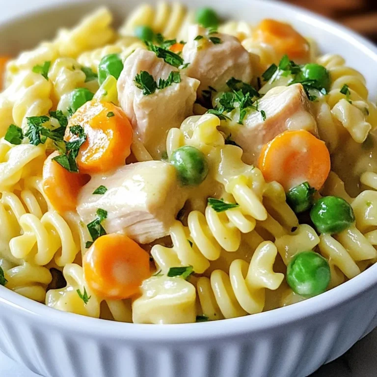 - Chicken and vegetables - 1 lb boneless, skinless chicken breasts, diced - 1 medium onion, diced - 2 cloves garlic, minced - 1 cup carrots, sliced - 1 cup peas (fresh or frozen) - Seasonings and pasta - 3 cups chicken broth - 1 teaspoon dried thyme - 1 teaspoon dried parsley - 8 oz pasta (fusilli or penne) - Salt and pepper to taste - Cream and thickening agents - 1 cup heavy cream - 1/4 cup all-purpose flour - 2 tablespoons olive oil This dish starts with chicken and fresh veggies. I love using diced chicken breasts for their tender bite. The onion and garlic bring great flavor. Carrots and peas add color and nutrition. For the seasonings, chicken broth is key. It keeps everything moist and rich. Thyme and parsley give this meal a warm, homey taste. Using pasta makes it filling and fun. You can choose fusilli or penne based on your preference. The cream and flour make the sauce creamy. The cream adds richness while the flour helps thicken it. This combination creates a luscious sauce that brings the whole dish together. The olive oil is perfect for sautéing the chicken and veggies, adding a touch of flavor. Make sure to have all these ingredients ready. They will help you create a warm bowl of comfort food that everyone loves. {{ingredient_image_1}} To start, I turn the Instant Pot to 'Sauté' mode. I add 2 tablespoons of olive oil. Then, I toss in 1 pound of diced chicken breasts. I sprinkle salt and pepper over the chicken. I cook it for about 5 minutes. The chicken should be browned but not fully cooked. Once done, I remove the chicken and set it aside. Next, I use the same pot for the veggies. I add the diced onion and sauté it for 2 to 3 minutes. The onion should turn translucent. Then, I add 2 cloves of minced garlic and cook for another 30 seconds. This step makes the kitchen smell amazing! After that, I pour in 3 cups of chicken broth. I also add 1 teaspoon of dried thyme and 1 teaspoon of dried parsley. I scrape the bottom of the pot well to avoid burning. Now, it's time to mix in the fun stuff! I add 1 cup of sliced carrots and 8 ounces of uncooked pasta, like fusilli or penne. I stir everything together. Then, I return the browned chicken to the pot. Closing the lid, I set the Instant Pot to 'Manual' or 'Pressure Cook' on high for 5 minutes. After cooking, I perform a quick release of the pressure. For the cream sauce, I whisk together 1 cup of heavy cream and 1/4 cup of all-purpose flour in a small bowl. After opening the Instant Pot, I stir in this mixture. I switch back to 'Sauté' mode and cook for an additional 2 to 3 minutes. This thickens the sauce beautifully. Finally, I stir in 1 cup of peas and heat them for about 2 minutes. I taste and adjust the seasoning if needed. - Overcooking chicken: Keep an eye on your chicken. If you cook it too long, it can get dry. Aim for a nice brown color but stop before it’s fully cooked. You will finish cooking it later with the pasta and sauce. - Not scraping the pot: Always scrape the bottom of the pot after sautéing. This step stops food from sticking and burning. If you skip this, you might get a burn notice. That can spoil your dish. - Cooking times and pressure release: Set your Instant Pot to high pressure for just 5 minutes. That’s enough for the chicken and pasta to cook perfectly. After cooking, do a quick release to keep the pasta from getting mushy. - Adjusting flavors to taste: Always taste your dish before serving. You might want to add more salt, pepper, or herbs. Feel free to make it your own. A little extra seasoning can make a big difference. - Best Instant Pot models for this recipe: Any Instant Pot model works well. I recommend the Instant Pot Duo or the Instant Pot Ultra for their ease of use and reliable cooking. - Essential tools for preparation: Use a good cutting board and a sharp knife for chopping. A whisk is great for mixing the cream and flour. Don’t forget measuring cups for accurate ingredient amounts. Pro Tips Perfectly Cooked Pasta: To ensure the pasta doesn’t become mushy, cook it just until al dente in the Instant Pot. It will continue to cook slightly when you add the cream mixture. Flavor Boost: Enhance the flavor by adding a splash of white wine to the sautéed vegetables before adding the broth. This will elevate the overall taste of the dish. Thickening Tips: If you prefer a thicker sauce, increase the amount of flour in the cream mixture, or let the sauce simmer for a few extra minutes after adding the cream. Vegetable Variations: Feel free to add or substitute other vegetables like corn or green beans to customize your chicken pot pie pasta to your liking. {{image_2}} You can switch out chicken for turkey or pork. Both options work well. Turkey gives a nice flavor, while pork adds a bit of sweetness. If you want a vegetarian dish, try using mushrooms or chickpeas. They both add a lot of texture and taste. Pasta choice can change the dish. Fusilli and penne are both great. Fusilli holds sauce well, while penne is easy to eat. If you need gluten-free pasta, look for rice or chickpea pasta. They cook nicely in the Instant Pot too. You can add many veggies to this dish. Try bell peppers, zucchini, or green beans. Each adds its own flavor and color. In winter, use root veggies like parsnips or sweet potatoes. They bring warmth and comfort to the meal. To keep your Instant Pot Chicken Pot Pie Pasta fresh, use an airtight container. This helps seal in flavors and moisture. You can keep it in the fridge for up to three days. Always let the pasta cool before storing. This prevents excess moisture from building up. You can freeze this pasta dish for later. First, let it cool completely. Then, divide it into portions and pack in freezer-safe bags. Be sure to remove as much air as possible. This helps avoid freezer burn. To reheat, thaw it overnight in the fridge. Then, heat it on the stove or in the microwave. Add a splash of broth or cream to keep it creamy. For safe reheating, use the stove or microwave. When using the microwave, heat in short bursts. Stir often to ensure even warming. On the stove, add a little broth. This helps keep the dish creamy and prevents it from drying out. Always check the temperature to ensure it’s heated through. It takes about 30 minutes to make this dish. You spend 10 minutes prepping the ingredients. The cooking time in the Instant Pot is 5 minutes under pressure. Add a few minutes for the cream sauce to thicken after cooking. Yes, you can make this recipe ahead of time. Cook it as directed and let it cool. Store it in an airtight container in the fridge. You can also freeze it for later. Just reheat it on the stove or in the microwave. You can use half-and-half, milk, or coconut cream instead of heavy cream. For a lighter version, use evaporated milk. Each option gives a different taste and texture. Choose what you like best based on your diet. This recipe is very kid-friendly! Most kids love pasta and chicken. If you have picky eaters, you can leave out the peas or carrots. You can also cut the vegetables into smaller pieces. This helps kids enjoy the meal more. This blog post covered how to make a tasty Instant Pot Chicken Pot Pie Pasta. We started with fresh ingredients, then moved through step-by-step cooking tips. I shared tricks to avoid common mistakes and suggested fun variations. Remember, you can store leftovers the right way for future meals. My final thought: enjoy this dish with family. It's easy, delicious, and perfect for any table. Happy cooking!