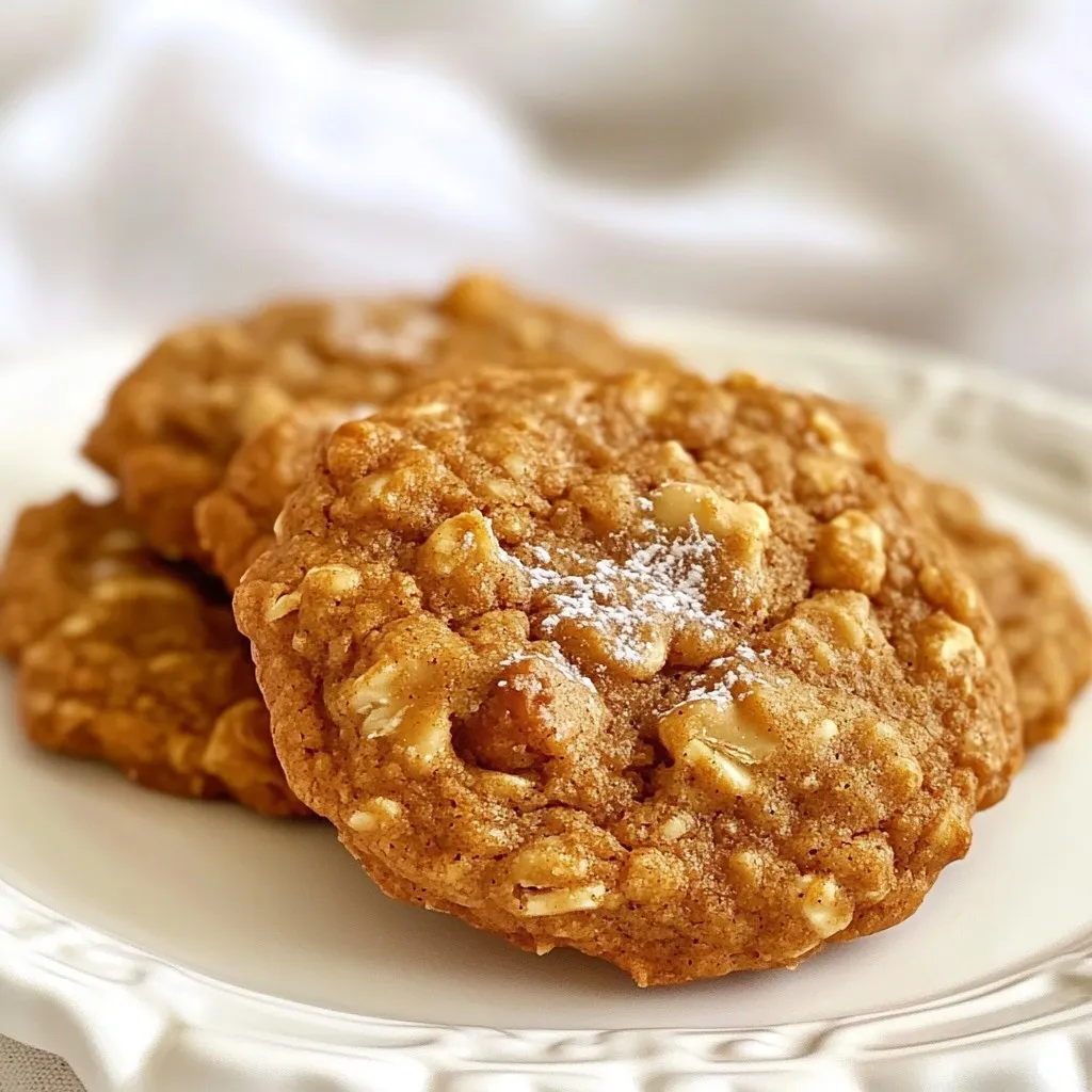 To make pumpkin spice oatmeal cookies, gather these key items: - 1 cup rolled oats - 1 cup all-purpose flour - 1/2 teaspoon baking soda - 1/2 teaspoon baking powder - 1 teaspoon ground cinnamon - 1/2 teaspoon ground nutmeg - 1/4 teaspoon ground ginger - 1/2 teaspoon salt - 1/2 cup unsalted butter, softened - 1/2 cup brown sugar, packed - 1/4 cup granulated sugar - 1 large egg - 1/2 cup pure pumpkin puree - 1 teaspoon vanilla extract - 1/2 cup chopped walnuts or pecans (optional) - 1/2 cup raisins or chocolate chips (optional) You can make these cookies even better by adding some fun extras: - Chopped walnuts or pecans add crunch. - Raisins or chocolate chips bring sweetness. Feel free to mix and match these add-ins based on what you like! If you need to make swaps, here are some easy ideas: - Use whole wheat flour instead of all-purpose flour for a healthier cookie. - Swap unsalted butter with coconut oil for a dairy-free option. - Replace brown sugar with coconut sugar for a different taste. - If you want to skip the egg, use 1/4 cup applesauce instead. These substitutions keep the cookies tasty and fun! {{ingredient_image_1}} First, preheat your oven to 350°F (175°C). This makes sure the cookies bake evenly. Next, line a baking sheet with parchment paper. This helps the cookies not stick. In a medium bowl, combine the rolled oats, flour, baking soda, baking powder, cinnamon, nutmeg, ginger, and salt. Whisk them together well and set this bowl aside. In a large bowl, cream the softened butter with brown sugar and granulated sugar. Mix until it looks light and fluffy. Then, add in one large egg, pumpkin puree, and vanilla extract. Stir until everything is well mixed. Now, slowly add the dry mixture to the wet mixture. Stir gently until combined. Don’t overmix; this keeps the cookies soft. If you want extra flavor, fold in chopped walnuts or pecans, and raisins or chocolate chips. Using a tablespoon or cookie scoop, drop rounded balls of dough onto your prepared baking sheet. Make sure to leave space between each cookie. Bake in your preheated oven for 12-15 minutes. You want the edges to be lightly golden and the cookies to be set. When they’re done, take them out of the oven. Let the cookies cool on the baking sheet for about 5 minutes. This helps them firm up a bit. After that, transfer them to a wire rack to cool completely. For a fun touch, arrange the cookies on a nice platter and dust them with powdered sugar. You can also serve them with whipped cream for a cozy treat! To get soft and chewy cookies, use rolled oats. They add a nice texture. Make sure to cream the butter and sugars well. This step adds air and makes cookies light. Don't overmix the dough after adding the dry ingredients. Overmixing will make them tough. Bake them until the edges are golden. The centers should look slightly underbaked. This helps keep them soft. Once the cookies cool, store them in an airtight container. This keeps them fresh longer. If you want them to stay soft, add a slice of bread to the container. The bread will help keep moisture in. For longer storage, freeze the cookies. Just place them in a zip-top bag and seal. They can last up to three months in the freezer. Serve these cookies warm with a glass of milk. They also pair well with coffee or tea. For a fun twist, add a scoop of vanilla ice cream on top. You can also dust them with powdered sugar for a sweet touch. If you want, add a dollop of whipped cream on the side. This adds a nice creamy element to each bite. Pro Tips Chill the Dough: Letting the cookie dough chill in the refrigerator for 30 minutes will help the cookies maintain their shape while baking. Use Fresh Spices: For the best flavor, use fresh ground spices rather than pre-ground ones. This enhances the warmth of the pumpkin spice flavor. Don’t Overbake: Remove the cookies from the oven when the edges are golden, but the centers are still soft. They will continue to firm up as they cool. Storage Tips: Store the cookies in an airtight container at room temperature for up to a week, or freeze them for longer storage. {{image_2}} You can make these cookies gluten-free. Simply swap the all-purpose flour for a gluten-free blend. Look for blends that work well in baking. These blends often have a mix of rice flour, potato starch, and xanthan gum. Your cookies will still taste delicious. Just follow the same steps in the recipe. To make vegan pumpkin spice oatmeal cookies, replace the butter with coconut oil or a plant-based butter. Use a flaxseed meal mixture for the egg. Mix one tablespoon of flaxseed meal with three tablespoons of water. Let it sit for a few minutes to thicken. Your cookies will be just as tasty and soft. You can change the flavors of these cookies easily. Try adding dried cranberries for a tart kick. You can also mix in different nuts like pecans or almonds for extra crunch. If you want a sweet treat, add chocolate chips. Each variation makes the cookies unique and fun to enjoy. To keep your cookies fresh, store them in an airtight container. Use parchment paper to separate layers. This helps prevent sticking. You can keep them at room temperature for up to a week. If the weather is hot, storing them in the fridge is a good idea. This keeps them from getting too soft. Freezing cookies is simple. First, let them cool completely. Then, place them in a single layer on a baking sheet. Freeze for about an hour. Once frozen, transfer the cookies to a freezer bag. Remove as much air as you can. Seal the bag tightly. You can freeze them for up to three months. To enjoy, just thaw them at room temperature. These cookies stay fresh for about one week at room temperature. After that, they may start to lose flavor. To keep them fresh longer, consider freezing extras. When thawing, they taste almost as good as fresh-baked. Always check for any signs of spoilage, like off smells or changes in texture. This ensures every bite remains a cozy treat. Yes, you can use quick oats. Quick oats will make your cookies softer. The texture may change a bit, but they will still taste great. You can use mashed bananas or unsweetened applesauce. Both options add sweetness and moisture. You can also try coconut sugar or honey for a natural touch. To soften butter fast, cut it into small cubes. Place the cubes in a bowl and let them sit at room temperature for about 10 minutes. You can also microwave it on low for a few seconds, but watch it closely. Yes, you can use flaxseed meal or applesauce instead of eggs. Mix 1 tablespoon of flaxseed meal with 2.5 tablespoons of water. Let it sit for a few minutes to thicken. Use 1/4 cup of applesauce for a moist cookie. This blog post covered all you need to bake delicious pumpkin spice oatmeal cookies. You learned about the full list of ingredients, useful substitutions, and step-by-step directions. Tips help you achieve the right texture and store cookies well. Plus, you discovered tasty variations to try. Now you can whip up flavorful treats that fit any diet. Enjoy baking and sharing these cookies with family and friends!