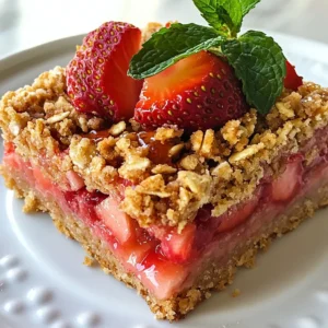 - 2 cups rolled oats - 1 cup whole wheat flour - 1/2 cup brown sugar, packed - 1/2 teaspoon baking soda - 1/2 teaspoon cinnamon - 1/4 teaspoon salt - 1/2 cup coconut oil (or unsalted butter) - 1/4 cup honey or maple syrup - 1 teaspoon vanilla extract - 2 cups fresh strawberries, hulled and chopped - 1 tablespoon cornstarch - 1 tablespoon lemon juice To make strawberry oatmeal bars, gather these simple ingredients. Use rolled oats for a hearty base. Whole wheat flour adds a nutty flavor. Brown sugar gives a touch of sweetness. Baking soda helps the bars rise. Cinnamon and salt enhance the taste. Coconut oil or unsalted butter keeps the bars moist. Honey or maple syrup adds natural sweetness. Don't forget the vanilla extract for extra flavor. Fresh strawberries give a burst of color and taste. Cornstarch thickens the fruit filling. Lemon juice balances the sweetness and brightens the flavors. These ingredients work together to create a snack that is both tasty and healthy. You can find most of them in your pantry. If you want to switch things up, feel free to experiment with different fruits or sweeteners. {{ingredient_image_1}} - Preheat the oven to 350°F (175°C). - Grease or line your 8x8-inch baking dish with parchment paper. This helps with easy removal. - In a large bowl, combine: - 2 cups rolled oats - 1 cup whole wheat flour - 1/2 cup brown sugar, packed - 1/2 teaspoon baking soda - 1/2 teaspoon cinnamon - 1/4 teaspoon salt - Mix these dry ingredients well. This gives your bars a great base. - In another bowl, whisk together: - 1/2 cup melted coconut oil (or unsalted butter) - 1/4 cup honey or maple syrup - 1 teaspoon vanilla extract - Combine this wet mixture with the dry ingredients. Stir until just mixed. - In a small bowl, mix: - 2 cups chopped strawberries - 1 tablespoon cornstarch - 1 tablespoon lemon juice - Toss gently to coat the strawberries. This helps thicken the filling. - Press half of the oat mixture into the bottom of the baking dish. - Evenly layer the strawberry mixture over the base. - Crumble the rest of the oat mixture on top. Spread it evenly. - Bake in the preheated oven for 25-30 minutes. Look for a golden brown top. - Let the bars cool in the dish for at least 15 minutes before slicing. This helps them hold their shape. To get the right texture for your bars, use rolled oats. They bind well and give a nice chew. Mix your dry ingredients well to avoid clumps. Press half the oat mixture firmly into the baking dish. This base layer holds everything together. After baking, let the bars cool for at least 15 minutes. Cooling helps them set. If you cut them too soon, they might crumble. To boost flavor, add spices like nutmeg or ginger. You could also try almond extract for a twist. Serve your bars warm with a drizzle of honey. A scoop of yogurt on the side adds creaminess. Fresh mint leaves on top give a nice pop of color too. If you want less sugar, use half the brown sugar. You could also swap honey for agave nectar. For a fruitier taste, mash some strawberries into the wet mix. This will give the bars a sweeter, berry flavor. Just remember that too much fruit can change the texture. Adjust the oats to balance it out. Pro Tips Use Ripe Strawberries: For the best flavor, make sure to use ripe, sweet strawberries. This will enhance the overall taste of the bars. Chill Before Serving: Let the bars chill in the fridge for a couple of hours after baking. This will help them set up better and make slicing easier. Experiment with Add-Ins: Feel free to add nuts, seeds, or chocolate chips to the oat mixture for extra texture and flavor. Store Properly: To keep the bars fresh, store them in an airtight container at room temperature for up to 3 days, or refrigerate for longer shelf life. {{image_2}} You can easily swap strawberries for other fruits. Blueberries and raspberries work well here. You can even use diced peaches or apples when they are in season. These swaps change the flavor and keep your snack fresh. Want a gluten-free option? Use almond flour or oat flour instead of whole wheat flour. You can also make these bars vegan. Replace honey with maple syrup and use coconut oil instead of butter. These changes keep it healthy and tasty. To add crunch, mix in nuts like walnuts or almonds. Seeds, such as chia or flaxseed, also boost nutrition. For extra protein, fold in a scoop of your favorite protein powder. You can add more oats for a heartier bar. These additions make your snack even better. To keep your strawberry oatmeal bars fresh, store them in an airtight container. This helps prevent them from drying out. If you plan to eat them soon, you can leave them at room temperature for a day. For longer storage, refrigerate them. They stay fresh for about a week in the fridge. If you want to store them even longer, freezing is a great option. Wrap each bar in plastic wrap and place them in a freezer bag. This way, they can last up to three months without losing flavor. When stored properly, your bars can last about one week in the fridge. In the freezer, they can stay good for up to three months. You’ll know they’ve gone bad if they start to smell sour or look discolored. If you see any mold, throw them away. Always trust your senses. Fresh is best! To enjoy your bars warm, you can reheat them in the oven or the microwave. For the oven, preheat it to 350°F (175°C) and place the bars on a baking sheet. Heat for about 10 minutes. In the microwave, heat one bar for 15-20 seconds. This makes them warm and soft again. Serve them with a drizzle of honey for added sweetness. Enjoy your delicious snack! Yes, you can make these bars ahead of time. I often prepare them a day in advance. Store them in an airtight container at room temperature. They stay fresh and tasty for up to three days. If you don't have coconut oil, use unsalted butter. You can also try vegetable oil or even olive oil. These fats work well and keep the bars moist. Look for a golden brown top and bubbling strawberries. The edges should feel firm to the touch. A toothpick inserted in the center should come out clean. Yes, frozen strawberries can work. Just let them thaw and drain excess water. You may need to add a bit more cornstarch to thicken the mixture. This prevents the bars from being too wet. To cut the bars cleanly, let them cool for at least 15 minutes. Use a sharp knife to slice them. You can also score the surface lightly before cutting to guide your knife. These strawberry oatmeal bars are easy to make and taste great. We covered all the steps, from mixing ingredients to baking. You can customize these bars with various fruits and flavors. Storing them correctly ensures they stay fresh. Enjoy these delicious bars as a snack or dessert. With simple swaps, you can make them fit your diet. Try making them today and enjoy a tasty treat!