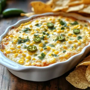 - 1 can (15 oz) corn kernels, drained: This gives your dip a sweet crunch. Fresh corn can be great, too, if you have it. - 1 can (4 oz) diced jalapeños, drained: Adjust this for your spice level. More jalapeños mean more heat! - 1 cup cream cheese, softened: Creamy and rich, this is the base of your dip. - 1 cup shredded cheddar cheese: Cheddar adds a bold flavor that melts beautifully. - 1/2 cup sour cream: This adds tang and creaminess to balance the heat. - 1/4 cup mayonnaise: This keeps the dip smooth and adds richness. - 1/2 teaspoon garlic powder: Garlic enhances the dip's flavor without being too strong. - 1/2 teaspoon onion powder: This adds depth and a bit of sweetness. - 1/4 teaspoon cayenne pepper (optional): Use this for an extra kick if you like heat. - Salt and pepper to taste: These are key for bringing all the flavors together. - Fresh cilantro, chopped (for garnish): This adds a fresh touch when serving. - Tortilla chips, for serving: Perfect for dipping into this cheesy goodness. Using fresh ingredients can elevate your dish. Fresh corn offers more sweetness than canned. Fresh jalapeños provide a sharper heat that canned versions lack. When you can, opt for fresh. - Chopped green onions: These can add a nice crunch and fresh flavor on top. - Crumbled feta cheese: This can give a tangy twist to the dip. - Sliced olives: They add a briny flavor and nice texture. - Spice level adjustments: If you want less heat, use fewer jalapeños or remove the seeds. For more heat, add more diced jalapeños or include cayenne pepper. Adjusting these ingredients helps you create the perfect dip for your taste! {{ingredient_image_1}} To start, preheat your oven to 350°F (175°C). This step is key for even baking. While the oven heats up, grab a large mixing bowl. In this bowl, combine the softened cream cheese, sour cream, and mayonnaise. Mix these ingredients well until you see a smooth texture. A smooth mix helps the dip bake evenly. Next, add the corn kernels and diced jalapeños. Stir in the shredded cheddar cheese, garlic powder, onion powder, and cayenne pepper if you like some heat. Remember to season with salt and pepper to taste. Mix everything until it looks well combined. Now, it's time to transfer the dip to a 9x9-inch baking dish. Spread the mixture out evenly in the dish. This helps it cook through without any parts staying cold. Place the dish in the preheated oven. Bake for 25-30 minutes. You’ll know it’s ready when the dip is bubbly and the top is slightly golden. Once it’s done, carefully remove it from the oven. Let it cool for a few minutes before serving. Garnish with chopped fresh cilantro for a pop of color and flavor. Enjoy it warm with tortilla chips for a tasty treat! To make your Cheesy Jalapeño Corn Dip even better, consider adding herbs or spices. Fresh cilantro adds a bright taste. You can also try fresh chives or parsley for extra flavor. If you want to change the heat level, adjust the jalapeños. Use less for a milder dip or add more for a spicier kick. Cayenne pepper also works well. Start with a little, then taste and add more if you like heat. When serving, warm tortilla chips are best. They are crunchy and hold the dip well. You can also use veggie sticks like carrots or celery for a fresh touch. For sides, think of guacamole or salsa. They pair well with the dip and add more flavor. Cold drinks like lemonade or iced tea help balance the heat from the jalapeños. Enjoy your dip at parties or gatherings! Pro Tips Adjust the Heat: If you prefer a milder dip, reduce the amount of diced jalapeños or use mild green chilies instead. For a Creamier Texture: Mix in an extra 1/4 cup of sour cream for a smoother consistency. Make Ahead: Prepare the dip a day in advance and refrigerate. Just bake it when you're ready to serve! Garnish for Freshness: Adding lime juice to the cilantro garnish can elevate the flavor and add a refreshing twist. {{image_2}} You can easily swap cheeses for new flavors. For a creamier dip, try goat cheese or feta. These cheeses add a tangy twist that pairs well with the corn. For a lighter option, substitute low-fat cream cheese and sour cream. This keeps the dip rich without the added calories. If you want a vegetarian version, skip the mayonnaise and use Greek yogurt instead. It adds a nice creaminess and tang. For gluten-free needs, check all labels to ensure your chips are safe. Most tortilla chips are gluten-free, but it's good to double-check. Adding more veggies can make this dip even better. Try mixing in diced bell peppers or spinach for extra color and nutrition. You can also add black beans for protein. For a twist inspired by Mexican food, mix in some taco seasoning. It gives a whole new flavor that can excite your taste buds. If you love seafood, add some cooked shrimp or crab for a coastal twist. This pairs beautifully with the creamy base of the dip. Use these ideas to make the dip your own. Each variation can create a unique flavor experience. To keep your Cheesy Jalapeño Corn Dip fresh, store it properly. First, let the dip cool down to room temperature. Then, transfer it to an airtight container. This will help keep moisture in and prevent odors from other foods. If you want to freeze the dip, use a freezer-safe container. Make sure to leave some space at the top, as the dip may expand when frozen. You can also wrap the container in plastic wrap for extra protection. When it’s time to reheat, do so slowly. You can use the oven or microwave. If using the oven, preheat it to 350°F (175°C). Place the dip in an oven-safe dish and heat for about 15-20 minutes. Stir halfway through for even warmth. If using a microwave, heat in bursts of 30 seconds, stirring in between until hot. In the fridge, your dip will stay fresh for about 3-5 days. Be sure to check for signs of spoilage. If you see mold or a change in color, it’s best to toss it. In the freezer, the dip can last up to 2-3 months. When thawing, move it to the fridge overnight. Again, check for any off smells or changes before enjoying. Remember, if the dip smells sour or weird, don’t eat it. Always trust your senses to keep your food safe. Yes, you can prepare this dip in advance. Mix all the ingredients as the recipe shows. After mixing, place it in a baking dish. Cover it tightly with plastic wrap or foil. You can keep it in the fridge for up to two days. When you're ready to bake, just remove the cover and bake it. Preheat your oven to 350°F (175°C). Bake for 25 to 30 minutes, until it's bubbly and golden. You have many great options for dippers. Here are some popular choices: - Tortilla chips - Pita chips - Fresh veggies like carrots and celery - Crackers - Slices of baguette These pair well with the dip's creamy and spicy flavors. You can easily change the spice level to fit your taste. If you want less heat, use fewer jalapeños. You can also use mild jalapeños. For more spice, add more diced jalapeños or cayenne pepper. Taste the mixture before baking. This helps you find the right balance for your guests. Creating the perfect Cheesy Jalapeño Corn Dip is easy when you follow the steps outlined above. Start with fresh ingredients for great taste and feel free to customize with your favorite spices. Baking at the right temperature ensures a creamy texture that everyone will love. Whether you serve it at a party or as a snack, this dip is sure to impress. Remember to store leftovers properly, so you can enjoy it later. Now it's time to get cooking and make this delicious dip your own!