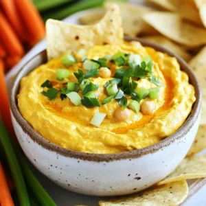 - 1 can (15 oz) chickpeas, drained and rinsed - 1/2 cup vegan cream cheese - 1/4 cup hot sauce - 1 tablespoon nutritional yeast - 1/4 cup tahini - 1 tablespoon lemon juice - 1 teaspoon garlic powder - 1/2 teaspoon onion powder - Salt and pepper to taste The base of this dip starts with chickpeas. They bring protein and texture. Next, vegan cream cheese adds a creamy feel. Hot sauce gives it the spicy kick we love. Nutritional yeast adds a cheesy taste without dairy. Tahini, made from sesame seeds, adds richness. Lemon juice brightens the flavor. Garlic and onion powders round out the taste. Lastly, salt and pepper enhance everything. - Chopped green onions - Fresh parsley - Tortilla chips - Fresh veggie sticks For garnish, chopped green onions and parsley add color and freshness. Serve the dip with tortilla chips for crunch. Fresh veggie sticks, like carrots and celery, provide a healthy option. These add texture and a fun way to enjoy the dip. {{ingredient_image_1}} First, grab a medium mixing bowl. Add the drained and rinsed chickpeas. Use a fork or potato masher to mash the chickpeas. Aim for a mix of smooth and chunky texture. This adds depth to the dip. Once mashed, set the bowl aside for the next step. Now, it’s time to make your dip creamy. Add 1/2 cup of vegan cream cheese to the mashed chickpeas. Pour in 1/4 cup of hot sauce for that spicy kick. Then, sprinkle in 1 tablespoon of nutritional yeast and 1/4 cup of tahini. Add 1 tablespoon of lemon juice, 1 teaspoon of garlic powder, and 1/2 teaspoon of onion powder. Mix everything together until it's smooth and creamy. If the dip feels too thick, add a splash of water. Taste your dip to see if it needs salt and pepper. Adjust these to your liking. For more heat, add extra hot sauce. Once seasoned, transfer the dip to a serving bowl. Finish by garnishing with chopped green onions and fresh parsley. Serve right away with tortilla chips or fresh veggie sticks. Enjoy this zesty and flavorful treat! You can make this dip just right for you. Here’s how: - Adjusting spice level: If you prefer less heat, cut back on hot sauce. You can use a mild sauce or even add a bit of maple syrup for sweetness. If you like it spicy, add more hot sauce or some cayenne pepper. - Substituting ingredients: Don't have tahini? You can use sunflower seed butter or a bit of olive oil. If you can't find vegan cream cheese, try using silken tofu blended smooth. It will still taste great! Make your serving special with these ideas: - Platter presentation ideas: Serve the dip in a rustic bowl. Arrange colorful veggie sticks like carrots, celery, and bell peppers around it. Add some tortilla chips for crunch. This makes for a fun and vibrant platter. - Best pairings for the dip: This dip pairs well with crunchy snacks. Try it with tortilla chips, fresh veggie sticks, or even pita bread. It’s also great on sandwiches or wraps for a quick meal! Pro Tips Adjust the Heat: Feel free to customize the level of spiciness by adding more hot sauce or using a spicier variety. This dip can be as fiery as you like! Texture Matters: For a creamier dip, blend the ingredients in a food processor instead of mashing by hand. This will create a smooth and velvety texture. Flavor Boost: Consider adding additional spices such as smoked paprika or cayenne pepper for an extra layer of flavor and depth in your dip. Make Ahead: This dip can be made a day in advance. Just store it in an airtight container in the fridge and give it a good stir before serving. {{image_2}} You can make this dip even more exciting by adding different spices. Try smoked paprika for a smoky flavor. A pinch of cayenne pepper can kick up the heat. You might also enjoy adding ground cumin for a warm taste. Using alternative hot sauces is another fun way to change the flavor. If you like it sweeter, try a mango or pineapple hot sauce. For a smoky twist, look for chipotle hot sauce. Each sauce brings its own unique taste, so feel free to experiment. If you need gluten-free options, this dip is already a great choice. All the main ingredients, like chickpeas and tahini, are gluten-free. Just make sure your hot sauce also meets gluten-free standards. For low-calorie substitutes, you can replace vegan cream cheese with plain, unsweetened yogurt. This change will cut calories while adding a nice tang. You can also reduce the tahini amount to lower the fat content without losing flavor. To keep your Vegan Buffalo Chickpea Dip fresh, store it in the fridge. Use an airtight container. It will stay good for about three to five days. Before serving, check that it smells fine and looks good. If you want to save some for later, you can freeze it. Place the dip in a freezer-safe container. Make sure to leave some space at the top, as it will expand. It can last up to three months in the freezer. To use it, move it to the fridge a day before you want to eat it. So, how long does this dip last? When stored in the fridge, it stays fresh for three to five days. If frozen, it will keep for up to three months. Look for signs of spoilage. If the dip smells sour or has a strange color, it’s best to toss it. Always trust your nose and eyes! Yes, you can make this dip ahead of time. Just prepare it and store it in the fridge. Place it in an airtight container. It will stay fresh for three to five days. To serve, just give it a quick stir. If it’s too thick, add a bit of water to loosen it up. Yes, this dip is nut-free. The main ingredients are chickpeas, tahini, and vegan cream cheese. Tahini comes from sesame seeds, not nuts. If you have a sesame allergy, you can use sunbutter instead. Always check labels to ensure no hidden allergens. You can serve this dip with many tasty options. Here are some ideas: - Tortilla chips - Fresh veggie sticks (carrots, celery, or bell peppers) - Pita bread - Crackers - Cucumber slices These dippers will complement the zesty flavors of the dip. You can also pair it with your favorite drinks for a fun snack time! This blog post unpacked a tasty Vegan Buffalo Chickpea Dip. We covered the main ingredients, step-by-step instructions, and tips for making it your own. You learned how to store leftovers and explored dietary options. In closing, this dip is easy to prepare and fun to serve. Try it at your next gathering! You'll impress your friends with a dish that's both simple and delicious. Enjoy your cooking adventure!