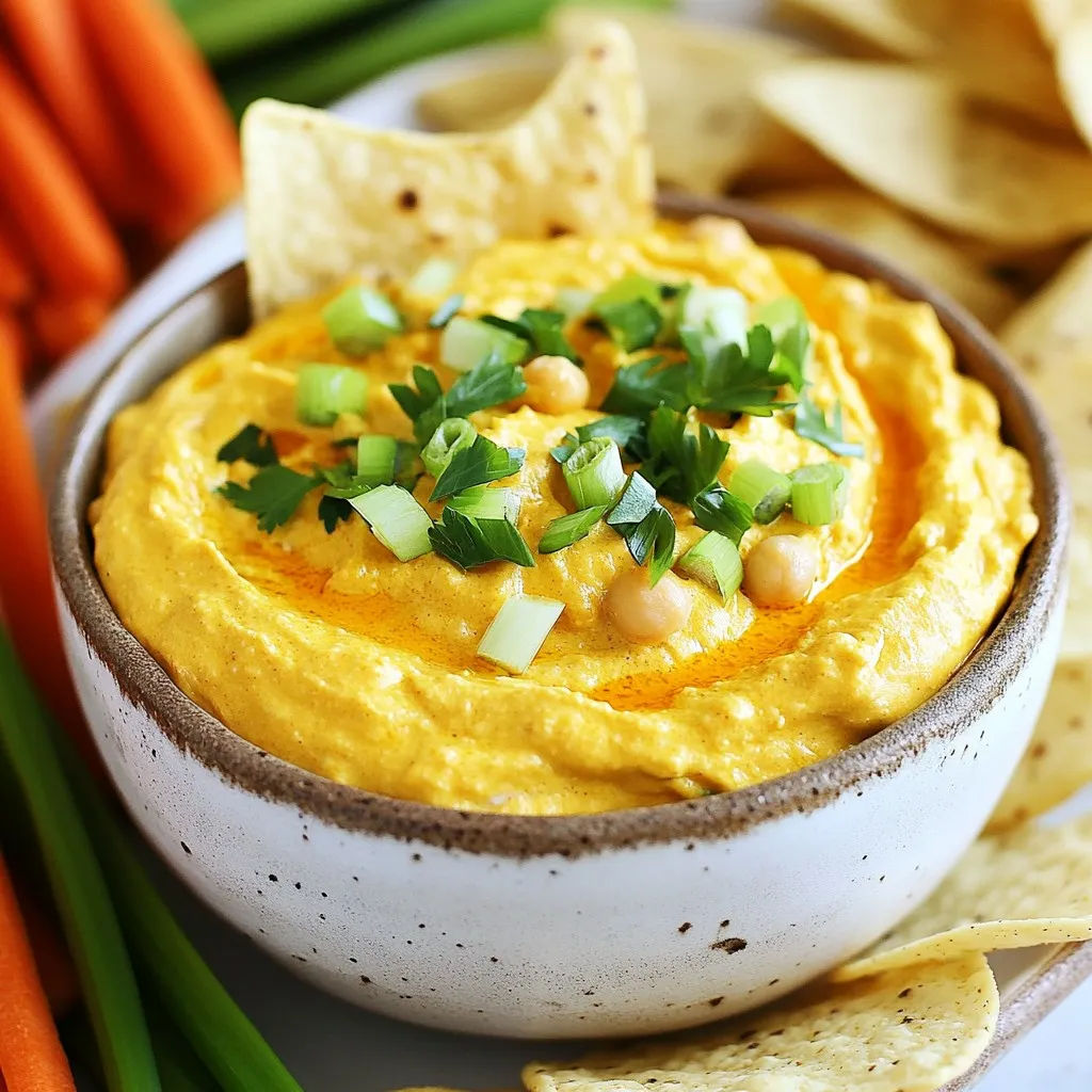 - 1 can (15 oz) chickpeas, drained and rinsed - 1/2 cup vegan cream cheese - 1/4 cup hot sauce - 1 tablespoon nutritional yeast - 1/4 cup tahini - 1 tablespoon lemon juice - 1 teaspoon garlic powder - 1/2 teaspoon onion powder - Salt and pepper to taste The base of this dip starts with chickpeas. They bring protein and texture. Next, vegan cream cheese adds a creamy feel. Hot sauce gives it the spicy kick we love. Nutritional yeast adds a cheesy taste without dairy. Tahini, made from sesame seeds, adds richness. Lemon juice brightens the flavor. Garlic and onion powders round out the taste. Lastly, salt and pepper enhance everything. - Chopped green onions - Fresh parsley - Tortilla chips - Fresh veggie sticks For garnish, chopped green onions and parsley add color and freshness. Serve the dip with tortilla chips for crunch. Fresh veggie sticks, like carrots and celery, provide a healthy option. These add texture and a fun way to enjoy the dip. {{ingredient_image_1}} First, grab a medium mixing bowl. Add the drained and rinsed chickpeas. Use a fork or potato masher to mash the chickpeas. Aim for a mix of smooth and chunky texture. This adds depth to the dip. Once mashed, set the bowl aside for the next step. Now, it’s time to make your dip creamy. Add 1/2 cup of vegan cream cheese to the mashed chickpeas. Pour in 1/4 cup of hot sauce for that spicy kick. Then, sprinkle in 1 tablespoon of nutritional yeast and 1/4 cup of tahini. Add 1 tablespoon of lemon juice, 1 teaspoon of garlic powder, and 1/2 teaspoon of onion powder. Mix everything together until it's smooth and creamy. If the dip feels too thick, add a splash of water. Taste your dip to see if it needs salt and pepper. Adjust these to your liking. For more heat, add extra hot sauce. Once seasoned, transfer the dip to a serving bowl. Finish by garnishing with chopped green onions and fresh parsley. Serve right away with tortilla chips or fresh veggie sticks. Enjoy this zesty and flavorful treat! You can make this dip just right for you. Here’s how: - Adjusting spice level: If you prefer less heat, cut back on hot sauce. You can use a mild sauce or even add a bit of maple syrup for sweetness. If you like it spicy, add more hot sauce or some cayenne pepper. - Substituting ingredients: Don't have tahini? You can use sunflower seed butter or a bit of olive oil. If you can't find vegan cream cheese, try using silken tofu blended smooth. It will still taste great! Make your serving special with these ideas: - Platter presentation ideas: Serve the dip in a rustic bowl. Arrange colorful veggie sticks like carrots, celery, and bell peppers around it. Add some tortilla chips for crunch. This makes for a fun and vibrant platter. - Best pairings for the dip: This dip pairs well with crunchy snacks. Try it with tortilla chips, fresh veggie sticks, or even pita bread. It’s also great on sandwiches or wraps for a quick meal! Pro Tips Adjust the Heat: Feel free to customize the level of spiciness by adding more hot sauce or using a spicier variety. This dip can be as fiery as you like! Texture Matters: For a creamier dip, blend the ingredients in a food processor instead of mashing by hand. This will create a smooth and velvety texture. Flavor Boost: Consider adding additional spices such as smoked paprika or cayenne pepper for an extra layer of flavor and depth in your dip. Make Ahead: This dip can be made a day in advance. Just store it in an airtight container in the fridge and give it a good stir before serving. {{image_2}} You can make this dip even more exciting by adding different spices. Try smoked paprika for a smoky flavor. A pinch of cayenne pepper can kick up the heat. You might also enjoy adding ground cumin for a warm taste. Using alternative hot sauces is another fun way to change the flavor. If you like it sweeter, try a mango or pineapple hot sauce. For a smoky twist, look for chipotle hot sauce. Each sauce brings its own unique taste, so feel free to experiment. If you need gluten-free options, this dip is already a great choice. All the main ingredients, like chickpeas and tahini, are gluten-free. Just make sure your hot sauce also meets gluten-free standards. For low-calorie substitutes, you can replace vegan cream cheese with plain, unsweetened yogurt. This change will cut calories while adding a nice tang. You can also reduce the tahini amount to lower the fat content without losing flavor. To keep your Vegan Buffalo Chickpea Dip fresh, store it in the fridge. Use an airtight container. It will stay good for about three to five days. Before serving, check that it smells fine and looks good. If you want to save some for later, you can freeze it. Place the dip in a freezer-safe container. Make sure to leave some space at the top, as it will expand. It can last up to three months in the freezer. To use it, move it to the fridge a day before you want to eat it. So, how long does this dip last? When stored in the fridge, it stays fresh for three to five days. If frozen, it will keep for up to three months. Look for signs of spoilage. If the dip smells sour or has a strange color, it’s best to toss it. Always trust your nose and eyes! Yes, you can make this dip ahead of time. Just prepare it and store it in the fridge. Place it in an airtight container. It will stay fresh for three to five days. To serve, just give it a quick stir. If it’s too thick, add a bit of water to loosen it up. Yes, this dip is nut-free. The main ingredients are chickpeas, tahini, and vegan cream cheese. Tahini comes from sesame seeds, not nuts. If you have a sesame allergy, you can use sunbutter instead. Always check labels to ensure no hidden allergens. You can serve this dip with many tasty options. Here are some ideas: - Tortilla chips - Fresh veggie sticks (carrots, celery, or bell peppers) - Pita bread - Crackers - Cucumber slices These dippers will complement the zesty flavors of the dip. You can also pair it with your favorite drinks for a fun snack time! This blog post unpacked a tasty Vegan Buffalo Chickpea Dip. We covered the main ingredients, step-by-step instructions, and tips for making it your own. You learned how to store leftovers and explored dietary options. In closing, this dip is easy to prepare and fun to serve. Try it at your next gathering! You'll impress your friends with a dish that's both simple and delicious. Enjoy your cooking adventure!