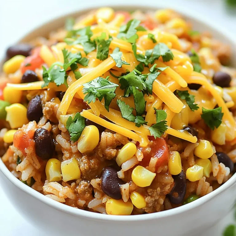 - 1 lb ground beef or turkey - 1 cup long-grain white rice, rinsed - 1 can (15 oz) black beans, drained and rinsed - 1 can (15 oz) diced tomatoes with green chilies - 1 cup corn kernels (fresh, frozen, or canned) - 1 small onion, diced - 2 cloves garlic, minced - 2 tablespoons taco seasoning (store-bought or homemade) - 2 cups chicken or vegetable broth - 1 tablespoon olive oil - Salt and pepper to taste - 1 cup shredded cheddar cheese - Fresh cilantro, for garnish (optional) I love using fresh and simple ingredients in my One Pot Taco Rice. The ground beef or turkey brings richness, while the rice absorbs all the tasty flavors. Black beans add protein and fiber, making this dish hearty. Diced tomatoes with green chilies add spice and sweetness. You can use fresh corn, frozen, or canned corn for texture. Onion and garlic are key for building a strong base. They bring a nice aroma and flavor. Taco seasoning ties everything together with its warm spices. I prefer using chicken or vegetable broth for depth. Olive oil helps sauté the onion and garlic, giving a smooth finish. Don't forget the salt and pepper! They enhance all the flavors. Shredded cheddar cheese melts into the dish, adding creaminess. Finally, fresh cilantro on top adds a burst of freshness. With these ingredients, you create a dish that is both simple and full of flavor. It’s an easy comfort food everyone will enjoy. {{ingredient_image_1}} 1. Sautéing onion and garlic: Start by heating olive oil in a large pot over medium heat. Add the diced onion and sauté for about 3-4 minutes until it turns soft and clear. Next, add the minced garlic. Cook it for one more minute. Stir it constantly to prevent it from burning. 2. Browning the meat: Now, add the ground beef or turkey to the pot. Use a wooden spoon to break it up. Cook for about 5-7 minutes until it turns brown. Season with salt and pepper to taste. 3. Adding taco seasoning: Once the meat is browned, sprinkle in the taco seasoning. Stir well, making sure the meat is fully coated in those spicy flavors. 4. Stirring in rice and beans: Add the rinsed long-grain white rice, black beans, diced tomatoes (with their juices), corn, and broth to the pot. Mix everything together until well combined. 5. Simmering process: Bring the mixture to a boil. Then, reduce the heat to low and cover the pot. Let it simmer for about 20 minutes. This allows the rice to cook and absorb most of the liquid. Stir occasionally to keep it from sticking to the bottom. 6. Adding cheese and fluffing rice: After 20 minutes, check if the rice is tender. If it is, remove the pot from heat. Stir in the shredded cheddar cheese until it melts and mixes in. Finally, fluff the rice with a fork. You can garnish with fresh cilantro if you like. Serve hot and enjoy! To prevent sticking and burning, choose a large pot. This gives you room to stir. Use medium heat while cooking. Stir often, especially when adding the rice and beans. This helps keep everything from sticking to the bottom. If you notice it starting to stick, add a little more broth to loosen things up. When adjusting cooking times, check the rice at the 15-minute mark. If it’s still hard, cover and simmer a bit longer. Each stove is different, so times may vary. Just be sure to keep an eye on it. You can customize spice levels by adding more or less taco seasoning. If you like it spicy, add some cayenne pepper or chopped jalapeños. For a milder taste, use less seasoning. You can also try a different blend of spices to change the flavor. For toppings, think outside the box! Sour cream, guacamole, or salsa can add a nice touch. Fresh avocado or sliced green onions also work well. You can even sprinkle some crushed tortilla chips on top for crunch. Pro Tips Use Lean Meat: Opt for lean ground beef or turkey to keep the dish healthier while still being flavorful. Custom Taco Seasoning: Make your own taco seasoning by combining chili powder, cumin, paprika, and garlic powder for a personalized touch. Rice Variety: If you're feeling adventurous, swap long-grain rice for brown rice or quinoa for added nutrition and a different texture. Extra Toppings: Enhance your taco rice by adding toppings like avocado, sour cream, or jalapeños for extra flavor and creaminess. {{image_2}} You can easily swap the ground beef or turkey for chicken. Simply use one pound of diced chicken breast. Cook it until it's no longer pink. For plant-based options, try using lentils or a meat substitute. These choices add great flavor and texture. For a vegetarian or vegan dish, skip the meat and use extra beans. Black beans or pinto beans work well. You can also use tofu crumbles for added protein. This keeps the meal filling and nutritious, while still being easy to make. If you're looking to mix things up, try using brown rice instead of white rice. Brown rice adds more fiber and has a nutty flavor. Just remember it may take longer to cook; about 45 minutes instead of 20. Quinoa is another great choice. It cooks quickly and has a light, fluffy texture. You can also switch the beans. If you want a different taste, use kidney beans or chickpeas. Each type of bean will add its own unique flavor to the dish. Don’t be afraid to experiment! To keep your One Pot Taco Rice fresh, store it in the fridge. Use airtight containers to prevent moisture loss. Let the dish cool first, then transfer it to the container. You can store leftovers for up to three days. For longer storage, consider freezing it. When freezing, use freezer-safe containers. Leave some space at the top, as the rice will expand. Label the container with the date. This way, you can keep track of how long it’s been stored. You can reheat One Pot Taco Rice in the microwave or on the stovetop. For the microwave, place a portion in a bowl. Add a splash of broth or water to keep it moist. Cover with a microwave-safe lid or wrap. Heat in short bursts, stirring in between, until hot. For the stovetop, add the rice to a pan. Pour in a bit of broth or water. Heat over medium heat, stirring often. This helps maintain the rice's flavor and texture. Enjoy your meal just as you made it! How do I know when the rice is done? You know the rice is done when it is tender and has absorbed most of the liquid. Check it after about 20 minutes of simmering. Stir it occasionally to prevent sticking. Can I make this dish ahead of time? Yes, you can make One Pot Taco Rice ahead of time. Cook it as directed, let it cool, and store it in the fridge. It stays good for up to three days. Is it possible to freeze One Pot Taco Rice? Absolutely! This dish freezes well. Let it cool completely, then place it in an airtight container. It can last for up to three months in the freezer. What can I serve with One Pot Taco Rice? Serve One Pot Taco Rice with a side salad, tortilla chips, or guacamole. You can also add sour cream or avocado slices to enhance the meal. You can create a delicious One Pot Taco Rice dish by following the steps outlined above. Start with fresh ingredients like ground meat, rice, and spices. Cook them in one pot for easy clean-up. Customize flavors with added toppings or swap ingredients based on your taste. This dish is great for meals throughout the week. Store leftovers properly for future enjoyment. I hope this guide helps you make a flavorful meal your family will love. Enjoy your cooking!