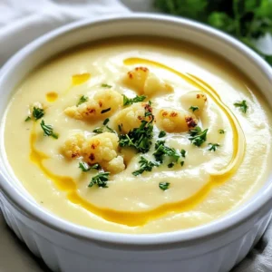To make my Creamy Roasted Garlic Cauliflower Soup, you will need the following fresh ingredients: - Cauliflower - Garlic - Olive Oil - Onion - Vegetable Broth - Coconut Milk or Heavy Cream - Thyme - Salt and Pepper - Fresh Parsley Each ingredient plays a key role in building flavor. The cauliflower provides a creamy base when blended, while roasted garlic adds a sweet and nutty touch. Olive oil gives the soup richness, and onion adds a savory depth. Vegetable broth brings everything together with warmth, and coconut milk or heavy cream makes it truly luxurious. Don't forget the thyme and seasoning; they elevate the taste. Finally, fresh parsley adds a pop of color and a fresh finish. Choose quality ingredients for the best results. {{ingredient_image_1}} First, preheat your oven to 400°F (200°C). This step is key to roasting. A hot oven helps the cauliflower and garlic get tender and golden. Next, take a big baking sheet. Toss the chopped cauliflower and unpeeled garlic cloves in one tablespoon of olive oil. Spread them out in a single layer. Roast them for 25 to 30 minutes. Keep an eye on them. They should be soft and golden when done. The garlic will also be soft, making it easy to squeeze out of its skin. While the veggies roast, grab a large pot. Heat the remaining tablespoon of olive oil over medium heat. Add the chopped onion and sauté for about 5 minutes. You want the onion to become translucent. This adds a sweet flavor to your soup. Once the cauliflower and garlic are roasted, remove them from the oven. Carefully squeeze the roasted garlic out of its skins. Add the garlic and cauliflower to the pot with the onion. Pour in the vegetable broth. Add thyme, salt, and pepper. Bring this mixture to a boil. Then, lower the heat and let it simmer for about 10 minutes. This helps the flavors come together. Next, remove the pot from heat. Blend the soup until smooth. You can use an immersion blender or a regular blender. If you use a regular blender, blend in batches. After blending, stir in the coconut milk or heavy cream. Taste it and adjust the seasoning if needed. Heat the soup gently until it’s warm. Serve it hot in bowls. Garnish with chopped fresh parsley for a lovely touch. You can also drizzle a bit of extra coconut milk on top for a nice swirl. Enjoy! To make your soup taste better, add a squeeze of lemon juice. This brightens the flavor. You can also use fresh herbs like basil or chives. They add a nice touch. A sprinkle of smoked paprika gives a warm flavor. Try adding a pinch of cumin for an earthy taste. Taste as you go to find what you love. Roasting garlic brings out its sweet flavor. Keep the skins on while roasting. This protects the cloves from burning and keeps them soft. Use fresh garlic for the best result. Make sure to check for doneness at 25 minutes. The garlic should feel soft when you squeeze it. If it’s not soft, give it a few more minutes. If your soup is too thick, add more vegetable broth. Stir it in slowly until you reach your desired thickness. For a creamier texture, add more coconut milk or heavy cream. Blend the soup longer for a smoother finish. Always taste before serving to make sure it’s just right for you. Pro Tips Roast for Maximum Flavor: Roasting the garlic and cauliflower enhances their natural sweetness and adds depth to the soup. Don't skip this step! Adjust Creaminess: For a richer soup, opt for heavy cream instead of coconut milk. This will give a luxurious texture that complements the garlic beautifully. Use Fresh Herbs: If possible, use fresh thyme instead of dried for a more vibrant flavor. Fresh herbs can elevate the dish significantly. Perfect Consistency: If the soup is too thick, add more vegetable broth or coconut milk until you reach your desired consistency. {{image_2}} You can boost the nutrition of your soup by adding more veggies. Carrots, celery, or potatoes work well. Just chop them and add them to the pot with the cauliflower and garlic. They will cook nicely and add great flavor. You can also try adding spinach or kale right before blending. This will give your soup a nice green color and extra vitamins. You have choices for the cream in this soup. Coconut milk gives a lovely taste and keeps it vegan. If you want a richer flavor, use heavy cream. You can also try half-and-half or sour cream for a tangy twist. Each option will change the texture and taste a bit, so feel free to experiment. Want more flavor? Add spices like cumin or smoked paprika. A pinch of cayenne pepper can add heat if you like spice. Fresh herbs such as basil or chives can also brighten the soup. Just stir these in before blending for a fresh taste. You can really make this soup your own with easy additions. To keep your soup fresh, let it cool first. Pour it into an airtight container. Store it in the fridge for up to three days. If you want to keep it longer, consider freezing. When you're ready to enjoy your soup again, take it out of the fridge. Pour the soup into a pot and heat it on low. Stir often to avoid sticking. If it’s too thick, add a splash of broth or water. Heat until warm, about five to ten minutes. To freeze the soup, use a freezer-safe container. Leave some space at the top for expansion. It can stay fresh in the freezer for up to three months. When you want to eat it, let it thaw overnight in the fridge. Then, reheat it as I described before. Yes, you can easily make this soup vegan. Just swap heavy cream for coconut milk. Use vegetable broth to keep it plant-based. This soup already has great flavors from garlic and cauliflower. You won't miss the cream! You can add red pepper flakes for heat. Try a dash of cayenne pepper too. Both options give a kick without changing the taste. Adjust to your spice level. Start with a little and taste before adding more. This soup pairs well with crusty bread. A fresh salad adds a nice crunch. Grilled cheese sandwiches are also a great match. Consider serving with roasted veggies for extra flavor. The soup stays fresh in the fridge for about 4 days. Store it in an airtight container. When ready to eat, reheat on the stove or in the microwave. Just stir well before serving to mix the flavors. This blog provided a clear guide for making Creamy Roasted Garlic Cauliflower Soup. We covered the key ingredients, steps to prepare, and tips to boost flavor. You also learned variations and storage tips for leftovers. In my experience, a bowl of this soup brings warmth and joy. It is easy to customize and perfect for any occasion. Enjoy your cooking and the delicious results!