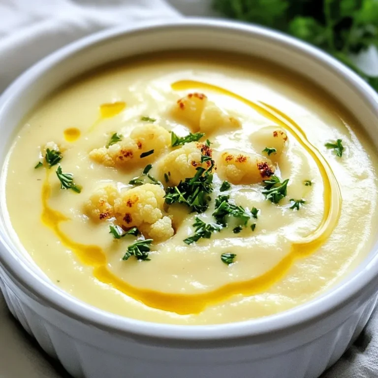 To make my Creamy Roasted Garlic Cauliflower Soup, you will need the following fresh ingredients: - Cauliflower - Garlic - Olive Oil - Onion - Vegetable Broth - Coconut Milk or Heavy Cream - Thyme - Salt and Pepper - Fresh Parsley Each ingredient plays a key role in building flavor. The cauliflower provides a creamy base when blended, while roasted garlic adds a sweet and nutty touch. Olive oil gives the soup richness, and onion adds a savory depth. Vegetable broth brings everything together with warmth, and coconut milk or heavy cream makes it truly luxurious. Don't forget the thyme and seasoning; they elevate the taste. Finally, fresh parsley adds a pop of color and a fresh finish. Choose quality ingredients for the best results. {{ingredient_image_1}} First, preheat your oven to 400°F (200°C). This step is key to roasting. A hot oven helps the cauliflower and garlic get tender and golden. Next, take a big baking sheet. Toss the chopped cauliflower and unpeeled garlic cloves in one tablespoon of olive oil. Spread them out in a single layer. Roast them for 25 to 30 minutes. Keep an eye on them. They should be soft and golden when done. The garlic will also be soft, making it easy to squeeze out of its skin. While the veggies roast, grab a large pot. Heat the remaining tablespoon of olive oil over medium heat. Add the chopped onion and sauté for about 5 minutes. You want the onion to become translucent. This adds a sweet flavor to your soup. Once the cauliflower and garlic are roasted, remove them from the oven. Carefully squeeze the roasted garlic out of its skins. Add the garlic and cauliflower to the pot with the onion. Pour in the vegetable broth. Add thyme, salt, and pepper. Bring this mixture to a boil. Then, lower the heat and let it simmer for about 10 minutes. This helps the flavors come together. Next, remove the pot from heat. Blend the soup until smooth. You can use an immersion blender or a regular blender. If you use a regular blender, blend in batches. After blending, stir in the coconut milk or heavy cream. Taste it and adjust the seasoning if needed. Heat the soup gently until it’s warm. Serve it hot in bowls. Garnish with chopped fresh parsley for a lovely touch. You can also drizzle a bit of extra coconut milk on top for a nice swirl. Enjoy! To make your soup taste better, add a squeeze of lemon juice. This brightens the flavor. You can also use fresh herbs like basil or chives. They add a nice touch. A sprinkle of smoked paprika gives a warm flavor. Try adding a pinch of cumin for an earthy taste. Taste as you go to find what you love. Roasting garlic brings out its sweet flavor. Keep the skins on while roasting. This protects the cloves from burning and keeps them soft. Use fresh garlic for the best result. Make sure to check for doneness at 25 minutes. The garlic should feel soft when you squeeze it. If it’s not soft, give it a few more minutes. If your soup is too thick, add more vegetable broth. Stir it in slowly until you reach your desired thickness. For a creamier texture, add more coconut milk or heavy cream. Blend the soup longer for a smoother finish. Always taste before serving to make sure it’s just right for you. Pro Tips Roast for Maximum Flavor: Roasting the garlic and cauliflower enhances their natural sweetness and adds depth to the soup. Don't skip this step! Adjust Creaminess: For a richer soup, opt for heavy cream instead of coconut milk. This will give a luxurious texture that complements the garlic beautifully. Use Fresh Herbs: If possible, use fresh thyme instead of dried for a more vibrant flavor. Fresh herbs can elevate the dish significantly. Perfect Consistency: If the soup is too thick, add more vegetable broth or coconut milk until you reach your desired consistency. {{image_2}} You can boost the nutrition of your soup by adding more veggies. Carrots, celery, or potatoes work well. Just chop them and add them to the pot with the cauliflower and garlic. They will cook nicely and add great flavor. You can also try adding spinach or kale right before blending. This will give your soup a nice green color and extra vitamins. You have choices for the cream in this soup. Coconut milk gives a lovely taste and keeps it vegan. If you want a richer flavor, use heavy cream. You can also try half-and-half or sour cream for a tangy twist. Each option will change the texture and taste a bit, so feel free to experiment. Want more flavor? Add spices like cumin or smoked paprika. A pinch of cayenne pepper can add heat if you like spice. Fresh herbs such as basil or chives can also brighten the soup. Just stir these in before blending for a fresh taste. You can really make this soup your own with easy additions. To keep your soup fresh, let it cool first. Pour it into an airtight container. Store it in the fridge for up to three days. If you want to keep it longer, consider freezing. When you're ready to enjoy your soup again, take it out of the fridge. Pour the soup into a pot and heat it on low. Stir often to avoid sticking. If it’s too thick, add a splash of broth or water. Heat until warm, about five to ten minutes. To freeze the soup, use a freezer-safe container. Leave some space at the top for expansion. It can stay fresh in the freezer for up to three months. When you want to eat it, let it thaw overnight in the fridge. Then, reheat it as I described before. Yes, you can easily make this soup vegan. Just swap heavy cream for coconut milk. Use vegetable broth to keep it plant-based. This soup already has great flavors from garlic and cauliflower. You won't miss the cream! You can add red pepper flakes for heat. Try a dash of cayenne pepper too. Both options give a kick without changing the taste. Adjust to your spice level. Start with a little and taste before adding more. This soup pairs well with crusty bread. A fresh salad adds a nice crunch. Grilled cheese sandwiches are also a great match. Consider serving with roasted veggies for extra flavor. The soup stays fresh in the fridge for about 4 days. Store it in an airtight container. When ready to eat, reheat on the stove or in the microwave. Just stir well before serving to mix the flavors. This blog provided a clear guide for making Creamy Roasted Garlic Cauliflower Soup. We covered the key ingredients, steps to prepare, and tips to boost flavor. You also learned variations and storage tips for leftovers. In my experience, a bowl of this soup brings warmth and joy. It is easy to customize and perfect for any occasion. Enjoy your cooking and the delicious results!
