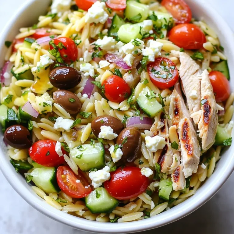 - 1 cup orzo pasta - 2 cups cooked chicken, shredded (grilled or rotisserie) - 1 medium cucumber, diced - 1 cup cherry tomatoes, halved - 1/2 cup Kalamata olives, pitted and sliced - 1/2 red onion, finely chopped - 1/2 cup feta cheese, crumbled - 1/4 cup fresh parsley, chopped - 1/4 cup olive oil - 2 tablespoons lemon juice - 1 teaspoon dried oregano - Salt and pepper to taste These ingredients give the salad a fresh taste and great texture. The orzo pasta serves as a base, soaking up all the flavors. The chicken adds protein, making it filling. Fresh vegetables like cucumber and tomatoes provide crunch and color. Feta cheese gives a creamy, tangy kick. - Additional vegetables or proteins - Herbs and spices Feel free to customize! You can add bell peppers or even chickpeas for more protein. Fresh herbs like dill or mint can brighten the salad too. - Mixing bowls - Whisk - Pot for cooking orzo - Measuring cups and spoons Having the right tools makes cooking easy. A good mixing bowl helps combine everything well. A whisk is perfect for mixing the dressing. A pot is needed for boiling the orzo, and measuring cups help keep your portions just right. {{ingredient_image_1}} To cook the orzo, start with a large pot of salted water. Bring it to a boil. Add the orzo pasta and cook it for about 8 to 10 minutes. You want it to be al dente, which means it should still have a little bite. Once done, drain the orzo in a colander. Rinse it under cold water to stop the cooking. This step helps keep the orzo from getting mushy. Next, we will make the dressing. Grab a small bowl. Add 1/4 cup of olive oil and 2 tablespoons of lemon juice. Then, sprinkle in 1 teaspoon of dried oregano, along with salt and pepper to taste. Whisk everything together until it blends nicely. This dressing adds a bright flavor to our salad. Now it’s time to mix all our ingredients. In a large bowl, add the cooked orzo. Then, toss in 2 cups of shredded chicken, 1 diced cucumber, and 1 cup of halved cherry tomatoes. Add 1/2 cup of sliced Kalamata olives, 1/2 chopped red onion, and 1/4 cup of fresh parsley. Finally, sprinkle in 1/2 cup of crumbled feta cheese. This mix brings together great colors and tastes. After mixing, let’s chill the salad. Cover the bowl and place it in the fridge for at least 30 minutes. This resting time is crucial. It allows the flavors to meld together, making every bite more delicious. You can serve it cold or at room temperature. Enjoy your Greek Orzo Chicken Salad! To cook orzo perfectly, start with a pot of salted water. Bring it to a boil before adding the orzo. Cook for 8 to 10 minutes, stirring occasionally. You want it al dente, which means it should be tender but still firm. Once it's done, drain it and rinse it under cold water. This stops the cooking process and keeps the orzo from getting mushy. To boost the salad's flavor, adjust the seasoning. I like to add more lemon juice for a tangy kick. If you prefer a saltier taste, add a bit more feta cheese or olives. For extra freshness, toss in more parsley. Taste as you go, and don’t be afraid to experiment until you find your perfect balance. When serving your salad, make it look appealing. Use a large, flat bowl to showcase the vibrant colors. Sprinkle extra feta and parsley on top for a pop. You can also add lemon wedges for a bright touch. Serve it chilled for a refreshing dish, perfect for summer meals or picnics. Pro Tips Tip Title: Use Fresh Ingredients: The fresher your vegetables and herbs, the better the flavor of your salad. Always opt for in-season produce for the best taste. Tip Title: Customize Your Protein: Feel free to switch out the chicken for other proteins like shrimp or chickpeas to suit your dietary preferences or to mix things up. Tip Title: Add a Crunch: For an extra layer of texture, consider adding toasted nuts or seeds. They will give your salad a delightful crunch. Tip Title: Make It Ahead: This salad keeps well in the fridge, making it perfect for meal prep. Just store the dressing separately until you're ready to serve to keep everything fresh. {{image_2}} You can swap chicken for other proteins. Shrimp works great in this salad. Just cook it quickly in a pan until pink. You can also use chickpeas for a vegetarian twist. They add protein and a nice texture. Tofu is another option if you want a vegan dish. Feel free to mix in seasonal vegetables. Bell peppers add color and crunch. Zucchini is a tasty addition, too. You can also try adding spinach or arugula for a fresh taste. Just use what you love or have on hand. This salad is flexible! You can change the dressing for new flavors. Try a yogurt-based dressing for creaminess. A balsamic vinaigrette can add a sweet tang. You could also mix in some garlic or fresh herbs for a kick. Let your taste guide you! To store leftovers, place the salad in an airtight container. Make sure to seal it well. This will help keep the salad fresh. Refrigerate immediately after serving. You can enjoy it within three days. Freezing is not ideal for the whole salad. The vegetables and feta might get mushy. If you want to freeze it, store the orzo and chicken separately. Prepare them in airtight bags or containers. You can freeze them for up to three months. Thaw in the fridge before using. When stored properly, Greek Orzo Chicken Salad stays fresh for about three days in the fridge. The orzo and chicken can last longer in the freezer. They will retain their best quality for up to three months. Always check for any off smells or changes in texture before eating. Yes, you can make this salad ahead of time. In fact, it tastes better after chilling. Prepare the salad and keep it in the fridge. Just cover it tightly with plastic wrap or a lid. I recommend making it a few hours before serving. This allows the flavors to mix well. However, keep the dressing separate if you want the salad extra fresh. Absolutely! Greek Orzo Chicken Salad is great for meal prep. You can portion it into containers for easy grab-and-go lunches. Each container can hold a single serving, making it simple to stay on track with meals. Make sure to store it in the fridge. It stays fresh for up to three days. If you can't find orzo, don't worry! You can use other grains or pasta. Some good options are quinoa, farro, or couscous. For a gluten-free choice, try rice or gluten-free pasta. Each option brings a unique taste and texture. Just cook according to the package instructions. This will ensure your salad remains delicious and enjoyable. You now have a complete guide to making a delicious Greek Orzo Chicken Salad. You learned about the main ingredients, cooking methods, and useful tips. This recipe is flexible; feel free to swap proteins, vegetables, or dressings. Proper storage keeps your salad fresh for longer. Overall, this dish is easy to prepare and packed with flavor. Enjoy making it your own!