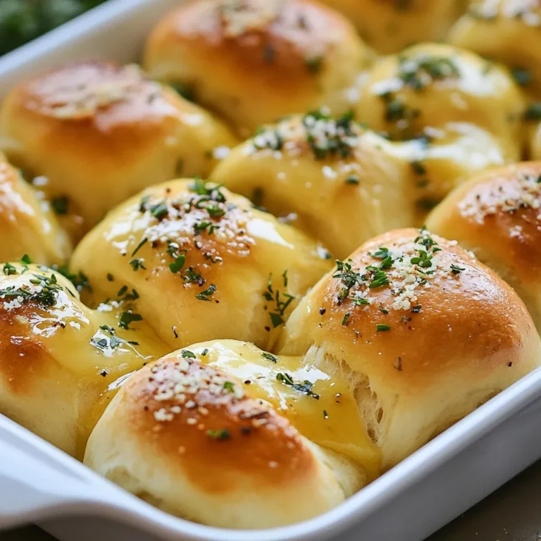 To make Garlic Herb Pull Apart Rolls, you need these main ingredients: - 3 cups all-purpose flour - 1 packet (2 ¼ tsp) active dry yeast - 1 teaspoon sugar - 1 teaspoon salt - 1 cup warm milk (110°F/45°C) - ¼ cup unsalted butter, melted - 2 tablespoons olive oil - 4 cloves garlic, minced - 1 tablespoon fresh rosemary, chopped - 1 tablespoon fresh thyme, chopped - 2 tablespoons fresh parsley, chopped - ½ teaspoon black pepper - 1 tablespoon melted butter (for brushing) These ingredients create soft, flavorful rolls that pull apart easily. You will need a few simple tools to make these rolls: - Mixing bowls - Whisk - Measuring cups and spoons - Baking dish - Clean cloth - Rolling pin - Oven Having the right tools makes the process smoother and more fun. If you want to change things up, you can substitute some ingredients. Here are a few ideas: - Use whole wheat flour instead of all-purpose flour for a healthier option. - Coconut milk or almond milk can replace regular milk. - Use garlic powder if you don’t have fresh garlic. - Other herbs like oregano or basil can replace rosemary, thyme, or parsley. - You can use margarine instead of butter if you need a dairy-free option. These swaps can help you customize the rolls to your taste. Enjoy experimenting! {{ingredient_image_1}} Start by mixing warm milk, sugar, and yeast in a small bowl. Use around 110°F (45°C) for the milk. Let it sit for 5 to 10 minutes. You want it to become frothy. This shows the yeast is active. If it does not foam, the yeast may be old. In a large mixing bowl, combine 3 cups of flour and 1 teaspoon of salt. Make a well in the center. Pour in your frothy yeast mixture along with ¼ cup of melted butter and 2 tablespoons of olive oil. Mix it all together until a soft dough forms. Knead the dough on a lightly floured surface for about 8 to 10 minutes. You want it smooth and elastic. Once you have your dough, place it in a greased bowl. Cover it with a clean cloth. Let it rise in a warm spot for about 1 hour until it doubles in size. After the dough has risen, preheat your oven to 375°F (190°C). Punch down the dough to release air. Divide it into 12 equal pieces and roll each into a ball. Now, in a small bowl, mix 4 minced garlic cloves, 1 tablespoon of chopped rosemary, 1 tablespoon of chopped thyme, 2 tablespoons of chopped parsley, and ½ teaspoon of black pepper. Dip each dough ball into this herb mix. Make sure they are well-coated. Arrange the coated balls in a greased baking dish, clustering them together. Cover the dish with a cloth again. Let them rise for another 30 minutes. Brush the tops with melted butter before baking. Bake for 20 to 25 minutes until they turn golden brown. Remove them from the oven and brush with more melted butter if you like. Serve them warm for a delightful treat! To ensure your dough rises well, use warm milk. The milk should be around 110°F (45°C). This heat wakes up the yeast. Mix the warm milk with sugar and yeast. Let it sit until frothy. This may take about 5-10 minutes. If the yeast doesn’t bubble, it’s not active. You may need fresh yeast. Place the dough in a warm spot. Cover it with a cloth to keep it warm and cozy. For a golden crust, watch the baking time. Bake at 375°F (190°C) for 20-25 minutes. Check for a rich, golden color. Brush the tops with melted butter before baking. This adds flavor and helps with browning. If the rolls brown too fast, cover them with foil. This helps cook the inside without burning the top. One mistake is not kneading the dough enough. Knead for about 8-10 minutes until it’s smooth. Another mistake is skipping the second rise. Letting the dough rise again helps it become fluffy. Don't pack the dough balls too tightly in the baking dish. They need space to expand. Lastly, avoid opening the oven door too often. This lets the heat out and can cause uneven baking. Pro Tips Proof Your Yeast: Always check that your yeast is active by letting it sit in warm milk with sugar until frothy. If it doesn't foam, your yeast may be dead, and you should replace it. Knead for Texture: Knead the dough until it is smooth and elastic to ensure your rolls have the perfect texture. This usually takes about 8-10 minutes. Herb Variations: Feel free to experiment with different herbs like basil or oregano for unique flavors. Just make sure they are fresh for the best taste. Storage Tips: Store leftover rolls in an airtight container at room temperature for up to two days. Reheat in the oven for a few minutes to regain their freshness. {{image_2}} You can easily change the herbs in these rolls. Try using basil for a sweet flavor. Oregano adds a nice Italian touch. For a bold taste, use sage or dill. Mix and match herbs to suit your taste. Just remember to keep the garlic. It adds a lovely kick that everyone loves. If you love cheese, this is for you. Add mozzarella or cheddar to the dough. After rolling the dough balls, place a small piece of cheese inside each. This way, you get a cheesy surprise when you pull a roll apart. Brush with garlic butter before baking for extra flavor. For a sweet twist, swap garlic for cinnamon. Use brown sugar instead of salt. Add raisins or chopped nuts for texture. Brush the rolls with melted butter and sprinkle with sugar. These sweet rolls make a great breakfast or dessert. Enjoy them warm with a hot drink. To keep your leftover Garlic Herb Pull Apart Rolls fresh, place them in an airtight container. This will help them stay soft. You can also wrap them in plastic wrap. They will last for up to three days at room temperature. If you want to keep them longer, consider freezing them. To freeze your rolls, first let them cool completely. Then, wrap each roll in plastic wrap. Next, place the wrapped rolls in a freezer-safe bag or container. Label it with the date. They can stay in the freezer for up to three months. When you're ready to eat, just thaw them in the fridge overnight. To reheat your rolls, you can use an oven or microwave. For the oven, preheat it to 350°F (175°C). Place the rolls on a baking sheet and cover them with aluminum foil. Bake for about 10-15 minutes until warm. In the microwave, heat them for about 15 seconds each. Just be careful not to overheat, as they can get tough. Enjoy your rolls warm and soft! Yes, you can make these rolls ahead of time. Prepare the dough and let it rise. After the first rise, you can shape the rolls and place them in the baking dish. Cover and refrigerate overnight. Before baking, let them sit at room temperature for about 30 minutes. This will help them rise again and get fluffy. Garlic Herb Pull Apart Rolls pair well with many dishes. You can serve them with soups, stews, or salads. They also go great with pasta or roasted meats. For a fun twist, try them with a cheese dip or marinara sauce. These rolls are versatile and can fit any meal. To check if the rolls are done, look for a golden brown color. They should feel firm to the touch. You can also tap the bottom of the pan; it should sound hollow. If you have a kitchen thermometer, the inside temperature should be around 190°F (88°C). This ensures they are fully cooked and safe to eat. Garlic Herb Pull Apart Rolls are tasty and fun to make. You learned about the key ingredients, the right equipment, and how to shape the dough. We discussed helpful tips to ensure your rolls turn out perfect. You can explore fun variations like cheesy or sweet rolls. Plus, I covered storage ideas to keep your rolls fresh. Enjoy baking these rolls to impress your friends and family. Happy baking!