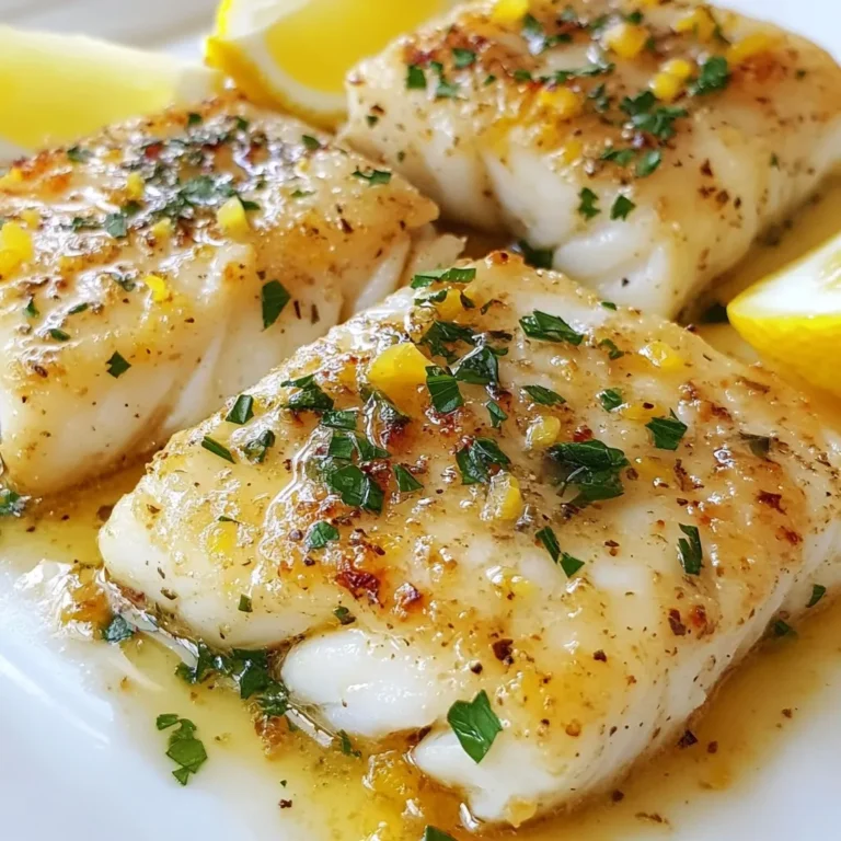 - 4 cod fillets (about 6 oz each) - 4 tablespoons unsalted butter - 4 cloves garlic, minced - Juice of 1 large lemon - Zest of 1 lemon - 1 teaspoon dried thyme - 1 teaspoon paprika - Salt and pepper to taste - Fresh parsley, chopped (for garnish) - Lemon wedges (for serving) To make Garlic Lemon Butter Cod, you need just a few fresh items. Start with cod fillets. They should weigh about six ounces each. The fish is mild and flaky, perfect for this dish. Next, grab some unsalted butter. It gives the cod a rich flavor. You will also need four cloves of garlic, minced fine. Garlic adds a punch we all love. For brightness, use the juice and zest of one large lemon. The zest gives a nice, strong lemon flavor. You will also need dried thyme and paprika. They add warmth and depth to the dish. Don’t forget salt and pepper! They bring all the flavors together. For a pretty finish, use fresh parsley to garnish. And keep lemon wedges nearby for serving. They add a fresh kick right on your plate. With these ingredients, you can create a dish that is both simple and delicious. It’s a quick way to impress your family or friends! {{ingredient_image_1}} First, get your cod fillets ready. Rinse them under cold water and pat them dry with a paper towel. This step helps to remove any excess moisture. Next, measure out all your seasonings. You will need salt, pepper, thyme, and paprika. It’s key to have everything ready before you cook. Now, let’s melt the butter and prepare the garlic. In a small saucepan, add the butter over medium heat. Once it melts, add the minced garlic. Stir it for 1-2 minutes until you smell the garlic. Be careful not to let it burn; we want it fragrant, not bitter. After that, add the lemon juice, lemon zest, thyme, salt, and pepper. Stir it well and set it aside. Now it’s time to bake the cod. Preheat your oven to 400°F (200°C). While it heats up, grab a baking dish and place the cod fillets inside. Pour the garlic lemon butter mixture over them. Make sure each fillet is coated well. This is where the flavor comes from! Bake the cod in the oven for 12-15 minutes. You will know it’s done when it flakes easily with a fork and looks opaque. After baking, take the cod out and let it rest for a couple of minutes. This helps keep it moist. While it rests, chop some fresh parsley for garnish. When ready to serve, sprinkle the parsley over the cod. For an extra zing, add lemon wedges on the side. This adds a fresh burst of flavor that pairs perfectly with the dish. Enjoy your Garlic Lemon Butter Cod! To cook cod properly, check for its flakiness. Cod is done when it flakes easily with a fork. The fish should look opaque and feel tender. If undercooked, it becomes tough. So, bake at 400°F for about 12 to 15 minutes. For the best flavor, balance the garlic and lemon. Use fresh garlic for a bright taste. Sauté it gently to avoid burning. Add lemon juice and zest right after cooking the garlic. This keeps the lemon fresh and zesty. Thyme and paprika add depth, so don’t skip them. A good baking dish is key. I recommend a glass or ceramic dish. It holds heat well and helps the cod cook evenly. Make sure it’s large enough for all fillets without crowding. For prep, use a cutting board and a sharp knife. A zester makes getting lemon zest easy. A small saucepan is perfect for melting butter and garlic. Having a fork ready helps check the cod for flakiness. Pro Tips Choose Fresh Cod: Fresh cod will make all the difference in flavor and texture. Look for fillets that are firm and have a mild smell. Don't Overcook: Cod cooks quickly; keep an eye on it to prevent it from drying out. It should flake easily with a fork when done. Customize the Herbs: Feel free to experiment with different herbs like dill or basil for a unique twist on the classic flavor profile. Serve Immediately: For the best experience, serve the cod right out of the oven with freshly squeezed lemon juice to enhance the flavors. {{image_2}} You can change up the herbs and spices in this recipe. Instead of thyme, try dill or basil. These herbs add a fresh twist. For spices, consider using garlic powder or onion powder. They both bring a nice flavor without being too strong. You can also swap the cod for other fish or seafood. Salmon works well and adds a richer taste. If you want something different, try shrimp or scallops. Both cook quickly and soak up the lemon butter flavor. While baking is easy, you can also pan-sear the cod. Heat oil in a skillet over medium-high heat. Cook the cod for about 3-4 minutes on each side. This method gives the fish a nice brown crust. Grilling is another great option. It adds a smoky flavor that pairs well with lemon. Preheat your grill to medium heat and oil the grates. Cook the cod for about 4-5 minutes per side. Just be careful not to overcook it. To keep your Garlic Lemon Butter Cod fresh, store any leftovers right away. Place the cod in an airtight container. This helps keep it moist and tasty. Make sure to put it in the fridge within two hours of cooking. Cod is best when it’s fresh, but it will last for up to two days in the fridge. For storage, I recommend using glass or plastic containers with tight-fitting lids. These containers help prevent spills and keep odors away. If you want to store the cod for longer, you can freeze it. Just wrap it tightly in plastic wrap and then place it in a freezer bag. It can last up to three months in the freezer. When you are ready to enjoy the cod again, reheating is key. The best way to reheat cod is in the oven. Preheat the oven to 350°F (175°C). Place the cod on a baking sheet and cover it with foil to keep it moist. Heat for about 10-15 minutes or until warm throughout. You can also use a microwave, but be careful. Heat it in short bursts to avoid overcooking. This way, you maintain the flavor and texture. For added flavor, you can drizzle a little olive oil or squeeze fresh lemon juice on top before reheating. Enjoy your delicious leftovers! I love serving Garlic Lemon Butter Cod with light and fresh sides. Here are some great options: - Steamed asparagus - Roasted broccoli - Garlic mashed potatoes - Lemon quinoa salad - Mixed greens with vinaigrette These sides bring out the cod's flavor and make a colorful plate. Cod is ready when it flakes easily with a fork. It should also look opaque throughout. You can check the thickest part of the fillet to be sure. If it’s still translucent, it needs more time. Yes, you can use frozen cod. Just thaw it in the fridge overnight. If you’re in a hurry, you can thaw it under cold running water. Make sure to pat it dry before cooking. This helps the garlic lemon butter stick better. This post covered how to make delicious garlic lemon butter cod. We discussed the key ingredients, step-by-step cooking instructions, and helpful tips to ensure great flavor. You also learned about variations for personalizing your dish and best practices for storing leftovers. Remember, cooking should be fun and rewarding. Enjoy every bite of your meal. Try experimenting with different herbs or seafood. Your kitchen is your canvas!