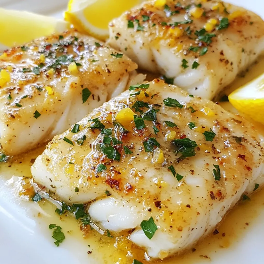 - 4 cod fillets (about 6 oz each) - 4 tablespoons unsalted butter - 4 cloves garlic, minced - Juice of 1 large lemon - Zest of 1 lemon - 1 teaspoon dried thyme - 1 teaspoon paprika - Salt and pepper to taste - Fresh parsley, chopped (for garnish) - Lemon wedges (for serving) To make Garlic Lemon Butter Cod, you need just a few fresh items. Start with cod fillets. They should weigh about six ounces each. The fish is mild and flaky, perfect for this dish. Next, grab some unsalted butter. It gives the cod a rich flavor. You will also need four cloves of garlic, minced fine. Garlic adds a punch we all love. For brightness, use the juice and zest of one large lemon. The zest gives a nice, strong lemon flavor. You will also need dried thyme and paprika. They add warmth and depth to the dish. Don’t forget salt and pepper! They bring all the flavors together. For a pretty finish, use fresh parsley to garnish. And keep lemon wedges nearby for serving. They add a fresh kick right on your plate. With these ingredients, you can create a dish that is both simple and delicious. It’s a quick way to impress your family or friends! {{ingredient_image_1}} First, get your cod fillets ready. Rinse them under cold water and pat them dry with a paper towel. This step helps to remove any excess moisture. Next, measure out all your seasonings. You will need salt, pepper, thyme, and paprika. It’s key to have everything ready before you cook. Now, let’s melt the butter and prepare the garlic. In a small saucepan, add the butter over medium heat. Once it melts, add the minced garlic. Stir it for 1-2 minutes until you smell the garlic. Be careful not to let it burn; we want it fragrant, not bitter. After that, add the lemon juice, lemon zest, thyme, salt, and pepper. Stir it well and set it aside. Now it’s time to bake the cod. Preheat your oven to 400°F (200°C). While it heats up, grab a baking dish and place the cod fillets inside. Pour the garlic lemon butter mixture over them. Make sure each fillet is coated well. This is where the flavor comes from! Bake the cod in the oven for 12-15 minutes. You will know it’s done when it flakes easily with a fork and looks opaque. After baking, take the cod out and let it rest for a couple of minutes. This helps keep it moist. While it rests, chop some fresh parsley for garnish. When ready to serve, sprinkle the parsley over the cod. For an extra zing, add lemon wedges on the side. This adds a fresh burst of flavor that pairs perfectly with the dish. Enjoy your Garlic Lemon Butter Cod! To cook cod properly, check for its flakiness. Cod is done when it flakes easily with a fork. The fish should look opaque and feel tender. If undercooked, it becomes tough. So, bake at 400°F for about 12 to 15 minutes. For the best flavor, balance the garlic and lemon. Use fresh garlic for a bright taste. Sauté it gently to avoid burning. Add lemon juice and zest right after cooking the garlic. This keeps the lemon fresh and zesty. Thyme and paprika add depth, so don’t skip them. A good baking dish is key. I recommend a glass or ceramic dish. It holds heat well and helps the cod cook evenly. Make sure it’s large enough for all fillets without crowding. For prep, use a cutting board and a sharp knife. A zester makes getting lemon zest easy. A small saucepan is perfect for melting butter and garlic. Having a fork ready helps check the cod for flakiness. Pro Tips Choose Fresh Cod: Fresh cod will make all the difference in flavor and texture. Look for fillets that are firm and have a mild smell. Don't Overcook: Cod cooks quickly; keep an eye on it to prevent it from drying out. It should flake easily with a fork when done. Customize the Herbs: Feel free to experiment with different herbs like dill or basil for a unique twist on the classic flavor profile. Serve Immediately: For the best experience, serve the cod right out of the oven with freshly squeezed lemon juice to enhance the flavors. {{image_2}} You can change up the herbs and spices in this recipe. Instead of thyme, try dill or basil. These herbs add a fresh twist. For spices, consider using garlic powder or onion powder. They both bring a nice flavor without being too strong. You can also swap the cod for other fish or seafood. Salmon works well and adds a richer taste. If you want something different, try shrimp or scallops. Both cook quickly and soak up the lemon butter flavor. While baking is easy, you can also pan-sear the cod. Heat oil in a skillet over medium-high heat. Cook the cod for about 3-4 minutes on each side. This method gives the fish a nice brown crust. Grilling is another great option. It adds a smoky flavor that pairs well with lemon. Preheat your grill to medium heat and oil the grates. Cook the cod for about 4-5 minutes per side. Just be careful not to overcook it. To keep your Garlic Lemon Butter Cod fresh, store any leftovers right away. Place the cod in an airtight container. This helps keep it moist and tasty. Make sure to put it in the fridge within two hours of cooking. Cod is best when it’s fresh, but it will last for up to two days in the fridge. For storage, I recommend using glass or plastic containers with tight-fitting lids. These containers help prevent spills and keep odors away. If you want to store the cod for longer, you can freeze it. Just wrap it tightly in plastic wrap and then place it in a freezer bag. It can last up to three months in the freezer. When you are ready to enjoy the cod again, reheating is key. The best way to reheat cod is in the oven. Preheat the oven to 350°F (175°C). Place the cod on a baking sheet and cover it with foil to keep it moist. Heat for about 10-15 minutes or until warm throughout. You can also use a microwave, but be careful. Heat it in short bursts to avoid overcooking. This way, you maintain the flavor and texture. For added flavor, you can drizzle a little olive oil or squeeze fresh lemon juice on top before reheating. Enjoy your delicious leftovers! I love serving Garlic Lemon Butter Cod with light and fresh sides. Here are some great options: - Steamed asparagus - Roasted broccoli - Garlic mashed potatoes - Lemon quinoa salad - Mixed greens with vinaigrette These sides bring out the cod's flavor and make a colorful plate. Cod is ready when it flakes easily with a fork. It should also look opaque throughout. You can check the thickest part of the fillet to be sure. If it’s still translucent, it needs more time. Yes, you can use frozen cod. Just thaw it in the fridge overnight. If you’re in a hurry, you can thaw it under cold running water. Make sure to pat it dry before cooking. This helps the garlic lemon butter stick better. This post covered how to make delicious garlic lemon butter cod. We discussed the key ingredients, step-by-step cooking instructions, and helpful tips to ensure great flavor. You also learned about variations for personalizing your dish and best practices for storing leftovers. Remember, cooking should be fun and rewarding. Enjoy every bite of your meal. Try experimenting with different herbs or seafood. Your kitchen is your canvas!