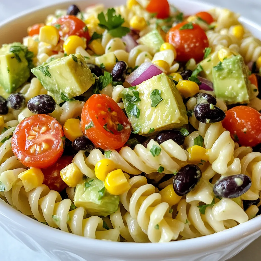 To make Avocado Ranch Pasta Salad, you will need the following ingredients: - 8 oz fusilli pasta - 2 ripe avocados, diced - 1 cup cherry tomatoes, halved - 1 cup corn kernels (fresh or canned) - 1 cup black beans, drained and rinsed - 1/2 cup red onion, finely chopped - 1/4 cup fresh cilantro, chopped - 1/2 cup ranch dressing (store-bought or homemade) - 1 tablespoon lime juice - Salt and pepper to taste - 1/2 tsp garlic powder Using fresh ingredients gives your pasta salad a vibrant taste. Fresh avocados, tomatoes, and corn bring life to the dish. Canned corn works fine in a pinch, but fresh corn adds sweetness and crunch. I often choose fresh ingredients whenever possible. They make the salad taste bright and lively. However, canned black beans save time and still taste great. Choosing the right avocado makes a big difference. Look for avocados that feel slightly soft when you squeeze them. They should not be too mushy. If they are firm, they may need a few days to ripen. You can speed this up by placing them in a brown paper bag. This helps trap the ethylene gas that ripens the fruit. Always check for dark spots or blemishes. A good avocado should have smooth skin without marks. Enjoying creamy, ripe avocados makes your pasta salad even better! {{ingredient_image_1}} To begin, I fill a large pot with water and add a pinch of salt. I bring the water to a boil, then add 8 oz of fusilli pasta. I cook it according to the package instructions until it is al dente. This usually takes about 8-10 minutes. Once cooked, I drain the pasta and rinse it under cold water. This stops the cooking and cools it down. Next, I take a small bowl and combine 1/2 cup of ranch dressing with 1 tablespoon of lime juice. I add 1/2 teaspoon of garlic powder, along with a pinch of salt and pepper. I mix everything well and set it aside. This dressing will give the salad a creamy and zesty flavor. In a large mixing bowl, I add the cooled fusilli pasta. Then, I dice 2 ripe avocados and add them in. I also toss in 1 cup of halved cherry tomatoes, 1 cup of corn kernels, and 1 cup of drained black beans. I finely chop 1/2 cup of red onion and add that too, along with 1/4 cup of chopped fresh cilantro. I pour the prepared dressing over everything and gently toss it all together. I want to make sure every ingredient gets coated. After mixing, I take a moment to taste the salad. If it needs more flavor, I can add more salt, pepper, or lime juice. It’s important to adjust the seasoning to fit my taste. Once it’s just right, I cover the salad and refrigerate it for at least 30 minutes. This helps the flavors blend. To cook pasta well, start with a big pot. Fill it with water and add salt. The water should taste like the sea. Bring the water to a full boil before adding the fusilli pasta. Stir the pasta right away to keep it from sticking. Cook it until it's al dente, which means it should be firm but not hard. After cooking, drain the pasta and rinse it under cold water. This stops the cooking and cools it down quickly. If you have extra Avocado Ranch Pasta Salad, store it in an airtight container. This keeps it fresh longer. Put it in the fridge where it can last for about three days. If the salad looks dry after a day, add a splash of ranch dressing. This helps keep the flavors bright and tasty. Avoid freezing the salad, as the avocados will turn mushy when thawed. To turn this salad into a full meal, add protein sources. Grilled chicken or shrimp works great. Canned tuna or chickpeas are also good options. Toss in about one cup of your choice. This adds more flavor and makes the dish heartier. If you want to keep it light, try adding some sliced hard-boiled eggs. They are easy to prepare and add a nice touch. Pro Tips Choose Ripe Avocados: Make sure your avocados are perfectly ripe for the best creamy texture and flavor. They should yield slightly to gentle pressure when squeezed. Customize the Dressing: Feel free to enhance the ranch dressing with additional spices or herbs like dill or onion powder for a more personalized flavor. Fresh Ingredients Matter: Use fresh corn and ripe tomatoes for maximum flavor. If using canned corn, rinse it well to remove excess sodium. Adjust to Taste: Always taste the salad before serving. Adjust the seasoning with more lime juice, salt, or pepper to suit your palate. {{image_2}} You can easily make avocado ranch pasta salad to fit your diet. To make it vegan, switch the ranch dressing for a plant-based version. Many stores sell vegan ranch, or you can make it at home using cashews and herbs. For a gluten-free option, choose gluten-free fusilli pasta. These simple swaps keep the salad tasty and enjoyable for everyone. If you like spice, add diced jalapeños or a splash of hot sauce. This kick will wake up the flavors. For a herbed twist, mix in fresh herbs like dill or parsley. These herbs add freshness and depth. You can also try adding a sprinkle of smoked paprika for a smoky flavor. While fusilli is great, you can use other pasta types too. Penne or rotini works well, and they hold the dressing nicely. If you want something lighter, try using whole wheat or chickpea pasta. These options add more fiber and protein, making your salad even better. Experiment with your favorite pasta shapes to keep it exciting! To keep your Avocado Ranch Pasta Salad fresh, store it in an airtight container. Make sure the lid seals tightly. This helps to keep out air and moisture. Place the container in the fridge. The salad will stay fresh for about three days. If you notice the avocados browning, you can squeeze a little lime juice on top. This will help keep them green longer. Freezing this pasta salad is not the best idea. The avocados will turn mushy when thawed. However, you can freeze the pasta and veggies separately. Cook the pasta and let it cool. Then, place it in a freezer bag. For the veggies, chop and store them in another bag. When you are ready to eat, thaw them in the fridge. Mix them with fresh dressing and avocados. To enjoy the best flavor, eat the salad within three days. After that, the taste may change. If you see any signs of spoilage, like bad smells or changes in color, it's best to throw it away. For the best experience, always prepare the dressing fresh. This will add extra zing to your dish. Yes, you can! If you want to switch things up, try using a creamy Italian or a yogurt-based dressing. These options add a unique taste. You can also use vinaigrette for a lighter flavor. Just remember that the main goal is to keep it fresh and tasty. Making homemade ranch dressing is simple! Here’s a quick recipe you can try: - 1/2 cup mayonnaise - 1/2 cup sour cream - 1/2 cup buttermilk - 1 teaspoon garlic powder - 1 teaspoon dried dill - 1 teaspoon onion powder - Salt and pepper to taste Combine all the ingredients in a bowl. Mix well until smooth. Adjust the seasoning to your liking. This dressing pairs perfectly with the Avocado Ranch Pasta Salad. Avocado Ranch Pasta Salad is great on its own! Yet, if you want to add more to your meal, consider serving it with grilled chicken or shrimp. You can also pair it with crusty bread or a green salad for balance. Enjoying it at a picnic or a barbecue makes it even better! This blog post covered how to make a tasty Avocado Ranch Pasta Salad. We looked at key ingredients, cooking steps, and smart tips. You learned about fresh versus canned options and how to pick ripe avocados. In the end, feel free to tweak the recipe to fit your taste. Try new pasta types or add protein for more flavor. Enjoy your cooking and the fresh tastes of this easy dish!